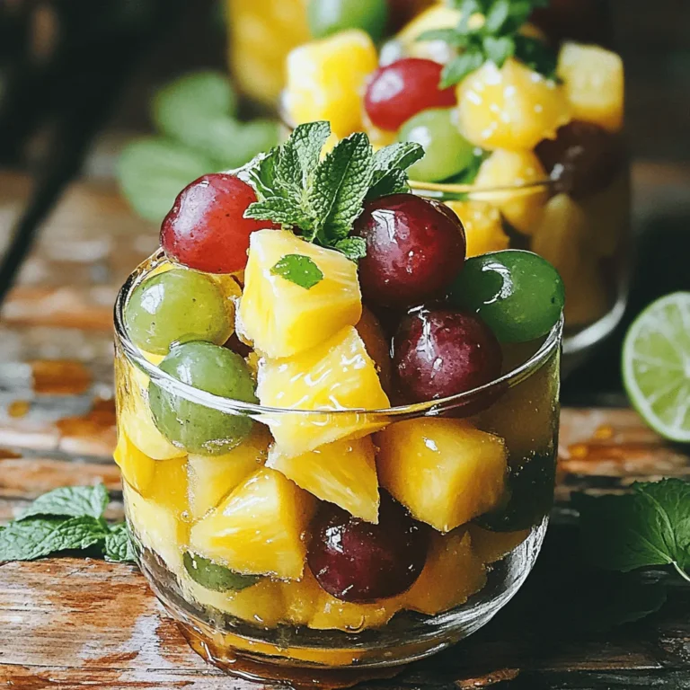 Here’s what you need for this tasty frozen snack: - 2 cups of seedless grapes (red or green) - 2 cups of fresh pineapple chunks - 1 tablespoon of honey (optional) - 1 teaspoon of lime juice - 1/2 teaspoon of fresh mint, finely chopped (for garnish) Each ingredient plays a vital role. The grapes provide a sweet crunch. The pineapple adds a juicy, tangy flavor. Honey gives extra sweetness if you like. Lime juice brightens the taste and makes it fresh. Mint adds a nice touch at the end. Gather these items, and you're ready to make a refreshing treat! - Step 1: Rinse grapes and pat dry. Use cool water to clean them well. This step removes dirt and makes them fresh. - Step 2: Combine grapes and pineapple in a bowl. Use two cups of grapes and two cups of pineapple. Mix them gently to keep the fruit intact. - Step 3: Drizzle honey and sprinkle lime juice. This adds sweetness and a zesty flavor. If you want a touch of sweetness, use one tablespoon of honey. - Step 4: Toss fruits and align on a baking sheet. Spread the mix evenly on parchment paper. This way, they freeze well. - Step 5: Freeze for 2-3 hours. Make sure the fruits freeze solid. This gives you that cool, refreshing treat. - Step 6: Let sit at room temperature before serving. This helps them soften slightly for easier eating. Enjoy your frozen grapes and pineapple! To boost the taste of your frozen grapes and pineapple, think about adding spices. A pinch of cinnamon or a dash of nutmeg can add warmth. You might also try mixing in other fruits like berries or mango. These fruits pair well and add more color. Sweeteners can change the flavor too. If honey isn't your choice, try agave syrup or maple syrup. Each sweetener brings a unique taste. You can even skip sweeteners if you want a fresh and natural flavor. Enjoy your frozen snack straight from the freezer. It’s a great treat on a hot day! For a fun twist, blend the frozen fruits into a smoothie. You can also serve them in a bowl with yogurt or granola for a light dessert. Pair your snack with drinks like lemonade or iced tea. These beverages match well with the fruity flavors. A splash of sparkling water can make it even more refreshing! {{image_2}} You can mix things up with other fruits. Try using berries like strawberries or blueberries. They freeze well and add great flavor. Mango is another fun choice. Its sweetness pairs nicely with grapes and pineapple. You could even use kiwi for a tart twist. The options are endless, so feel free to get creative! If you want a sweeter snack, add more honey. A little goes a long way, so start small. You can also use natural sweeteners like agave or maple syrup. If you prefer less sweetness, skip the honey entirely. The fruits have their own natural sugars. This way, you can enjoy a healthier treat without losing flavor. Garnishes can make your snack even better. Shredded coconut adds a tropical touch. Chia seeds offer a nice crunch and boost nutrition. You can also sprinkle some nuts on top for extra texture. Almonds or walnuts work well here. These little additions can elevate your frozen treat and make it more fun to eat! To keep your frozen grapes and pineapple fresh, follow these steps: - Use a clean baking sheet lined with parchment paper. - Spread the fruit in a single layer to freeze evenly. - Once frozen, transfer the fruit to an airtight container or a zip-top bag. - Remove as much air as possible to prevent freezer burn. - Label the container with the date for easy tracking. These tips help maintain the best taste and texture. You can keep frozen grapes and pineapple in the freezer for about 3 to 6 months. After that, their flavor may fade. For the best taste, enjoy them within this time frame. Always check for ice crystals or off smells. If you notice these signs, it’s best to toss them out. How to make a larger batch of the Frozen Grapes & Pineapple Delight? To make a bigger batch, just double or triple the recipe. Use 4 cups of grapes and 4 cups of pineapple chunks. You can keep the same amounts of honey and lime juice. Spread the fruit evenly on a larger baking sheet to freeze. What are the nutritional benefits of frozen grapes and pineapple? Frozen grapes and pineapple are packed with vitamins. Grapes provide antioxidants and vitamin C. Pineapple is rich in fiber and bromelain, which helps digestion. Both fruits are low in calories and great for hydration. Can I use canned pineapple instead of fresh? Yes, you can use canned pineapple. Make sure to choose the one in juice or water, not syrup. Drain and rinse it well before adding. Fresh fruit has a better texture after freezing, but canned works too. Is it safe to eat frozen grapes and pineapple? Yes, it is safe to eat frozen grapes and pineapple. Freezing helps keep the fruits fresh. Just make sure to wash them well before freezing. They can be enjoyed straight from the freezer. Can this snack be made in advance for parties? Absolutely! You can make this snack a day or two before your party. Just freeze it and keep it in an airtight container. Take it out shortly before serving for a cool treat. What can I do if the fruits freeze together? If the fruits freeze together, let them sit for a few minutes at room temperature. This will help them separate. You can also use a fork to gently pry them apart. Enjoy them once they loosen up! This blog post gave you a clear plan to make delicious Frozen Grapes & Pineapple Delight. You learned the key ingredients, simple steps, and fun tips to customize your snack. Mixing fruits can lead to new tastes, and adjusting sweetness is easy. Proper storage keeps your treats fresh longer. Remember, you can enjoy these fruity bites at any time. Now, grab your grapes and pineapple and make this tasty, healthy snack today!
