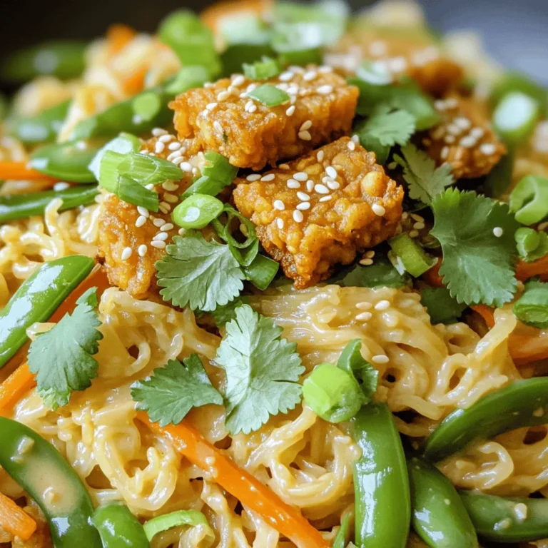 - 8 oz. rice noodles - 1 block (8 oz.) tempeh, diced - 1/4 cup creamy peanut butter - 3 tablespoons soy sauce - 2 tablespoons sesame oil - 1 tablespoon maple syrup - 1 tablespoon rice vinegar - 1 teaspoon sriracha (optional) - 1 cup snap peas, trimmed - 1 carrot, julienned - 2 green onions, chopped In this dish, rice noodles serve as a delightful base. They soak up the sauce well. Tempeh provides a protein boost and adds a nice crunch. I love using creamy peanut butter for its rich flavor. The sauce blends soy sauce, sesame oil, maple syrup, and rice vinegar. This mix creates a sweet and savory taste. I often add sriracha for a little kick. Snap peas and carrots bring color and crunch. Chopped green onions add a fresh finish. With these simple ingredients, you can make a tasty meal fast. Each part works together for a balanced dish. You can enjoy it as is or customize it with your favorite veggies! First, you need to prepare the rice noodles. Boil water in a pot. Add 8 oz. of rice noodles to the pot. Cook them following the package instructions until they are al dente. This usually takes about 4-6 minutes. Once they are done, drain the noodles in a colander and set them aside. Next, let’s make the peanut sauce. In a bowl, whisk together these ingredients until smooth: - 1/4 cup creamy peanut butter - 3 tablespoons soy sauce - 2 tablespoons sesame oil - 1 tablespoon maple syrup - 1 tablespoon rice vinegar - 1 teaspoon sriracha (optional) Once you have a smooth mixture, set the sauce aside for later. Now, you will cook the tempeh. Heat a splash of sesame oil in a large skillet over medium-high heat. Add 8 oz. of diced tempeh to the skillet. Sauté it for about 5-7 minutes. You want it to be golden brown and crispy on all sides. Once it reaches that crispiness, remove it from the skillet and set it aside. In the same skillet, add the vegetables. Toss in 1 cup of snap peas and 1 julienned carrot. Stir-fry them for about 3-4 minutes. You want them to be bright in color and slightly tender. After the veggies are ready, it’s time to combine everything. Add the cooked noodles back into the skillet. Drizzle the peanut sauce over the noodles and vegetables. Toss everything gently to mix well. Finally, divide the noodles into bowls. Top each bowl with the crispy tempeh. Garnish with chopped green onions, sesame seeds, and fresh cilantro. Enjoy your Minute Peanut Noodles with Crispy Tempeh! How can you adjust the spice level with sriracha? Start with a small amount. This will let you control the heat. Add more if you want a stronger kick. Taste as you go. What if you want to substitute peanut butter? You can use almond butter or sunflower seed butter. These options still provide a creamy texture. They also add unique flavors to your dish. What are the best practices for crispiness? First, make sure to press the tempeh. This removes extra moisture. Next, cook it in hot oil. Sauté until it turns golden brown on all sides. What alternate cooking methods can you use? You can bake or air-fry tempeh. For baking, place it on a baking sheet. Bake at 400°F for 20 minutes. Flip halfway through for even crispiness. What suggestions do you have for aromatics or herbs? Try adding garlic or ginger for a punch. Fresh cilantro adds brightness. You can also use green onions for extra flavor. How can you incorporate proteins or tofu? Besides tempeh, you can use chicken or shrimp. Tofu is a great vegetarian option too. Just sauté or bake it to your liking before adding it to the noodles. {{image_2}} You can easily make this dish vegetarian or vegan. For a vegan version, use non-dairy options for the peanut butter. Brands like SunButter or almond butter work well. If you want a strict vegan dish, leave out the honey and swap it with more maple syrup. This keeps the sweetness without using animal products. If you need a gluten-free meal, choose gluten-free soy sauce. There are many good brands available. For noodles, you can use rice noodles, which are naturally gluten-free. You can also try zucchini noodles or quinoa noodles for a nutritious twist. Seasonal vegetables can add great flavor and nutrition. In spring, add asparagus or green beans. In summer, use bell peppers or zucchini. You can also change the dressing. Try adding lime juice for a fresh kick or adjust the sriracha for more heat. This keeps the dish fun and exciting all year round! To keep your Minute Peanut Noodles fresh, store leftovers in an airtight container. This helps prevent drying out. They can last in the fridge for about 3 to 4 days. If you notice any strange smells or mold, toss them out. Yes, you can freeze this dish! To do this, let the noodles cool completely. Then, place them in a freezer-safe bag. Squeeze out as much air as possible before sealing. This helps prevent freezer burn. You can freeze the noodles for up to 2 months. When you’re ready to eat, reheat the noodles in a skillet over low heat. Add a splash of water or extra peanut sauce to keep them moist. Stir gently until warmed through. This method keeps the texture nice and the flavors bright. Avoid using the microwave, as it can make the noodles soggy. It takes about 10 minutes to prep and 10 minutes to cook. You can make the whole dish in just 20 minutes. This quick time makes it perfect for busy weeknights. Yes! You can use any noodle you like. Try egg noodles, soba noodles, or even zucchini noodles. Just adjust the cooking time based on the noodle type. No, tempeh is not the only choice. You can use tofu, chicken, or shrimp. Each option brings its own flavor and texture. Choose what you like best! Peanut noodles pair well with many sides. Consider a fresh salad or spring rolls. For drinks, try iced tea or a light beer. These options balance the meal nicely. To add heat, mix in more sriracha. You can also add red pepper flakes or fresh chopped chilies. Start with a little, then taste and add more as needed. Enjoy the heat! This blog post detailed how to make tasty Minute Peanut Noodles. You learned about its main ingredients, like rice noodles and tempeh. We also went over how to make the peanut sauce and stir-fry fresh veggies. Tips for perfecting your dish and various adaptations brought extra fun to cooking. With practice, you can customize this meal to fit your tastes. Enjoy the process of making and sharing this delicious dish!