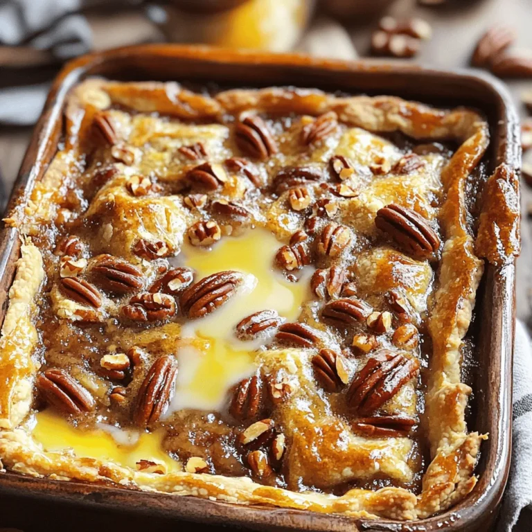 For the Three-Ingredient Pecan Pie Dump Cake, you need three key items. These items will create a sweet and simple dessert. Here are the exact amounts you'll need: - 1 can (15 oz) pecan pie filling - 1 box (15.25 oz) yellow cake mix - 1 cup unsalted butter, melted Here’s a quick look at what you’ll need: - Pecan pie filling - Yellow cake mix - Unsalted butter These ingredients are easy to find at your local store. They work together to create a rich and satisfying dessert. When picking your products, quality matters. Here are my top picks for this recipe: - Pecan Pie Filling: Choose a brand that is rich and not overly sweet. - Yellow Cake Mix: Look for a classic mix without extra flavors. - Unsalted Butter: Use good-quality butter for the best taste. These choices will help you make a great cake. Remember, the right ingredients make all the difference in your baking! Start by preheating your oven to 350°F (175°C). This step makes sure the cake cooks evenly. While the oven heats, grab a 9x13-inch baking dish. Spray it with cooking spray or rub a thin layer of butter on it. This helps the cake come out easily later. Next, pour the entire can of pecan pie filling into the baking dish. Spread it out evenly. This filling adds sweetness and flavor. Then, open the box of yellow cake mix. Sprinkle it evenly over the pecan pie filling. Make sure to cover it completely. This mix will form a nice crust. Now, take your cup of melted butter. Drizzle it over the cake mix. It is important to moisten all the areas without stirring. The cake mix will create a crunchy top while baking. Place the dish in your preheated oven. Bake for 45 to 50 minutes. You want the top to turn golden brown and crispy. Look for bubbles around the edges of the filling. Once done, take it out and let it cool for 10 minutes before serving. This helps the flavors set and makes it easier to serve. Enjoy your easy delight! To make your Three-Ingredient Pecan Pie Dump Cake shine, follow these tips: - Use fresh ingredients: Check the dates on your pecan pie filling and cake mix. Fresh items make a big difference in taste. - Grease well: Use a good layer of cooking spray or butter on your baking dish. This helps the cake slide out easily. - Spread evenly: Pour the pecan filling evenly in the dish. This helps the cake cook uniformly and prevents dry spots. Serving this dump cake is easy and fun. Here are some ideas: - Serve warm: A warm slice is best. It melts ice cream nicely. - Top it off: Add a scoop of vanilla ice cream or whipped cream. The creaminess pairs well with the sweet filling. - Garnish with pecans: Sprinkle crushed pecans on top for added crunch. It enhances the flavor and makes it look pretty. Avoid these common pitfalls for a perfect dump cake: - Stirring the layers: Do not mix the layers. Let the cake mix create a crust as it bakes. - Overbaking: Keep an eye on the cake. Bake until golden brown, about 45-50 minutes. Check for bubbling around the edges. - Skipping cooling time: Let the cake cool for at least 10 minutes. This helps it set and makes serving easier. {{image_2}} You can easily change the taste of your Three-Ingredient Pecan Pie Dump Cake. Here are some fun ideas: - Chocolate Twist: Add chocolate chips to the cake mix. This gives a rich, sweet flavor. - Spiced Delight: Mix in cinnamon or nutmeg with the cake mix. This adds warmth and depth. - Nutty Burst: Stir in chopped walnuts or almonds. This gives more crunch and flavor. Each of these ideas can make your dump cake unique and delightful! You might not have all the ingredients on hand. No worries! Here are some swaps: - Cake Mix: Use a chocolate or spice cake mix instead of yellow. This changes the flavor profile. - Butter: Swap unsalted butter for coconut oil. This adds a different richness and flavor. - Pecan Pie Filling: Try using caramel sauce or butterscotch sauce. It gives a sweet, gooey layer. These swaps keep the cake tasty, even if you change things up! You can make this dessert gluten-free with a few simple changes: - Gluten-Free Cake Mix: Use a gluten-free yellow cake mix. Many brands offer this option now. - Check the Filling: Ensure your pecan pie filling is gluten-free. Most are, but it’s good to double-check. - Butter: Butter is naturally gluten-free, so no need to change that! By following these tips, you can enjoy this dessert without gluten! After you enjoy your Three-Ingredient Pecan Pie Dump Cake, let any leftovers cool. Once cool, cover the dish tightly with plastic wrap or aluminum foil. You can also transfer the cake to an airtight container. Store it in the fridge for up to four days. This keeps it fresh and tasty. To freeze this delight, first let the cake cool completely. Then, slice it into pieces for easy serving. Wrap each piece in plastic wrap and then place them in a freezer-safe bag. Remove as much air as possible before sealing. This cake can freeze well for up to three months. Just label the bag with the date so you know when you made it. When it's time to enjoy your frozen or leftover cake, preheat your oven to 350°F (175°C). Place the slice on a baking sheet. Reheat for about 10-15 minutes. If you want to microwave, place a slice on a microwave-safe plate. Heat in 30-second bursts until warm. Add a scoop of ice cream or whipped cream to make it even better! Making this cake takes about one hour. You will need ten minutes to prep. Baking takes around 45 to 50 minutes. The cake smells great as it bakes. You will know it's ready when the top is golden brown and bubbly. Yes, you can make this cake ahead of time. It can sit at room temperature for a day. If you want to store it longer, cover it and keep it in the fridge. Just warm it up before serving. This makes it easy for parties or gatherings. You can add a lot of tasty toppings! Try whipped cream for a light touch. Crushed pecans add a nice crunch. You can also drizzle caramel sauce for extra sweetness. Fresh fruit, like berries, can give a fresh flavor. Mix and match to find your favorite! In this article, we explored everything about making a Three-Ingredient Pecan Pie Dump Cake. We covered essential ingredients, detailed measurements, and methods for perfect baking. You learned tips to avoid common mistakes and ways to serve your cake. We even shared flavor variations and storage methods. Remember, with the right steps, you can bake a simple yet delicious dessert. Enjoy sharing this treat with others!