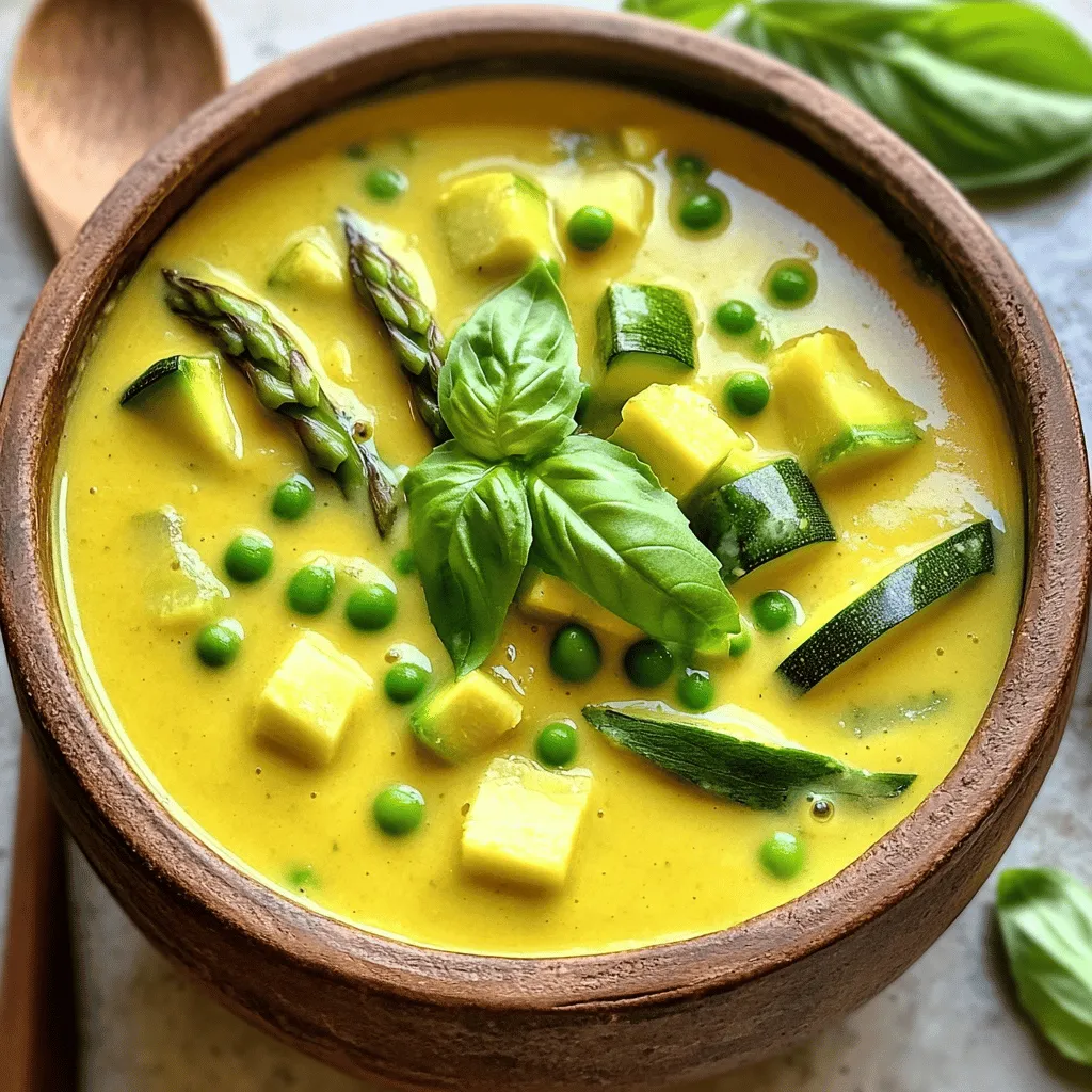 To make a tasty spring vegetable cream soup, gather these fresh ingredients: - 1 tablespoon olive oil - 1 small onion, chopped - 2 cloves garlic, minced - 2 medium carrots, diced - 2 stalks celery, diced - 1 medium zucchini, diced - 1 cup green peas (fresh or frozen) - 1 cup asparagus, trimmed and cut into 1-inch pieces - 4 cups vegetable broth - 1 cup heavy cream or coconut milk for a lighter option - Salt and pepper to taste - Fresh basil leaves, for garnish You can add these ingredients for a burst of flavor: - A squeeze of lemon juice - A pinch of red pepper flakes - A dash of nutmeg - Fresh herbs like thyme or dill These extras can elevate your soup and make it even tastier! When picking spring vegetables, focus on freshness: - Look for vibrant colors and firm textures. - Choose vegetables that feel heavy for their size. - Avoid any with blemishes or soft spots. - Shop local markets for seasonal produce. Fresh vegetables will give your soup the best taste and nutrients! - Gather all your ingredients. - Chop 1 small onion and mince 2 cloves of garlic. - Dice 2 medium carrots and 2 stalks of celery. - Dice 1 medium zucchini. - Prepare 1 cup of green peas. - Trim and cut 1 cup of asparagus into 1-inch pieces. 1. In a large pot, heat 1 tablespoon of olive oil over medium heat. 2. Add the chopped onion and minced garlic. Sauté until the onion turns translucent, about 3-4 minutes. 3. Add the diced carrots and celery. Stir occasionally and cook for another 5 minutes until they soften. 4. Now, stir in the diced zucchini, green peas, and asparagus. Cook for 3-4 minutes. 5. Pour in 4 cups of vegetable broth. Bring it to a boil, then lower the heat. Let it simmer uncovered for 15-20 minutes. All vegetables need to be tender. 6. Remove the pot from heat. Allow the soup to cool slightly. 7. Use an immersion blender to blend the soup until smooth. If you like it chunkier, blend only half and mix with unblended parts. 8. Return the pot to low heat and stir in 1 cup of heavy cream or coconut milk. Heat through for an extra 5 minutes. 9. Season with salt and pepper to taste. 10. Serve hot, garnished with fresh basil leaves. To make your soup creamy, use heavy cream or coconut milk. Both add a nice texture. If you want a lighter soup, coconut milk works great. Blend the soup until smooth for a rich feel. You can blend all of it or just half for some chunks. This way, you get a mix of smooth and hearty. Season your soup with salt and pepper to taste. Fresh herbs add a burst of flavor. Basil pairs well with spring vegetables. You can also try thyme or parsley. A squeeze of lemon juice brightens up the taste. It adds a fresh note without overpowering the veggies. Prep your veggies in advance to save time. Chop them the night before and store them in the fridge. Use an immersion blender for easy blending. It cuts down on dishes and mess. You can also make a big batch and freeze some for later. Just heat it up when you want a quick meal! {{image_2}} You can easily make this soup vegan. Instead of heavy cream, use coconut milk. It adds a nice, creamy texture. You can also skip the cream. The soup will still taste great. Use vegetable broth for a rich flavor. This version is light but still full of taste. Want to add protein? Try adding white beans or lentils. Both add fiber and protein. You can also stir in cooked quinoa for a hearty touch. If you enjoy tofu, add cubed, firm tofu. This makes the soup filling and satisfying. Want to spice things up? Add a pinch of red pepper flakes for heat. Fresh herbs like thyme or dill work well too. They bring out the flavors of the vegetables. You can also add a squeeze of lemon juice. It brightens the dish and adds a fresh twist. To store leftovers of your spring vegetable cream soup, let it cool first. Use an airtight container. Make sure to leave some space at the top. The soup can expand when frozen. Store it in the fridge if you plan to eat it soon. It will stay fresh for about three days. If you want to freeze the soup, pour it into freezer bags or containers. Leave some space for it to expand. Label the bags with the date. The soup can freeze well for up to three months. When you want to eat it, thaw it overnight in the fridge. To reheat, warm it on the stove over low heat. Stir it often to prevent burning. The shelf life of your soup depends on how you store it. In the fridge, it lasts about three days. In the freezer, it can last up to three months. Always check for signs of spoilage before eating. Look for changes in smell, color, or texture. If it looks or smells off, it’s best to throw it away. Yes, you can use frozen vegetables in this soup. Frozen veggies often have great taste and texture. They are picked at their peak and frozen quickly. This helps to keep nutrients and flavor. If you use frozen veggies, just add them directly to the pot without thawing. This will save time and still give you a fresh taste. To make the soup thicker, you have a few options. First, you can blend more of the soup to create a smooth texture. If you want it creamier, add more heavy cream or coconut milk. You can also add a starch. Try mixing a little cornstarch with cold water and stirring it in. Let it cook for a few more minutes until it thickens. This soup pairs well with crusty bread. A nice sourdough or whole grain bread works great. The crunchy crust and soft inside will complement the creamy soup. You can also try serving it with garlic bread. The garlic flavor adds a nice touch to the meal. Enjoy dipping the bread into the warm soup! This blog post guides you through creating a delicious spring vegetable cream soup. We covered key ingredients, cooking steps, and helpful tips. I shared how to pick fresh veggies, make the soup creamy, and even add extra flavors. You can also explore variations and storage methods for your leftovers. Now, you’re ready to make a satisfying meal. Enjoy your cooking and let each bowl bring comfort!