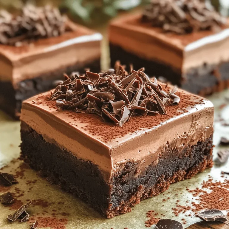 To create these rich and decadent delights, gather the following ingredients: - 1 cup unsalted butter, melted - 2 cups granulated sugar - 4 large eggs - 1 teaspoon vanilla extract - 1 cup all-purpose flour - 1/2 cup unsweetened cocoa powder - 1/4 teaspoon salt - 1 cup semi-sweet chocolate chips - 1 cup heavy whipping cream - 3 tablespoons powdered sugar - 1 teaspoon instant coffee granules (optional) - Chocolate shavings or cocoa powder for garnish You can enhance the flavor and texture of your brownies with these options: - Nuts like walnuts or pecans for crunch - Different chocolate types, like dark or milk chocolate chips - A pinch of sea salt to amplify sweetness - Flavored extracts, like almond or orange, for a twist Using high-quality chocolate and cocoa powder makes a big difference. Look for brands with rich flavor. If you need a substitute for butter, try coconut oil for a slight coconut taste. You can swap all-purpose flour with gluten-free flour if needed. Always remember, the better the ingredients, the better your brownies will taste! To start, preheat your oven to 350°F (175°C). This step ensures even baking. Grab a 9x13 inch baking pan and line it with parchment paper. Leave some paper hanging over the sides. This makes it easy to lift the brownies out later. In a large mixing bowl, combine 1 cup of melted unsalted butter and 2 cups of granulated sugar. Whisk them together until smooth. Next, add 4 large eggs one at a time. Mix well after each egg. Then, stir in 1 teaspoon of vanilla extract for flavor. Now it’s time to add the dry ingredients. Slowly sift in 1 cup of all-purpose flour, 1/2 cup of unsweetened cocoa powder, and 1/4 teaspoon of salt. Mix until just combined. Be careful not to overmix! This keeps your brownies nice and fudgy. Fold in 1 cup of semi-sweet chocolate chips. Make sure they are evenly distributed. Pour this brownie batter into the prepared pan and spread it evenly. Bake for 20 to 25 minutes. Check with a toothpick; it should come out with a few moist crumbs. While your brownies bake, prepare the chocolate mousse. In a medium bowl, mix 1 cup of heavy whipping cream with 3 tablespoons of powdered sugar and 1 teaspoon of instant coffee granules if you like. The coffee enhances the chocolate flavor. Use an electric mixer to whip the cream until soft peaks form. Be careful not to overwhip! If you have any extra melted chocolate, gently fold it into the whipped cream for added richness. This makes the mousse even more decadent. After baking, let the brownies cool completely in the pan on a wire rack. This step is key for the best texture. Once cooled, spread a thick layer of chocolate mousse over the brownie base. Refrigerate the brownies for at least 1 hour. This allows the mousse to set slightly. When you are ready to serve, lift the brownies out of the pan using the parchment paper. Slice them into squares. For the final touch, garnish with chocolate shavings or a dusting of cocoa powder. Enjoy this rich and decadent treat! To make the best brownies, start with quality ingredients. Use fresh eggs and real butter. Always melt the butter gently. This keeps it smooth and creamy. Mix the batter just until combined. Overmixing can make your brownies tough. Bake until a toothpick comes out with a few moist crumbs. This gives you that perfect fudgy texture. For a light and fluffy mousse, use cold heavy cream. Whip it until soft peaks form. This means the cream should hold its shape but still be soft. If you want more richness, fold in melted chocolate gently. Be careful not to deflate the whipped cream. This keeps your mousse airy and delightful. One common mistake is not letting the brownies cool completely. If you spread the mousse on warm brownies, it can melt. Another mistake is overwhipping the cream. This can turn it grainy and dense. Lastly, don’t rush the chilling time. Let the mousse set for at least an hour in the fridge. This creates the best flavor and texture. {{image_2}} You can change the flavors in your chocolate mousse brownies. Try adding nuts like walnuts or pecans for crunch. You can also mix in some mint extract for a fresh twist. Want something fruity? Add raspberries or cherries. They pair well with chocolate. For a coffee kick, use espresso powder in the mousse. It enhances the chocolate flavor and adds depth. These little changes can make each batch unique and fun. If you want a gluten-free version, replace the all-purpose flour with almond flour or a gluten-free blend. For a sugar-free option, use your favorite sugar substitute in place of granulated sugar. Make sure it measures like sugar for the best results. You can also use dark chocolate that is sugar-free for the mousse. This way, you can enjoy a rich treat without the guilt. You can make these brownies fit any season or holiday. For fall, add pumpkin spice to the mousse for a cozy flavor. In summer, top with fresh berries for a bright touch. For Valentine's Day, swirl in some pink raspberry mousse or add heart-shaped sprinkles. At Halloween, mix in some orange food coloring for a spooky effect. These variations keep your chocolate mousse brownies exciting all year round. To keep your chocolate mousse brownies fresh, store them in an airtight container. Make sure they are fully cooled first. If you stack them, add parchment paper between layers. This step stops them from sticking together. You can keep them at room temperature for up to two days. For longer storage, place them in the fridge. If you want to enjoy warm brownies, reheat them gently. Use the microwave for about 10-15 seconds. Check them to avoid overheating. You can also warm them in the oven. Set it to 350°F (175°C) and heat for about 5-10 minutes. This warms them nicely without drying them out. Chocolate mousse brownies last about a week in the fridge. If you need to store them longer, freezing works great. Cut them into squares and wrap each piece in plastic wrap. Place the wrapped brownies in a freezer bag. They can last up to three months in the freezer. To enjoy, thaw them in the fridge overnight. To get fudgy brownies, use less flour and add more fat. This recipe calls for 1 cup of melted butter, which adds richness. Make sure not to overmix the batter. Mix until just combined for a dense and moist texture. Bake at 350°F for only 20-25 minutes. Check with a toothpick; a few moist crumbs mean they are perfect. Yes, you can make these brownies ahead of time. Bake the brownies and let them cool completely. Once cool, spread the mousse on top. Cover with plastic wrap and refrigerate. They will stay fresh for up to three days. This makes them great for parties or special occasions. If you want to skip heavy cream, use coconut cream. It gives a nice texture and flavor. You can also try silken tofu blended until smooth. This will create a lighter mousse. Keep in mind that the taste will change slightly, but it will still be delicious. In this post, we explored the tasty journey of making chocolate mousse brownies. We covered essential ingredients, step-by-step instructions, and helpful tips. Customization options let you make these brownies your own. Remember to focus on quality ingredients for the best results. Finally, enjoy experimenting with variations and common mistakes. You can impress friends with your skills. This decadent treat can be a hit for any occasion!