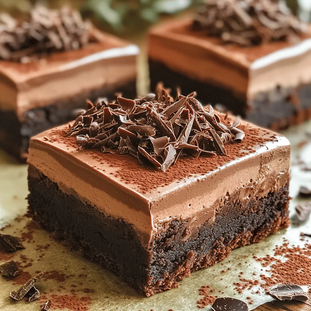 To create these rich and decadent delights, gather the following ingredients: - 1 cup unsalted butter, melted - 2 cups granulated sugar - 4 large eggs - 1 teaspoon vanilla extract - 1 cup all-purpose flour - 1/2 cup unsweetened cocoa powder - 1/4 teaspoon salt - 1 cup semi-sweet chocolate chips - 1 cup heavy whipping cream - 3 tablespoons powdered sugar - 1 teaspoon instant coffee granules (optional) - Chocolate shavings or cocoa powder for garnish You can enhance the flavor and texture of your brownies with these options: - Nuts like walnuts or pecans for crunch - Different chocolate types, like dark or milk chocolate chips - A pinch of sea salt to amplify sweetness - Flavored extracts, like almond or orange, for a twist Using high-quality chocolate and cocoa powder makes a big difference. Look for brands with rich flavor. If you need a substitute for butter, try coconut oil for a slight coconut taste. You can swap all-purpose flour with gluten-free flour if needed. Always remember, the better the ingredients, the better your brownies will taste! To start, preheat your oven to 350°F (175°C). This step ensures even baking. Grab a 9x13 inch baking pan and line it with parchment paper. Leave some paper hanging over the sides. This makes it easy to lift the brownies out later. In a large mixing bowl, combine 1 cup of melted unsalted butter and 2 cups of granulated sugar. Whisk them together until smooth. Next, add 4 large eggs one at a time. Mix well after each egg. Then, stir in 1 teaspoon of vanilla extract for flavor. Now it’s time to add the dry ingredients. Slowly sift in 1 cup of all-purpose flour, 1/2 cup of unsweetened cocoa powder, and 1/4 teaspoon of salt. Mix until just combined. Be careful not to overmix! This keeps your brownies nice and fudgy. Fold in 1 cup of semi-sweet chocolate chips. Make sure they are evenly distributed. Pour this brownie batter into the prepared pan and spread it evenly. Bake for 20 to 25 minutes. Check with a toothpick; it should come out with a few moist crumbs. While your brownies bake, prepare the chocolate mousse. In a medium bowl, mix 1 cup of heavy whipping cream with 3 tablespoons of powdered sugar and 1 teaspoon of instant coffee granules if you like. The coffee enhances the chocolate flavor. Use an electric mixer to whip the cream until soft peaks form. Be careful not to overwhip! If you have any extra melted chocolate, gently fold it into the whipped cream for added richness. This makes the mousse even more decadent. After baking, let the brownies cool completely in the pan on a wire rack. This step is key for the best texture. Once cooled, spread a thick layer of chocolate mousse over the brownie base. Refrigerate the brownies for at least 1 hour. This allows the mousse to set slightly. When you are ready to serve, lift the brownies out of the pan using the parchment paper. Slice them into squares. For the final touch, garnish with chocolate shavings or a dusting of cocoa powder. Enjoy this rich and decadent treat! To make the best brownies, start with quality ingredients. Use fresh eggs and real butter. Always melt the butter gently. This keeps it smooth and creamy. Mix the batter just until combined. Overmixing can make your brownies tough. Bake until a toothpick comes out with a few moist crumbs. This gives you that perfect fudgy texture. For a light and fluffy mousse, use cold heavy cream. Whip it until soft peaks form. This means the cream should hold its shape but still be soft. If you want more richness, fold in melted chocolate gently. Be careful not to deflate the whipped cream. This keeps your mousse airy and delightful. One common mistake is not letting the brownies cool completely. If you spread the mousse on warm brownies, it can melt. Another mistake is overwhipping the cream. This can turn it grainy and dense. Lastly, don’t rush the chilling time. Let the mousse set for at least an hour in the fridge. This creates the best flavor and texture. {{image_2}} You can change the flavors in your chocolate mousse brownies. Try adding nuts like walnuts or pecans for crunch. You can also mix in some mint extract for a fresh twist. Want something fruity? Add raspberries or cherries. They pair well with chocolate. For a coffee kick, use espresso powder in the mousse. It enhances the chocolate flavor and adds depth. These little changes can make each batch unique and fun. If you want a gluten-free version, replace the all-purpose flour with almond flour or a gluten-free blend. For a sugar-free option, use your favorite sugar substitute in place of granulated sugar. Make sure it measures like sugar for the best results. You can also use dark chocolate that is sugar-free for the mousse. This way, you can enjoy a rich treat without the guilt. You can make these brownies fit any season or holiday. For fall, add pumpkin spice to the mousse for a cozy flavor. In summer, top with fresh berries for a bright touch. For Valentine's Day, swirl in some pink raspberry mousse or add heart-shaped sprinkles. At Halloween, mix in some orange food coloring for a spooky effect. These variations keep your chocolate mousse brownies exciting all year round. To keep your chocolate mousse brownies fresh, store them in an airtight container. Make sure they are fully cooled first. If you stack them, add parchment paper between layers. This step stops them from sticking together. You can keep them at room temperature for up to two days. For longer storage, place them in the fridge. If you want to enjoy warm brownies, reheat them gently. Use the microwave for about 10-15 seconds. Check them to avoid overheating. You can also warm them in the oven. Set it to 350°F (175°C) and heat for about 5-10 minutes. This warms them nicely without drying them out. Chocolate mousse brownies last about a week in the fridge. If you need to store them longer, freezing works great. Cut them into squares and wrap each piece in plastic wrap. Place the wrapped brownies in a freezer bag. They can last up to three months in the freezer. To enjoy, thaw them in the fridge overnight. To get fudgy brownies, use less flour and add more fat. This recipe calls for 1 cup of melted butter, which adds richness. Make sure not to overmix the batter. Mix until just combined for a dense and moist texture. Bake at 350°F for only 20-25 minutes. Check with a toothpick; a few moist crumbs mean they are perfect. Yes, you can make these brownies ahead of time. Bake the brownies and let them cool completely. Once cool, spread the mousse on top. Cover with plastic wrap and refrigerate. They will stay fresh for up to three days. This makes them great for parties or special occasions. If you want to skip heavy cream, use coconut cream. It gives a nice texture and flavor. You can also try silken tofu blended until smooth. This will create a lighter mousse. Keep in mind that the taste will change slightly, but it will still be delicious. In this post, we explored the tasty journey of making chocolate mousse brownies. We covered essential ingredients, step-by-step instructions, and helpful tips. Customization options let you make these brownies your own. Remember to focus on quality ingredients for the best results. Finally, enjoy experimenting with variations and common mistakes. You can impress friends with your skills. This decadent treat can be a hit for any occasion!