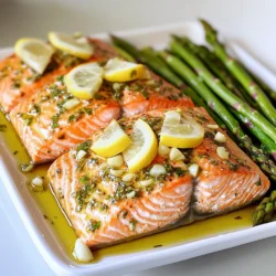- 4 salmon fillets - 1 bunch of asparagus, trimmed - 4 cloves garlic, minced - 3 tablespoons olive oil The main ingredients for this dish are simple yet flavorful. Salmon fillets offer rich taste and healthy fats. Asparagus brings a nice crunch and earthy flavor. Garlic adds depth, while olive oil helps blend all the flavors together. - 2 tablespoons fresh lemon juice - 1 teaspoon dried oregano - 1 teaspoon dried thyme - Salt and pepper to taste - Lemon slices The seasonings make this dish shine. Fresh lemon juice adds brightness. Dried oregano and thyme bring warmth and fragrance. Salt and pepper enhance the natural flavors. Lemon slices are the perfect garnish, adding a pop of color and a hint of zest. Using these ingredients, you can create a dish that is both healthy and delicious. Each bite will have a perfect balance of flavors. Enjoy the ease of cooking everything on one pan! 1. Preheat the oven Set your oven to 400°F (200°C). This ensures even cooking. 2. Prepare the marinade In a small bowl, mix these ingredients: - 3 tablespoons olive oil - 4 cloves garlic, minced - 2 tablespoons fresh lemon juice - 1 teaspoon dried oregano - 1 teaspoon dried thyme - Salt and pepper to taste Stir well to combine. This marinade adds flavor to the salmon and asparagus. 1. Arrange ingredients on the sheet pan Take a large sheet pan. Place the trimmed asparagus in a single layer. Drizzle half of the marinade over the asparagus. Toss it gently to coat. 2. Bake time and temperatures Place the salmon fillets on the same pan. Leave space between each fillet. Brush the remaining marinade on top of the salmon. Bake for 12 to 15 minutes. The salmon should flake easily with a fork. The asparagus will be tender yet crisp. 1. Optional broiling step For a crispy finish, broil the dish for 2 to 3 minutes. Watch closely to avoid burning. 2. Garnishing and resting Once done, take it out of the oven. Let it rest for a few minutes. Garnish with fresh lemon slices before serving. This adds a bright touch to your dish. How to avoid overcooking salmon? To keep your salmon moist, bake it for 12-15 minutes. Use a fork to check if it flakes easily. If it does, it's done! Ensuring asparagus is tender: Trim the asparagus to keep it crisp. Toss it in half the marinade and spread it out on the sheet pan. The hot oven will cook it just right. Recommended side dishes: Pair the salmon and asparagus with a simple salad or some fluffy rice. These add nice textures and flavors. Wine pairings: A crisp white wine like Sauvignon Blanc complements this dish well. It enhances the lemon and herb notes. Preparing ahead of time: You can mix the marinade and trim the asparagus the night before. Store them in the fridge until you're ready to cook. Quick reheating methods: To reheat, place the salmon and asparagus on a plate. Microwave in short bursts or use the oven at 350°F (175°C) for a few minutes. This keeps them tasty. {{image_2}} You can switch salmon for chicken or tofu. If you pick chicken, use boneless thighs or breasts. These will cook well with the same marinade. Just make sure to adjust the cooking time. Chicken takes longer than salmon. For tofu, choose firm or extra-firm. Cut it into cubes and press out extra water. Marinate it just like the salmon. This way, it soaks up all the tasty flavors. Asparagus is great, but you can use other veggies too! Try broccoli, green beans, or bell peppers. Cut them into equal sizes for even cooking. Zucchini or cherry tomatoes also work well. Toss them in the same marinade, so they taste amazing. Mix and match your favorite veggies for a colorful dish. Want to spice things up? Add more herbs and spices! Fresh herbs like dill or parsley can brighten the dish. You can also try red pepper flakes for heat. A splash of soy sauce adds depth. Consider using smoked paprika for a unique twist. Experiment with flavors to make this dish your own! To keep your leftover Garlic Herb Salmon and Asparagus fresh, follow these steps: - Refrigeration guidelines: Place the salmon and asparagus in an airtight container. They can stay in the fridge for up to three days. For best taste, eat them sooner. - Freezing instructions: If you want to freeze leftovers, wrap the salmon and asparagus tightly in plastic wrap. Then, place them in a freezer bag. They will last for about three months in the freezer. To reheat your dish without losing quality, try these methods: - For salmon: Preheat your oven to 350°F (175°C). Place the salmon on a baking sheet and cover it with foil. Heat for about 10 minutes until warm. - For asparagus: You can reheat asparagus on the stovetop. Just add a splash of water to a pan and cook over medium heat for a few minutes until heated through. How long does this dish last? - In the fridge, Garlic Herb Salmon and Asparagus will last for about three days. - In the freezer, it will stay good for up to three months. After that, the taste and texture may change. Enjoy your meal while it’s fresh! How do I know when the salmon is done? The salmon is done when it flakes easily with a fork. You can also check the internal temperature. It should reach 145°F (63°C). Look for a bright, opaque color. If it still looks raw or translucent, give it a few more minutes in the oven. Can I use frozen salmon? Yes, you can use frozen salmon. Thaw it first for best results. Place the frozen fillets in the fridge overnight or submerge them in cold water for quicker thawing. Make sure to pat them dry before adding the marinade. Is this dish healthy? Yes, this dish is healthy. Salmon is rich in omega-3 fatty acids, which are good for your heart. Asparagus adds fiber and vitamins. Olive oil provides healthy fats, making this meal nutritious and balanced. What are the nutritional values? Each serving of Garlic Herb Salmon and Asparagus contains about: - Calories: 350 - Protein: 30g - Fat: 20g - Carbohydrates: 8g - Fiber: 3g These values may vary based on portion size and specific ingredients. What type of sheet pan is best to use? A sturdy, rimmed sheet pan works best. It should be large enough to hold all the salmon fillets and asparagus in a single layer. This helps with even cooking and browning. Do I need any special utensils for preparation? You don’t need special utensils. A mixing bowl for the marinade, a brush for spreading, and a spatula for serving are all you need. A fork helps check the salmon doneness. Simple tools make it easy to cook this dish! This blog post covered a simple and tasty salmon dish. We explored key ingredients, preparation, and cooking steps. You learned tips for perfecting flavor and texture, along with serving ideas. Remember, you can vary proteins and veggies to suit your taste. Proper storage keeps your meal fresh and ready. Now, you have the tools to create a delicious meal that’s easy and fun! Enjoy the cooking process and share your results with friends!