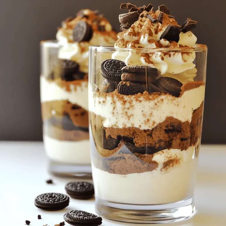 To make No-Bake Oreo Tiramisu Parfaits, you will need: - 1 package (14.3 oz) Oreo cookies - 2 cups heavy cream - 1 cup mascarpone cheese - ⅓ cup powdered sugar - 1 teaspoon vanilla extract - 1 cup brewed coffee, cooled - Cocoa powder for dusting - Chocolate shavings or grated chocolate for garnish (optional) Each ingredient plays a key role. The Oreos bring the classic flavor. Heavy cream gives the parfaits a light, fluffy texture. Mascarpone adds a rich creaminess, while powdered sugar sweetens the mix. Vanilla extract enhances the taste, and coffee adds depth. If you need substitutes, here are some options: - Mascarpone cheese: You can use cream cheese mixed with sour cream for a similar taste. - Heavy cream: Whipping cream works well too, but it may be less rich. - Powdered sugar: Granulated sugar can be used, but it may not dissolve as quickly. - Coffee: For a caffeine-free version, use decaf coffee or a coffee substitute like chicory. These swaps can help if you’re missing something or have dietary needs. Choosing the right brands can make a difference: - Oreo cookies: Nabisco is the classic choice. Their cookies are the best for this recipe. - Heavy cream: Look for brands with at least 36% fat content for the best whip. - Mascarpone cheese: Galbani is a trusted brand known for great flavor and texture. - Powdered sugar: Domino is a reliable option you can find easily. Using these brands can enhance the taste and quality of your parfaits. Start by making the cream. In a large bowl, whip 2 cups of heavy cream. Whip it until stiff peaks form. This step is key for a light texture. In another bowl, mix 1 cup of mascarpone cheese, ⅓ cup of powdered sugar, and 1 teaspoon of vanilla extract. Stir until the mix is smooth. Now, gently fold the whipped cream into the mascarpone mixture. Do this carefully to keep the air in. Set the cream mixture aside. Next, grab your Oreo cookies. You will need one package, around 14.3 ounces. First, take out 8-10 Oreos for the topping. Then, crush the rest. You can use a food processor for this. If you don't have one, place the Oreos in a zip-lock bag. Use a rolling pin to crush them finely. This gives a great texture to the dessert. Now, it’s time to assemble your parfaits. Dip each crushed Oreo into cooled coffee. Do this quickly; don’t let them soak. Then, layer the dipped Oreos at the bottom of your serving glasses or bowls. Add a layer of your cream mixture on top of the Oreos. Repeat these layers until your glasses are full. Finish with a nice layer of cream on the top. - Layering Tips: Be sure to spread the cream evenly. This gives a nice look and taste. You can use a spatula to smooth the top layer. - Chilling the Dessert: Cover the parfaits with plastic wrap. Place them in the fridge for at least 4 hours, but overnight is best. This lets all the flavors mix and makes the dessert even better. To make great whipped cream, start with cold tools. Use a chilled bowl and beaters. Pour the heavy cream into the bowl. Beat on medium speed until the cream thickens. Gradually increase the speed. Stop when the cream holds stiff peaks. This means it stands tall without falling. Overwhipping can make it grainy, so watch closely. One common mistake is soaking the Oreos too long in coffee. A quick dip is best. If you soak them, they may turn mushy. Another mistake is not chilling the parfaits long enough. They need time to set. Always cover them well to keep them fresh. Lastly, avoid using warm ingredients. They can ruin the texture of your cream. Serve the parfaits in clear glasses for a beautiful view. Top with cocoa powder and chocolate shavings. You can also add fresh berries for a pop of color. Use the reserved Oreos as a fun garnish. Serve with a spoon and enjoy! These parfaits are perfect for parties or as a sweet treat at home. {{image_2}} You can mix up the flavor by using flavored coffee. Try hazelnut, caramel, or vanilla. Brew your coffee as usual, then add flavored syrup to it. This twist gives the Tiramisu a fun and tasty kick. Just remember to let it cool before dipping the Oreos. If you need a gluten-free option, use gluten-free chocolate cookies. Many brands offer cookies that taste great. Make sure to check the label for gluten-free certification. You can also use gluten-free ladyfingers if you prefer that texture. Your parfaits will still taste delicious! Garnishes add flair to your parfaits. You can use crushed nuts or fresh berries. They not only look pretty but also add flavor. Another option is to drizzle chocolate or caramel sauce on top. This extra touch will impress your friends. Get creative and have fun with it! To keep your No-Bake Oreo Tiramisu Parfaits fresh, store them in the fridge. Use an airtight container to prevent drying. Cover the parfaits with plastic wrap for extra protection. This way, they stay creamy and tasty. Make sure the fridge is set to a cool enough temperature. This keeps your dessert safe and delicious. These parfaits will last about 3 to 4 days in the fridge. After that, the Oreos may get soggy. If you want the best taste and texture, eat them sooner. If you notice any changes in smell or look, it's best to discard them. Trust me, fresh is always best! You can freeze the parfaits if you need to store them longer. However, freezing may change the texture. To freeze, cover the parfaits tightly with plastic wrap. Place them in a freezer-safe container for added protection. They can last up to 2 months in the freezer. To enjoy, thaw them in the fridge overnight before serving. Yes, you can make this recipe ahead of time. In fact, I recommend it! Chilling the parfaits for at least four hours or overnight lets the flavors mix well. This helps create a rich and tasty treat. Just store them in the fridge until you're ready to serve. If you don’t have mascarpone cheese, you can use cream cheese instead. Soften the cream cheese first for a smooth mix. You can also blend it with a bit of heavy cream for a creamier texture. This swap keeps the dessert rich and delicious. To make this recipe without coffee, use milk or a milk alternative. Dip the Oreos quickly in the milk instead of coffee. You can also use chocolate milk for extra flavor. This will keep the dessert tasty and sweet, just without the coffee kick. This blog post covered how to make delicious parfaits step-by-step. We explored the ingredients, with tips for substitutes and great brands. You learned easy steps for preparation and assembly, plus tips for perfect results. We also discussed variations to make your parfait unique. Lastly, we shared ways to store your dessert correctly. Now you are ready to create your perfect parfait at home! Enjoy making this sweet treat and impress your friends!