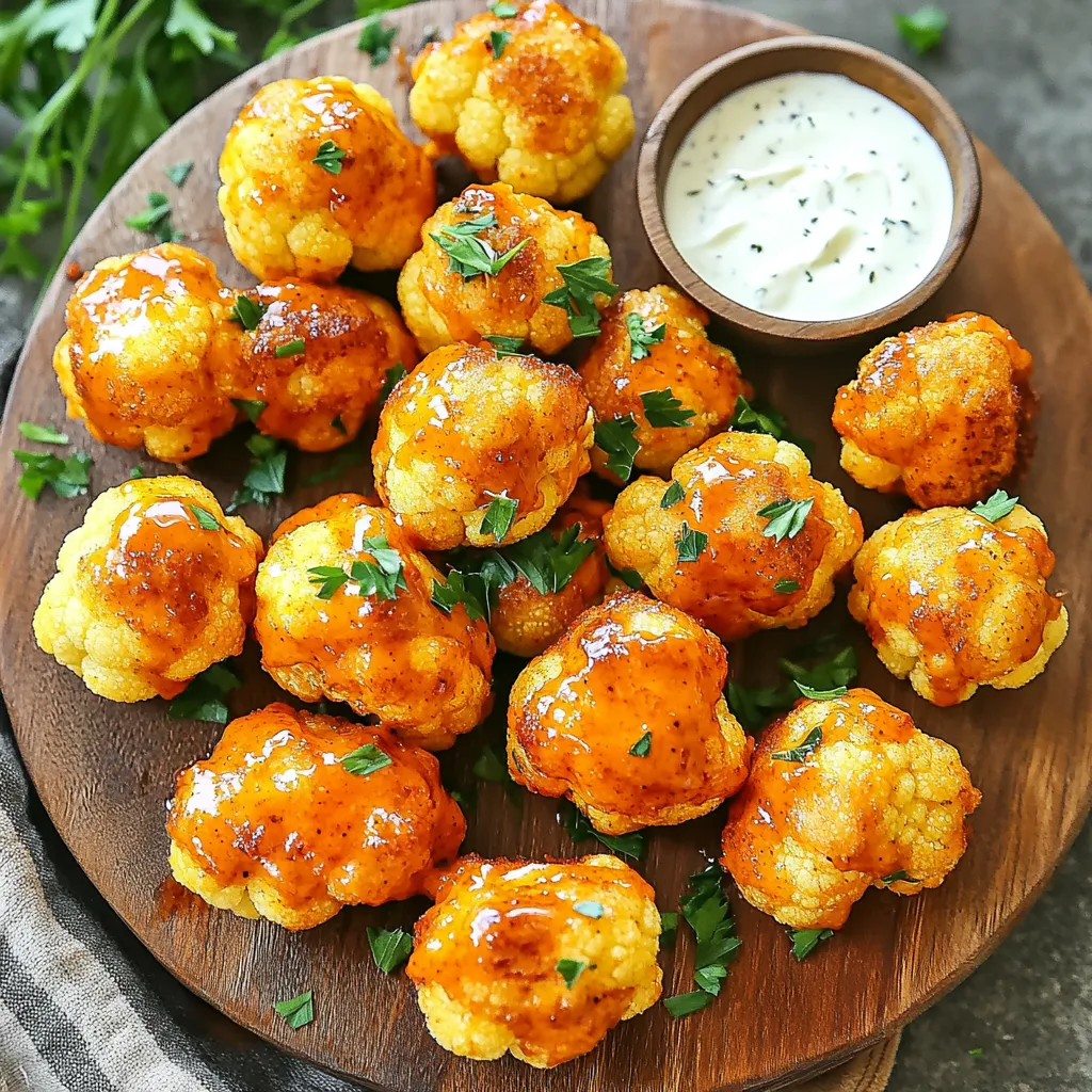 To make delicious air fryer buffalo cauliflower bites, gather these main ingredients: - 1 medium head of cauliflower, cut into bite-sized florets - ½ cup all-purpose flour - ½ cup water - 1 teaspoon garlic powder - 1 teaspoon onion powder - 1 teaspoon smoked paprika - ½ teaspoon salt - ½ teaspoon black pepper - 1 cup buffalo sauce (homemade or store-bought) - 2 tablespoons olive oil These ingredients create a tasty and crunchy snack that everyone will love. Seasonings add flavor and depth to our cauliflower bites. Here’s what you need: - Garlic powder gives a strong, savory taste. - Onion powder adds a sweet and mild flavor. - Smoked paprika brings a smoky richness. - Salt enhances all the flavors. - Black pepper adds a little heat. The buffalo sauce is key! It can be spicy or mild based on your choice. You can use store-bought or make your own sauce at home. Garnishes make the dish look nice and add flavor. Here are some ideas: - Fresh parsley, chopped, for a bright touch. - Ranch or blue cheese dressing for dipping. These garnishes add color and a creamy contrast to the spicy cauliflower bites. Enjoy your cooking! Start by cutting your cauliflower into bite-sized florets. You want them to be small enough to cook evenly but big enough to hold the batter. Aim for uniformity so they all cook at the same rate. Once cut, rinse the florets under cold water. This helps remove dirt and gives them a fresh taste. After rinsing, pat them dry with a clean towel. You want to remove excess moisture to help the batter stick better. In a large bowl, combine the flour, water, garlic powder, onion powder, smoked paprika, salt, and black pepper. Whisk everything together until smooth. You want a batter that is thick enough to coat the florets but not too thick. If it's too runny, add more flour. If it's too thick, add a bit more water. Once mixed, toss the cauliflower florets in the batter. Make sure every piece is covered well. This will give you that tasty crunch when they cook. Preheat your air fryer to 400°F (200°C). This step is key for crispy bites. While it's heating, lightly grease the air fryer basket with olive oil. This helps prevent sticking. Next, place the battered cauliflower in a single layer in the basket. Avoid overcrowding; you want them to cook evenly. Air fry the cauliflower for 12-15 minutes. Shake the basket halfway through to ensure even cooking. They should be golden brown and crispy when done. While the cauliflower cooks, mix the buffalo sauce with the remaining olive oil in a large bowl. Once the cauliflower is ready, toss it in the buffalo sauce mixture until coated. If you want an extra crispy finish, return the coated bites to the air fryer for 3-5 more minutes. Serve them hot, garnished with chopped parsley. Enjoy with ranch or blue cheese dressing for dipping. To get extra crispy cauliflower bites, make sure your batter is thick enough. A thicker batter clings well and helps create a crunch. Use a light spray of olive oil on the bites before air frying. This adds a nice crispiness as they cook. Don’t overcrowd the air fryer basket. Give each piece space to cook evenly. Shake the basket halfway through to ensure all sides get that lovely crunch. You can mix up the flavors in many ways. Try adding a pinch of cayenne for heat or switch to a different sauce. For a sweet twist, add honey to the buffalo sauce. If you like it tangy, mix in some lime juice. You can even try a dry spice rub instead of sauce. Think of your favorite flavors and have fun with this recipe. Serve these bites hot for the best taste. Pair them with ranch or blue cheese dressing for dipping. Fresh parsley on top adds color and a bit of flavor. You can also serve them with celery sticks or carrot sticks for crunch. If you have guests, put them on a platter for a fun appetizer. They make a great snack for game day or movie night too! {{image_2}} To make a vegan version, swap the all-purpose flour with chickpea flour. This adds a nice nutty flavor. Use water to create the batter, just like in the original recipe. You can also check your buffalo sauce to ensure it is vegan-friendly. Many brands offer great options without animal products. For a gluten-free adaptation, replace all-purpose flour with a gluten-free flour blend. Look for blends made from rice or almond flour. This way, you can enjoy the same crispy goodness without gluten. The rest of the recipe stays the same. Just make sure your buffalo sauce is gluten-free, too. If you want some fun with flavors, try different sauces. Instead of buffalo sauce, you can use BBQ sauce for a sweet twist. For a spicy kick, try sriracha mixed with honey. You can even use teriyaki sauce for a savory flavor. Feel free to be creative! To store leftover Air Fryer Buffalo Cauliflower Bites, let them cool first. Place them in an airtight container. You can keep them in the fridge for up to 3 days. Make sure they are sealed well to keep them fresh. When you're ready to eat, preheat your air fryer to 350°F (175°C). Place the leftover bites in a single layer. Air fry for about 5-7 minutes. This will help them regain their crispiness. You can also reheat them in the oven if you prefer. To freeze, let the cauliflower bites cool completely. Arrange them in a single layer on a baking sheet. Freeze for 1-2 hours until firm. Then, transfer them to a freezer bag or airtight container. They can last in the freezer for up to 3 months. When ready to enjoy, cook them straight from frozen. Just add a few extra minutes to the air frying time. Yes, you can use frozen cauliflower! Just thaw it first. Drain any excess water. Pat it dry with a towel. This helps keep the batter on the florets. The cooking time may be slightly longer. Check for crispness to know when it's done. Making homemade buffalo sauce is easy! Here’s a quick recipe: - ½ cup hot sauce - ¼ cup melted butter or olive oil - 1 tablespoon vinegar - ½ teaspoon garlic powder - Salt to taste Mix these ingredients in a bowl. Adjust the heat by adding more hot sauce if you like it spicy. This sauce adds great flavor to your cauliflower bites! Buffalo cauliflower bites pair well with several sides. Here are some ideas: - Celery sticks - Carrot sticks - Ranch dressing - Blue cheese dressing - A fresh salad These options enhance the taste and add a nice crunch. Enjoy your meal with friends or family! Air fryer buffalo cauliflower bites are tasty, healthy, and easy to make. We covered key ingredients, cooking steps, and special tips to make your bites extra crispy. You can even try different flavors and adapt recipes to fit your diet. Remember that proper storage keeps leftovers fresh for a tasty snack later. Dive into this fun dish and enjoy every bite!