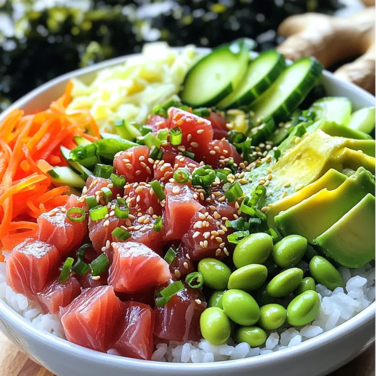 To make these tasty poke bowls, you need a few key ingredients. Here’s what you’ll need: - 1 cup sushi rice - 1 ¼ cups water - 8 oz sushi-grade tuna, diced - 2 tablespoons soy sauce - 1 tablespoon sesame oil - 1 teaspoon rice vinegar - 1 avocado, sliced - ½ cup cucumber, thinly sliced - ½ cup edamame, cooked and shelled - 1 small carrot, julienned - 2 green onions, finely chopped - 1 tablespoon sesame seeds - Seaweed salad (optional, for serving) - Pickled ginger (optional, for serving) These ingredients work together to create a fresh and vibrant dish. The sushi-grade tuna is key for flavor and safety. You can find this at most grocery stores or fish markets. The sushi rice and water ratio is important for the right texture. I recommend using 1 cup of sushi rice for every 1 ¼ cups of water. This ratio helps the rice cook perfectly. Rinse the rice until the water runs clear to remove the extra starch. This step makes the rice less sticky and more flavorful. While the key ingredients shine, you can add optional items for extra taste. Seaweed salad brings a salty crunch. Pickled ginger adds a nice zing. You can also add chili flakes for a spicy kick or other vegetables like radishes for crunch. Customize your poke bowl to suit your taste. Start by rinsing the sushi rice. Place it in a fine mesh strainer. Run cold water over it until the water runs clear. This step removes extra starch. It helps keep the rice fluffy. Next, add the rinsed rice to a medium saucepan. Pour in 1 ¼ cups of water. Bring the mixture to a boil over medium heat. Once boiling, reduce the heat to low. Cover the pan and let it simmer for 18 minutes. After that, check that the water is absorbed. Remove the pan from heat. Let the rice sit, covered, for 10 more minutes. This resting time makes the rice perfect for your poke bowls. While the rice cooks, you can prepare the tuna. Dice 8 oz of sushi-grade tuna into small cubes. Place the tuna in a bowl. Add 2 tablespoons of soy sauce, 1 tablespoon of sesame oil, and 1 teaspoon of rice vinegar. Mix everything gently to coat the tuna. Let it marinate for about 5 to 10 minutes. This step adds flavor and gives the tuna a nice texture. Now it’s time to assemble your poke bowls. Start with a generous scoop of sushi rice in each bowl. Fluff the rice with a fork for a light texture. Next, artistically arrange the marinated tuna on top of the rice. Add sliced avocado, thin cucumber, cooked edamame, and julienned carrot. Make it colorful and fun! Finish by sprinkling chopped green onions and sesame seeds on top. If you like, serve the bowls with seaweed salad and pickled ginger on the side. This adds an authentic touch and extra flavor. Enjoy your fresh and flavorful tuna poke bowls! To make the best sushi rice, rinse it well first. Rinse the rice under cold water until the water runs clear. This removes extra starch. A good rinse makes the rice less sticky. Use a medium saucepan for cooking. The water-to-rice ratio is key. Use 1 ¼ cups of water for each cup of sushi rice. Bring it to a boil, then lower the heat. Cover it and let it simmer for about 18 minutes. After cooking, let it sit for 10 minutes. This resting time helps the rice become perfect. Fluff it lightly with a fork before using. When picking tuna, look for sushi-grade quality. It should be bright red or pink. Freshness is key; it should smell like the ocean, not fishy. Check if it feels firm to the touch. Avoid tuna that looks dull or has brown spots. If you're unsure, talk to your fishmonger for advice. They can guide you to the best choices. Always ask if the tuna is safe for raw eating. This ensures you enjoy your poke bowl safely. For tasty poke bowls, your veggies need to be cut well. Use a sharp knife for clean cuts. For cucumbers, thin slices work best. Cut the avocado in half and remove the pit. Slice it gently for nice presentation. Julienne the carrot for a crunchy texture. Aim for uniform pieces so they look nice and cook evenly. When cutting green onions, chop them finely. This adds flavor without overpowering the dish. Arrange the veggies on top of the rice for a colorful bowl. {{image_2}} If you want to switch up your poke bowl, consider other proteins. You can use salmon, shrimp, or chicken. Salmon has a rich flavor and a soft texture. Shrimp offers a sweet taste and cooks quickly. Chicken gives a hearty option that is savory and filling. You don't need fish to enjoy poke bowls. Try using tofu or tempeh. Tofu absorbs flavors well and is creamy. Tempeh has a nutty taste and a firm texture. You can also use marinated mushrooms for a meaty bite. Add more veggies like bell peppers or radishes for crunch and colors. If you have dietary needs, you can make easy swaps. Use gluten-free soy sauce if you're avoiding gluten. For those who can't have rice, try quinoa or cauliflower rice. Avocado is creamy, but you can use a nut-based spread if you prefer. Make sure to check all labels for allergens. To store leftover tuna poke bowls, start by separating the ingredients. Place the sushi rice in one airtight container. Put the marinated tuna in another. This keeps each part fresh. Add the veggies, like avocado and cucumber, to a third container. Cover all containers tightly. Store them in the fridge. Use leftovers within 24 hours for the best taste. To keep your ingredients fresh, follow these tips: - Sushi Rice: Store cooked rice in an airtight container. Keep it at room temperature for a short time. If not used quickly, refrigerate it. - Tuna: Always use sushi-grade tuna. Wrap it tightly or place it in a sealed bag. Keep it cold in the fridge. - Vegetables: Keep sliced veggies in water. This helps them stay crisp. Change the water daily for freshness. When reheating, ensure the rice is warm but not dry. Here’s how: - Microwave: Place rice in a bowl. Add a splash of water. Cover with a damp paper towel. Heat for 30 seconds. Stir and heat again if needed. - Stovetop: Add rice to a pot with a few drops of water. Heat on low while stirring. For toppings, like edamame or carrots, you can microwave them too. Heat them for about 20 seconds. Enjoy your poke bowl fresh and tasty! Yes, you can use canned tuna. It offers a quick option. However, fresh sushi-grade tuna has better flavor and texture. If you choose canned tuna, opt for high-quality brands. Drain the tuna well to avoid excess liquid in your bowl. Mix it with soy sauce and sesame oil for extra taste. Leftovers from your poke bowl can last for about two days. Store the rice and toppings separately. Keep the tuna mixture in an airtight container. This method helps maintain freshness and texture. Discard any leftovers that show signs of spoilage. You can serve various side dishes with poke bowls. Some great options include: - Miso soup - Seaweed salad - Edamame - Pickled vegetables - Rice crackers These sides add flavor and balance to your meal. They also enhance the overall dining experience. In this article, we explored the key ingredients and steps for making delicious Minute Tuna Poke Bowls. I shared tips on cooking sushi rice, selecting fresh tuna, and assembling your bowl. There are also variations for different diets. Finally, we discussed storage methods to keep your meal fresh. With these insights, you can create tasty poke bowls that impress your family and friends. Enjoy the process and have fun experimenting with different flavors!