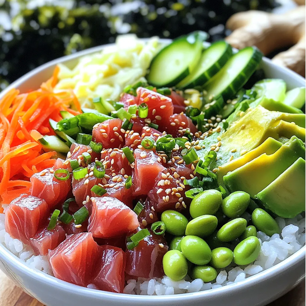 To make these tasty poke bowls, you need a few key ingredients. Here’s what you’ll need: - 1 cup sushi rice - 1 ¼ cups water - 8 oz sushi-grade tuna, diced - 2 tablespoons soy sauce - 1 tablespoon sesame oil - 1 teaspoon rice vinegar - 1 avocado, sliced - ½ cup cucumber, thinly sliced - ½ cup edamame, cooked and shelled - 1 small carrot, julienned - 2 green onions, finely chopped - 1 tablespoon sesame seeds - Seaweed salad (optional, for serving) - Pickled ginger (optional, for serving) These ingredients work together to create a fresh and vibrant dish. The sushi-grade tuna is key for flavor and safety. You can find this at most grocery stores or fish markets. The sushi rice and water ratio is important for the right texture. I recommend using 1 cup of sushi rice for every 1 ¼ cups of water. This ratio helps the rice cook perfectly. Rinse the rice until the water runs clear to remove the extra starch. This step makes the rice less sticky and more flavorful. While the key ingredients shine, you can add optional items for extra taste. Seaweed salad brings a salty crunch. Pickled ginger adds a nice zing. You can also add chili flakes for a spicy kick or other vegetables like radishes for crunch. Customize your poke bowl to suit your taste. Start by rinsing the sushi rice. Place it in a fine mesh strainer. Run cold water over it until the water runs clear. This step removes extra starch. It helps keep the rice fluffy. Next, add the rinsed rice to a medium saucepan. Pour in 1 ¼ cups of water. Bring the mixture to a boil over medium heat. Once boiling, reduce the heat to low. Cover the pan and let it simmer for 18 minutes. After that, check that the water is absorbed. Remove the pan from heat. Let the rice sit, covered, for 10 more minutes. This resting time makes the rice perfect for your poke bowls. While the rice cooks, you can prepare the tuna. Dice 8 oz of sushi-grade tuna into small cubes. Place the tuna in a bowl. Add 2 tablespoons of soy sauce, 1 tablespoon of sesame oil, and 1 teaspoon of rice vinegar. Mix everything gently to coat the tuna. Let it marinate for about 5 to 10 minutes. This step adds flavor and gives the tuna a nice texture. Now it’s time to assemble your poke bowls. Start with a generous scoop of sushi rice in each bowl. Fluff the rice with a fork for a light texture. Next, artistically arrange the marinated tuna on top of the rice. Add sliced avocado, thin cucumber, cooked edamame, and julienned carrot. Make it colorful and fun! Finish by sprinkling chopped green onions and sesame seeds on top. If you like, serve the bowls with seaweed salad and pickled ginger on the side. This adds an authentic touch and extra flavor. Enjoy your fresh and flavorful tuna poke bowls! To make the best sushi rice, rinse it well first. Rinse the rice under cold water until the water runs clear. This removes extra starch. A good rinse makes the rice less sticky. Use a medium saucepan for cooking. The water-to-rice ratio is key. Use 1 ¼ cups of water for each cup of sushi rice. Bring it to a boil, then lower the heat. Cover it and let it simmer for about 18 minutes. After cooking, let it sit for 10 minutes. This resting time helps the rice become perfect. Fluff it lightly with a fork before using. When picking tuna, look for sushi-grade quality. It should be bright red or pink. Freshness is key; it should smell like the ocean, not fishy. Check if it feels firm to the touch. Avoid tuna that looks dull or has brown spots. If you're unsure, talk to your fishmonger for advice. They can guide you to the best choices. Always ask if the tuna is safe for raw eating. This ensures you enjoy your poke bowl safely. For tasty poke bowls, your veggies need to be cut well. Use a sharp knife for clean cuts. For cucumbers, thin slices work best. Cut the avocado in half and remove the pit. Slice it gently for nice presentation. Julienne the carrot for a crunchy texture. Aim for uniform pieces so they look nice and cook evenly. When cutting green onions, chop them finely. This adds flavor without overpowering the dish. Arrange the veggies on top of the rice for a colorful bowl. {{image_2}} If you want to switch up your poke bowl, consider other proteins. You can use salmon, shrimp, or chicken. Salmon has a rich flavor and a soft texture. Shrimp offers a sweet taste and cooks quickly. Chicken gives a hearty option that is savory and filling. You don't need fish to enjoy poke bowls. Try using tofu or tempeh. Tofu absorbs flavors well and is creamy. Tempeh has a nutty taste and a firm texture. You can also use marinated mushrooms for a meaty bite. Add more veggies like bell peppers or radishes for crunch and colors. If you have dietary needs, you can make easy swaps. Use gluten-free soy sauce if you're avoiding gluten. For those who can't have rice, try quinoa or cauliflower rice. Avocado is creamy, but you can use a nut-based spread if you prefer. Make sure to check all labels for allergens. To store leftover tuna poke bowls, start by separating the ingredients. Place the sushi rice in one airtight container. Put the marinated tuna in another. This keeps each part fresh. Add the veggies, like avocado and cucumber, to a third container. Cover all containers tightly. Store them in the fridge. Use leftovers within 24 hours for the best taste. To keep your ingredients fresh, follow these tips: - Sushi Rice: Store cooked rice in an airtight container. Keep it at room temperature for a short time. If not used quickly, refrigerate it. - Tuna: Always use sushi-grade tuna. Wrap it tightly or place it in a sealed bag. Keep it cold in the fridge. - Vegetables: Keep sliced veggies in water. This helps them stay crisp. Change the water daily for freshness. When reheating, ensure the rice is warm but not dry. Here’s how: - Microwave: Place rice in a bowl. Add a splash of water. Cover with a damp paper towel. Heat for 30 seconds. Stir and heat again if needed. - Stovetop: Add rice to a pot with a few drops of water. Heat on low while stirring. For toppings, like edamame or carrots, you can microwave them too. Heat them for about 20 seconds. Enjoy your poke bowl fresh and tasty! Yes, you can use canned tuna. It offers a quick option. However, fresh sushi-grade tuna has better flavor and texture. If you choose canned tuna, opt for high-quality brands. Drain the tuna well to avoid excess liquid in your bowl. Mix it with soy sauce and sesame oil for extra taste. Leftovers from your poke bowl can last for about two days. Store the rice and toppings separately. Keep the tuna mixture in an airtight container. This method helps maintain freshness and texture. Discard any leftovers that show signs of spoilage. You can serve various side dishes with poke bowls. Some great options include: - Miso soup - Seaweed salad - Edamame - Pickled vegetables - Rice crackers These sides add flavor and balance to your meal. They also enhance the overall dining experience. In this article, we explored the key ingredients and steps for making delicious Minute Tuna Poke Bowls. I shared tips on cooking sushi rice, selecting fresh tuna, and assembling your bowl. There are also variations for different diets. Finally, we discussed storage methods to keep your meal fresh. With these insights, you can create tasty poke bowls that impress your family and friends. Enjoy the process and have fun experimenting with different flavors!