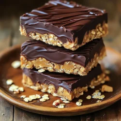 In this section, I will list the key ingredients for No-Bake Chocolate Peanut Butter Oat Bars. Each one plays an important role in flavor and texture. - 2 cups rolled oats - 1 cup creamy peanut butter - 1/2 cup honey or maple syrup - 1/2 cup dark chocolate chips - 1/4 cup unsweetened cocoa powder - 1 teaspoon vanilla extract - Pinch of salt - Optional: 1/2 cup chopped nuts (almonds or walnuts) These ingredients work together to create a tasty, no-bake treat. Rolled oats give the bars a chewy base. Creamy peanut butter adds richness and protein. Honey or maple syrup provides natural sweetness. Dark chocolate chips create a decadent topping. Unsweetened cocoa powder enhances the chocolate flavor. A hint of vanilla adds warmth. A pinch of salt balances the sweetness. If you want a crunch, add nuts. Gather these ingredients before you start. It makes cooking easier and more fun. You will enjoy every bite of these bars. 1. In a large mixing bowl, combine the rolled oats, cocoa powder, and salt. This step ensures the cocoa blends well. 2. In a separate bowl, mix the creamy peanut butter and honey or maple syrup. Heat this mix in the microwave for 30 to 45 seconds. It should be warm and slightly melted. Stir until smooth. 3. Add the vanilla extract to the peanut butter mix, blending until it is nice and creamy. 4. Pour this wet mix over the dry oat mix. Stir well with a spatula until all the oats are coated. For crunch, you can fold in chopped nuts at this point. 1. Line an 8x8 inch baking dish with parchment paper. Leave some paper over the edges. This makes it easy to lift the bars out later. 2. Transfer the oat mixture to the lined dish. Press it down firmly with your hands or the back of a spatula. Aim for an even layer that is compact. 1. In a microwave-safe bowl, melt the dark chocolate chips. Do this in 30-second intervals, stirring in between until it is smooth. 2. Pour the melted chocolate over the oat mixture. Use a spatula to spread it evenly across the top. 3. Refrigerate the dish for at least 1 to 2 hours until the chocolate is set. Now, your bars are ready to enjoy! - Ensuring even distribution of cocoa powder: Mix the cocoa powder with oats and salt well. This helps spread the chocolate flavor throughout the bars. Look for a light brown color to know it is even. - How to properly melt chocolate in the microwave: Use a microwave-safe bowl. Heat the dark chocolate chips in short bursts, about 30 seconds. Stir after each burst. This prevents burning and helps the chocolate melt smoothly. - Techniques for pressing the mixture firmly: Use your hands or the back of a spatula. Press down hard to make it compact. This step keeps the bars from crumbling later. - Presentation tips for serving: Stack the bars neatly on a plate. This looks nice and makes serving easy. You can also cut them into fun shapes for a treat. - Drizzle and garnish ideas: Drizzle melted chocolate on top for flair. You can sprinkle oats or chopped nuts as a garnish. This makes the bars look extra tasty and inviting. {{image_2}} You can change the flavor of your bars easily. Try using different nut butters. Almond or cashew butter works great too. They will give your bars a new taste. You can also add dried fruits. Dried cranberries or raisins add a nice chew. This makes the bars more fun and flavorful. If you want to change the texture, try different oats. You can use quick oats or steel-cut oats for a new crunch. Each type gives a different bite. Adding seeds is another great idea. Chia or flax seeds can boost nutrition. They add a nice crunch and are good for you. Experiment with these options to find your favorite mix! To keep your No-Bake Chocolate Peanut Butter Oat Bars fresh, store them in an airtight container. This helps to prevent moisture from ruining their texture. I recommend using a glass or plastic container with a tight seal. Place parchment paper between layers if stacking, so they do not stick together. If you want to save some bars for later, freezing is a great option. Wrap each bar in plastic wrap or aluminum foil. Then, place them in a freezer-safe bag or container. For best results, eat them within three months. When you’re ready to enjoy, thaw the bars in the fridge overnight. This way, they stay soft and tasty. Can I use natural peanut butter instead? Yes, you can use natural peanut butter. It adds a nice texture. Just make sure it’s stirred well before using. How long do these bars stay fresh? These bars stay fresh for about one week. Store them in an airtight container at room temperature. What can I substitute for honey or maple syrup? You can use agave syrup or brown rice syrup. Both will work well in this recipe. Are these bars gluten-free? Yes, these bars can be gluten-free. Just use certified gluten-free oats. Can I make these vegan-friendly? Absolutely! Use maple syrup instead of honey and vegan chocolate chips. This keeps it plant-based. These no-bake bars are easy and tasty. We mixed simple ingredients like oats, peanut butter, and chocolate. You learned the steps to prepare, assemble, and store them. I shared tips for great texture and flavor. You can switch ingredients to match your taste and even freeze them. Enjoy making these snacks for yourself or friends. They’re healthy, fun, and a real treat! Try them out and get creative!