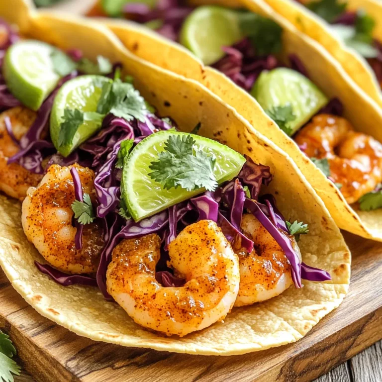 - 1 pound shrimp, peeled and deveined - 2 tablespoons olive oil - 2 teaspoons chili powder - 1 teaspoon cumin - 1 teaspoon garlic powder - 1 teaspoon smoked paprika - Zest and juice of 2 limes - Salt and pepper to taste - 8 small corn or flour tortillas - 1 cup red cabbage, finely shredded - 1 avocado, sliced - Fresh cilantro, chopped, for garnish - Lime wedges, for serving The main stars of this dish are the shrimp and olive oil. The shrimp should be fresh, peeled, and deveined for the best taste and texture. Olive oil helps the spices stick and adds richness. Next, we have our seasoning. Chili powder brings heat, while cumin adds earthiness. Garlic powder gives a punch of flavor, and smoked paprika adds a subtle smokiness. The zest and juice of the limes brighten up the whole dish. Salt and pepper enhance all the flavors. For the taco assembly, corn or flour tortillas are a must. They hold the shrimp and toppings perfectly. Red cabbage adds crunch and color. Avocado brings creaminess, and fresh cilantro adds a pop of flavor. Finally, lime wedges serve as the perfect finishing touch. Squeeze them on right before you take a bite! First, preheat your oven to 400°F (200°C). This step is key for cooking the shrimp perfectly. Next, line a large baking sheet with parchment paper. This makes cleaning up easy later. In a large bowl, combine 1 pound of peeled and deveined shrimp with 2 tablespoons of olive oil. Add 2 teaspoons of chili powder, 1 teaspoon of cumin, 1 teaspoon of garlic powder, and 1 teaspoon of smoked paprika. Don’t forget the zest and juice of 2 limes, plus salt and pepper to taste. Toss everything together until the shrimp are coated well. This mix gives the shrimp a bright, spicy taste. Spread the seasoned shrimp in a single layer on the baking sheet. Avoid crowding them so they cook evenly. Bake for 8-10 minutes. The shrimp should turn pink and opaque. Stir halfway through cooking for even heat. While the shrimp bake, warm 8 small corn or flour tortillas. You can do this in the oven or in a skillet until they are soft. Once the shrimp are done, it's time to assemble your tacos. Start with a handful of shredded red cabbage on each tortilla. Add a few pieces of shrimp on top, then layer on slices of avocado. Finish with fresh cilantro and a squeeze of lime juice. Each bite will burst with flavor! To get the best texture, avoid overcooking the shrimp. Overcooked shrimp can turn rubbery and tough. Cook them for just 8-10 minutes until they are pink and opaque. Stir the shrimp halfway through baking. This helps them cook evenly and get that nice, charred flavor. Warming your tortillas is key to a great taco. You can warm them in the oven or on a skillet. If using the oven, place them directly on the rack for a few minutes. If using a skillet, heat it on medium and warm the tortillas for about 30 seconds on each side. For the best flavor, choose corn tortillas. They add a nice texture and a bit of sweetness. Presentation matters when serving tacos. Use a wooden platter for a rustic look. Add lime wedges on the side for a pop of color. Sprinkle extra cilantro over the tacos for a fresh touch. Serve with side dishes like rice, beans, or a simple salad. These will complete your meal and balance the flavors. {{image_2}} You can easily swap shrimp for chicken or tofu for a new taste. Chicken thighs work great if you want meat. Cut the chicken into bite-sized pieces and season like the shrimp. For a plant-based option, try tofu. Press it first to remove extra water, then cube it. Both options cook well with the same spices. If you want to explore more seafood, scallops or firm fish are great choices. Just remember to adjust the cooking time. Fish cooks faster, while scallops may need a bit longer than shrimp. Changing up the spices can bring a fresh twist. Try adding smoked chipotle for heat or fresh herbs like cilantro or parsley for a bright flavor. You can also mix in fruits like mango or pineapple. Their sweetness pairs well with lime and chili. Just toss the diced fruit in right before serving to keep it fresh. If you need gluten-free options, choose corn tortillas. They are tasty and add a nice crunch. For a vegan version, stick with tofu or skip the seafood altogether. Use extra veggies like bell peppers and zucchini for a hearty meal. You can also use plant-based sour cream or yogurt instead of avocado for creaminess. To keep your leftover tacos fresh, store them in an airtight container. Place the shrimp and toppings separately to prevent sogginess. In the fridge, they last about 2-3 days. After that, the shrimp may lose their flavor and texture. You can freeze cooked shrimp or fully assembled tacos. If freezing shrimp, lay them flat on a baking sheet first. Once frozen, transfer to a freezer bag. They can last up to three months in the freezer. For assembled tacos, wrap them tightly in foil. Thaw them in the fridge overnight for the best texture. Always reheat gently to avoid rubbery shrimp. You can tell shrimp are cooked when they turn pink and opaque. The shrimp should curl into a C shape. If they remain gray or are too firm, they need more time. Cooked shrimp will also feel slightly firm to the touch. Yes, you can prepare some parts in advance. Chop the cabbage and slice the avocado a few hours ahead. Store them in the fridge to keep them fresh. You can also marinate the shrimp and refrigerate them up to a day before cooking. Just be sure to bake them right before serving. You can add many tasty toppings. Consider using diced tomatoes, sliced jalapeños, or crumbled queso fresco. A simple pico de gallo adds freshness. For a creamy touch, try a dollop of sour cream or a drizzle of spicy mayo. Each adds a new flavor to your tacos. To change the heat level, use milder or spicier chili powder. You can also remove the seeds from jalapeños if you want less heat. For extra spice, add cayenne pepper or hot sauce. Just remember, a little goes a long way! Adjust to your taste for the best result. These shrimp tacos offer easy flavors and delightful toppings. You can make them in no time by following our simple steps. Remember to cook the shrimp just right for the best taste. You can also mix and match toppings to please your guests. Enjoy experimenting with the recipe by trying different proteins and spices. With a few tips, you can impress anyone with your taco skills. So, grab your ingredients and get cooking; a tasty meal awaits!