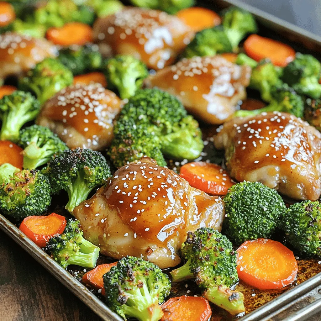 - 1.5 lbs chicken thighs, boneless and skinless - 4 cups broccoli florets - 1 red bell pepper, sliced - 1 cup carrot, sliced - 1/3 cup sweet chili sauce - 2 tablespoons soy sauce - 2 tablespoons olive oil - 1 teaspoon garlic powder - 1 teaspoon ginger powder - Salt and pepper to taste - Sesame seeds for garnish This dish shines with juicy chicken thighs, bright broccoli, sweet peppers, and carrots. Each ingredient plays a role in the taste and health of this meal. The chicken thighs are tender and soak up the marinade well. Broccoli adds crunch and nutrients. Red bell pepper brings color and sweetness. Carrots add a slight earthiness. The marinade combines sweet chili sauce, soy sauce, and olive oil. Garlic and ginger powders enhance the flavor. This mix gives the chicken its sweet and savory notes. Don’t forget the salt and pepper! They bring out the taste of each ingredient. Lastly, sprinkle sesame seeds on top for a nice crunch. These ingredients create a delicious and healthy meal. You can enjoy the flavors together in just one pan! To start, you need to mix the marinade. In a large bowl, combine: - 1/3 cup sweet chili sauce - 2 tablespoons soy sauce - 2 tablespoons olive oil - 1 teaspoon garlic powder - 1 teaspoon ginger powder - Salt and pepper to taste Stir the ingredients until they blend well. This marinade gives the chicken a sweet and spicy kick. Next, add the 1.5 lbs of boneless, skinless chicken thighs to the bowl. Make sure every piece is coated in the marinade. Cover the bowl and let it sit for at least 15 minutes. This step lets the flavors soak in, making the chicken tasty and juicy. Once the chicken is marinated, it’s time to assemble the dish. Preheat your oven to 400°F (200°C). On a large baking sheet, arrange the marinated chicken in the center. Now, surround the chicken with 4 cups of broccoli florets, 1 sliced red bell pepper, and 1 cup of sliced carrots. This colorful mix adds nutrition and crunch. Drizzle a bit more olive oil over the vegetables. Then, sprinkle salt and pepper on top. Toss the veggies gently to coat them with oil and seasoning. This step ensures every bite is flavorful. Place the sheet pan in the preheated oven. Bake everything for 25-30 minutes. Keep an eye on the chicken. You want it to reach an internal temperature of 165°F. This means it is fully cooked. Once done, take the sheet pan out of the oven. Let the dish rest for 5 minutes. This rest time helps the juices settle. Finally, sprinkle sesame seeds over the meal for a nice finish. You now have a delicious meal ready to serve! Duration for maximum flavor Marinate the chicken for at least 15 minutes. For deeper flavor, try 30 minutes or more. This allows the sweet chili sauce and soy sauce to soak in well. If you have time, marinating overnight works great. How to avoid drying out the chicken Keep the chicken thighs in the marinade. This helps lock in moisture. Avoid overcooking by checking the internal temperature. It should reach 165°F. Using thighs instead of breasts also helps, as they stay juicy. Ideal sizes for even cooking Cut the broccoli florets into similar sizes. Aim for pieces about 1 to 2 inches. Slice the red bell pepper and carrots thinly. This ensures all the veggies cook at the same rate. Seasonal vegetable substitutions You can switch out the broccoli or carrots for other seasonal veggies. Try green beans in spring or butternut squash in fall. This keeps the dish fresh and exciting all year round. Presentation tips Serve the chicken and veggies right from the sheet pan. This gives a rustic look. For a nicer touch, sprinkle sesame seeds on top before serving. It adds color and crunch. Pairing options (rice, noodles, etc.) Pair this dish with rice or noodles. They soak up the sauce well. For a healthier option, serve it with quinoa. This adds protein and a nutty flavor to the meal. {{image_2}} You can swap the chicken thighs for tofu or shrimp. Tofu gives a nice, meaty texture and works well with the sauce. Use firm tofu for the best results. Just press it to remove excess water, then cut it into cubes. For shrimp, make sure to use large, peeled shrimp. Keep in mind that cooking times differ: - Tofu: Bake for about 20-25 minutes. - Shrimp: Bake for about 15-18 minutes until they turn pink. Feel free to use homemade sweet chili sauce if you want to customize the flavor. It’s simple and can be spiced up. You could add more heat with chili flakes or a splash of sriracha. For a tangy twist, mix in lime juice or rice vinegar. Each variation gives a fresh take on the dish, making it fun to experiment. You can boost nutrition by adding more veggies. Zucchini, bell peppers, or snap peas work well in this dish. Try using seasonal produce, too. In summer, add fresh corn or cherry tomatoes. In fall, consider butternut squash or Brussels sprouts. Mixing different vegetables not only adds color but also brings new flavors to your meal. To store leftovers, let the dish cool first. Place the chicken and veggies in a container. Use an airtight container for best results. This keeps flavors locked in. For freezing, make sure the dish is cool. Place portions in freezer-safe bags. Squeeze out as much air as you can. This helps avoid freezer burn. When you want to enjoy it, take out a portion. Let it thaw in the fridge overnight. Reheat in the oven at 350°F until hot. You can add a splash of water to keep it moist. In the fridge, this dish stays good for about three days. Check for any off smells or changes in color. These are signs of spoilage. If you see any, it's best to toss it out. Marinating the chicken is key to tenderness. Marinating adds flavor and moisture. For this recipe, I use a mix of sweet chili sauce, soy sauce, olive oil, garlic powder, and ginger powder. These flavors soak into the chicken. I recommend marinating for at least 15 minutes. If you have more time, try marinating for an hour. The longer, the better! This step makes a big difference in taste and texture. Yes, you can use frozen chicken, but you need to adjust the cooking time. When using frozen chicken, increase the baking time by about 10 to 15 minutes. Make sure you check the internal temperature. It should reach 165°F for safety. Also, thawing the chicken in the fridge overnight helps it cook evenly. If you forget to thaw, just add more time in the oven. This dish pairs well with many sides. Rice is a great choice. It soaks up the sauce nicely. You can also serve it with noodles for a fun twist. Adding a fresh salad can balance the meal too. Try a simple cucumber salad or coleslaw. These sides complement the sweet chili flavors. They add a nice crunch and freshness to your plate. This blog post covered a delicious sheet-pan meal. We discussed the main ingredients, like chicken thighs and broccoli, and created a tasty marinade. You learned how to prepare, assemble, and bake the dish for great flavor. I shared tips for marinating and storing leftovers, too. In summary, feel free to experiment with proteins and veggies. This recipe offers many ways to enjoy fresh tastes. Enjoy cooking and sharing this simple yet tasty dish with your loved ones!