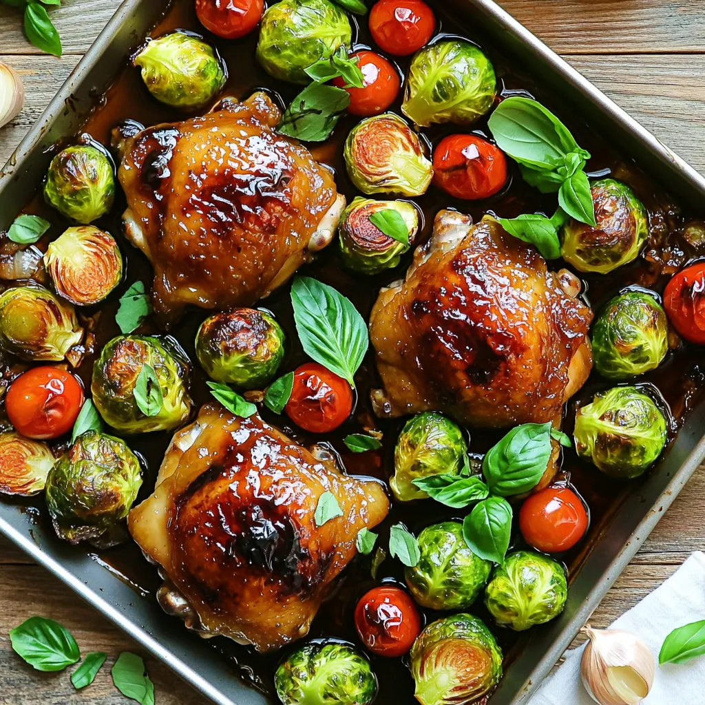 - 4 boneless, skinless chicken thighs - 1 pound Brussels sprouts, trimmed and halved - 1 cup cherry tomatoes, halved The main ingredients in this dish create a great mix of flavors. Chicken thighs stay juicy and tender. Brussels sprouts add a nice crunch and earthiness. Cherry tomatoes bring a sweet burst of flavor. The combination makes each bite a delight. - 1/4 cup balsamic vinegar - 2 tablespoons honey - 3 cloves garlic, minced - 2 tablespoons olive oil - 1 teaspoon dried oregano The marinade is where the magic happens. Balsamic vinegar gives a tangy kick. Honey balances it with sweetness. Garlic adds depth, while olive oil helps make everything juicy. Oregano offers a hint of herbiness that ties it all together. Letting the chicken soak in this mixture enhances the flavor. - Salt and pepper to taste - Fresh basil leaves for garnish (optional) Seasoning with salt and pepper is key. It draws out the flavors in the chicken and veggies. Fresh basil leaves add a pop of color and brightness when you serve. Just sprinkle them on top right before serving to impress your guests. First, we need to set the right temperature. Preheat your oven to 425°F (220°C). This heat helps the chicken and veggies cook just right. Next, let’s make the marinade for our chicken thighs. In a large bowl, whisk together: - 1/4 cup balsamic vinegar - 2 tablespoons honey - 3 cloves garlic, minced - 2 tablespoons olive oil - 1 teaspoon dried oregano - Salt and pepper to taste Add the chicken thighs to the bowl. Make sure each piece is well coated in the marinade. Let them sit for about 15 to 20 minutes. This step adds great flavor! Now it's time to prep our veggies. Start with the Brussels sprouts. Trim off the ends and cut them in half. This helps them roast evenly. Next, grab your cherry tomatoes and cut them in half as well. This will let their juices mix with the other flavors. Take a large sheet pan and arrange the halved Brussels sprouts and cherry tomatoes in a single layer. Drizzle them with olive oil and sprinkle salt and pepper on top. Toss everything to coat well. Now, make some space in the center of the pan. Lay the marinated chicken thighs in that spot. Pour any leftover marinade over both the chicken and veggies. Now, it’s time to roast everything! Place the sheet pan in the preheated oven. Roast for about 25 to 30 minutes. The chicken should reach an internal temperature of 165°F (75°C). The Brussels sprouts will become tender and caramelized. When it’s done, remove the pan from the oven and let it sit for a few minutes. This helps the juices settle. If you like, add fresh basil leaves on top before serving to make it look even better! How long to marinate chicken? Marinate the chicken for 15 to 20 minutes. This time lets the flavors soak in well. You can even marinate it longer in the fridge, up to overnight, for a deeper taste. Adjusting sweetness and flavor If you like it sweeter, add more honey. For a tangier kick, increase the balsamic vinegar. Always taste the marinade before adding the chicken. This way, you can tweak it to your liking. How to know when chicken is done? Use a meat thermometer to check the chicken. It should reach 165°F (75°C). If you don’t have one, cut into the chicken. If the juices run clear, it’s done. Tips for roasting vegetables perfectly Cut the Brussels sprouts and tomatoes evenly. This ensures they cook at the same rate. Add a bit of olive oil, salt, and pepper for flavor. Stir them halfway through cooking to avoid burning. Pairing with sides This dish goes great with rice or a simple salad. You can also serve it with crusty bread to soak up the juices. Best ways to serve the dish Serve the chicken and veggies right from the pan for a family-style meal. Garnish with fresh basil if you like. It adds a nice touch and color to the dish. {{image_2}} You can switch up the veggies in this dish. If you don't like Brussels sprouts, try broccoli or green beans. Both work great. You can also mix in bell peppers for some color and crunch. If chicken thighs aren't your favorite, you can use chicken breasts instead. Just remember to adjust the cooking time. Breasts cook faster than thighs. You could also try turkey thighs for a different flavor. To boost flavor, add spices like paprika or cumin. These spices add warmth and depth. Fresh herbs like thyme or rosemary can also add a nice touch. You can toss them in with the marinade for extra flavor. For a twist on the marinade, try adding soy sauce or mustard. A splash of orange juice can bring a sweet and tangy note. These small changes make a big difference in taste. Want to make this dish low-carb? Skip the honey and use a sugar substitute. You can also add more non-starchy veggies for fiber. Cauliflower is a great option that fits well. If you have dietary restrictions, you can make this dish gluten-free. Just ensure your balsamic vinegar is gluten-free. For dairy-free diets, this recipe is already safe and delicious! To store leftovers, let the dish cool first. Place the chicken and vegetables in an airtight container. This keeps them fresh and prevents odors. I suggest using glass containers. They are sturdy and help keep your food safe. You can freeze both cooked and uncooked versions of this dish. For cooked chicken, let it cool down and pack in freezer bags. Remove as much air as possible. This prevents freezer burn. For uncooked chicken, marinate it, then freeze. Just remember to thaw it in the fridge before cooking. When reheating, do so slowly. Use the oven or a microwave. Make sure the chicken reaches 165°F (75°C) again. This keeps it safe to eat. In the fridge, this dish stays fresh for about 3 to 4 days. Always check for signs of spoilage. If you see mold or an off smell, it’s best to throw it away. Fresh chicken should never have a slimy texture. Trust your senses; when in doubt, discard it. Yes, you can use other meats. Pork tenderloin is a great choice. It cooks fast and absorbs flavors well. You might also try turkey breast for a leaner option. If you prefer beef, use flank steak cut into strips. Just adjust the cooking time to make sure it’s fully cooked. This dish pairs well with many sides. Here are some tasty options: - Quinoa for a healthy grain. - Garlic bread for a nice crunch. - A fresh green salad with a light vinaigrette. - Mashed potatoes for comfort. - Rice pilaf for a fragrant side. Mix and match to find your favorite combo! Yes, this recipe is great for meal prep. Here are some tips: - Marinate chicken the night before for better flavor. - Cook a double batch and store extra portions. - Use airtight containers to keep meals fresh. - Reheat in the oven or microwave when ready to eat. With these tips, you can enjoy this dish all week! This recipe showcases tasty chicken thighs baked with Brussels sprouts and cherry tomatoes. You learned how to marinate with balsamic, honey, and garlic. I shared tips for perfecting the marinade, cooking times, and serving ideas. Feel free to switch up the veggies or adjust flavors. Enjoy leftovers in your fridge, or freeze for later meals. This dish is simple, healthy, and good for your table anytime. Give it a try and make it your own!