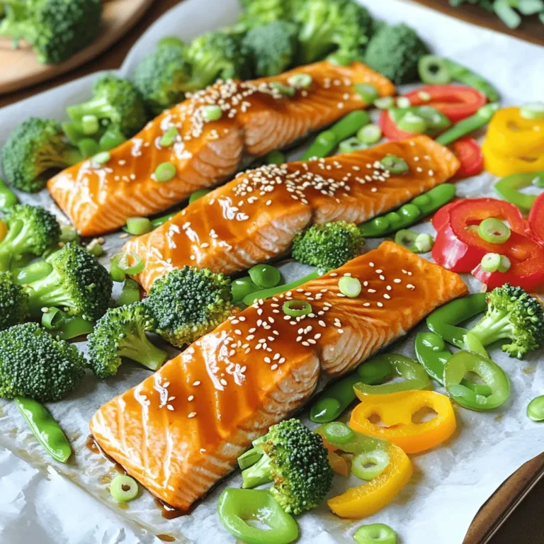 - 4 salmon fillets (about 6 ounces each) - 2 cups broccoli florets - 1 bell pepper (red or yellow), sliced - 1 cup snap peas, trimmed - 1/4 cup teriyaki sauce - 2 tablespoons olive oil - 2 cloves garlic, minced - 1 teaspoon fresh ginger, grated - Salt and pepper to taste These main ingredients make your sheet pan meal vibrant and tasty. Salmon is rich in protein and omega-3 fatty acids. Broccoli adds crunch and fiber. The bell pepper and snap peas bring color and sweetness. - Sesame seeds for garnish - Green onions, chopped for garnish Garnishes add a special touch. Sesame seeds give a nutty flavor. Green onions add a fresh crunch and bright color. Use them to make your dish pop! - Olive oil alternatives Olive oil works well here, but you can use other oils. Canola oil or avocado oil are great choices too. They all help to roast the veggies and keep the salmon moist. Choose what you like best! 1. Preheat the oven: Start by setting your oven to 400°F (200°C). This gets it hot and ready for our salmon and veggies. 2. Prepare the baking sheet: Line a large baking sheet with parchment paper. This makes cleanup a breeze and prevents sticking. 3. Mix the sauce: In a small bowl, combine 1/4 cup of teriyaki sauce, 2 tablespoons of olive oil, 2 minced garlic cloves, and 1 teaspoon of grated ginger. Stir it well and set it aside for later. 1. Arrange the salmon: Place 4 salmon fillets in the center of the baking sheet. Season them lightly with salt and pepper to enhance the flavor. 2. Add the veggies: Surround the salmon with 2 cups of broccoli florets, 1 sliced bell pepper, and 1 cup of trimmed snap peas. This colorful mix adds flavor and nutrients. 3. Drizzle the sauce: Pour half of the teriyaki sauce mixture over the salmon and vegetables. Ensure everything gets coated nicely. 4. Bake: Put the baking sheet in the oven. Bake for 15-20 minutes. The salmon should flake easily with a fork and the veggies should be tender-crisp. 5. Finish baking: With 5 minutes left, drizzle the rest of the teriyaki sauce over the salmon. This boosts the flavor even more. 1. Rest the dish: Once done, take it out of the oven and let it rest for a couple of minutes. This helps the flavors settle. 2. Garnish: Sprinkle sesame seeds and chopped green onions over the dish. This adds a nice crunch and fresh flavor. 3. Serve: Enjoy your beautiful, tasty meal right away! The colors and aromas will impress everyone. To tell when salmon is done, look for a few signs. The meat should change from bright pink to a lighter color. It should also flake easily with a fork. Use a fork to test a thick part of the fillet. If it falls apart, it's ready. Cook salmon to an internal temp of 145°F. If you have a meat thermometer, that works great! For broccoli and snap peas, keep their crispness. Cut broccoli into bite-sized florets. This helps it cook evenly. The smaller pieces cook faster, so they stay tender-crisp. Add snap peas whole, as they need little time to cook. You want them bright green and still crunchy. If you overcook, they will turn mushy. You can customize the teriyaki sauce in many ways. For a sweeter sauce, add honey or brown sugar. If you like heat, mix in some red pepper flakes or Sriracha. Want a tangy twist? Add a splash of rice vinegar or lime juice. Feel free to play around with the ingredients until you find your perfect flavor. {{image_2}} You can easily change up the veggies and protein in this dish. If you want a different taste, try these options: - Vegetables: Swap broccoli for asparagus, green beans, or carrots. Each brings a new flavor. - Protein: Use chicken breast or tofu instead of salmon. Both work well with teriyaki sauce. These swaps keep the dish fresh and fun. To boost the taste, add these spices or sauces: - Spices: A dash of red pepper flakes gives a nice kick. You can also try smoked paprika for a smoky flavor. - Sauces: Mix in a bit of honey or sriracha for sweetness or heat. You can also add lime juice for a zesty touch. These small changes can make a big difference in flavor. Pair your teriyaki salmon with these side dishes: - Rice: Steamed white rice or brown rice complements the dish well. - Quinoa: This healthy grain adds protein and texture. - Salad: A fresh cucumber or avocado salad can balance the meal. These sides enhance the overall experience and create a well-rounded meal. To keep your teriyaki salmon and broccoli fresh, start by placing leftovers in an airtight container. This helps prevent spoilage. Store the container in the fridge. It will last about 3 days. Make sure the salmon and veggies cool down before sealing. This prevents steam buildup, which can make them soggy. To reheat your salmon and broccoli, use the oven for the best taste. Preheat your oven to 350°F (175°C). Place the food on a baking sheet. Cover it with foil to keep moisture in. Heat for about 10-15 minutes. Check if it is warm throughout. You can also reheat in the microwave. Use a microwave-safe dish and cover it loosely. Heat in short bursts, stirring in between, to avoid overcooking. Yes, you can freeze cooked salmon and broccoli! For best results, wrap each piece tightly in plastic wrap. Then, place them in a freezer-safe bag. Remove as much air as possible before sealing. They can last up to 3 months in the freezer. When ready to eat, thaw in the fridge overnight. Then, reheat as mentioned before for the best flavor and texture. Cooking teriyaki salmon takes about 15 to 20 minutes. The time depends on how thick your salmon is. For fillets around 1 inch thick, aim for 15 minutes. Thicker fillets may need a few extra minutes. You want the salmon to flake easily when you poke it with a fork. Yes, you can use frozen salmon. Just remember to thaw it first. Place the frozen salmon in the fridge overnight. If you need it fast, run cold water over it. Avoid using hot water, as this can make the fish cook unevenly. Frozen salmon might take a bit longer to cook. Check it at the 20-minute mark to see if it’s done. Great side dishes include rice or quinoa. Both pair nicely with teriyaki flavors. You can also serve a fresh salad or a crunchy cucumber salad. These options balance the rich taste of the salmon. For a veggie boost, try roasted carrots or sweet potatoes. In this blog post, we explored the main ingredients for a tasty teriyaki salmon dish. You learned about essential components like salmon and broccoli, along with optional garnishes. The step-by-step cooking guide ensured you can bake salmon and veggies perfectly. We shared tips for achieving the best texture and customizing your sauce. Finally, remember to store leftovers properly to keep your meal fresh. With these insights, you can make a delicious meal that satisfies your taste buds and is easy to prepare. Enjoy your cooking adventure!
