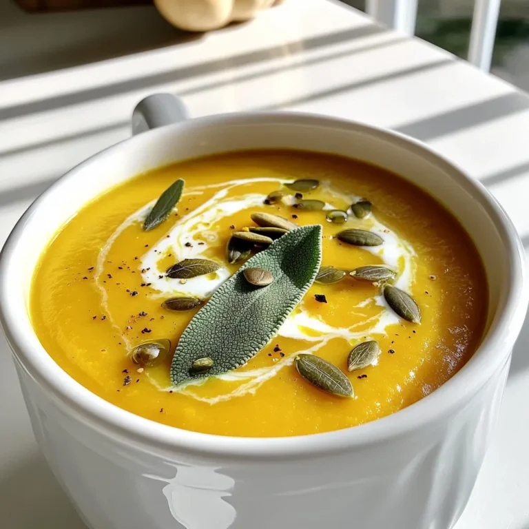 To make a warm bowl of butternut squash sage soup, gather these main items: - 1 medium butternut squash, peeled, seeded, and cubed - 1 onion, chopped - 2 cloves garlic, minced - 3 cups vegetable broth - 1 cup coconut milk - 1 tablespoon fresh sage, chopped (or 1 teaspoon dried sage) - 1 tablespoon olive oil - Salt and pepper to taste For a richer taste, consider adding: - A pinch of nutmeg - Toasted pumpkin seeds for a crunchy topping This soup is vegan and gluten-free. Use vegetable broth to keep it plant-based. The coconut milk adds creaminess without dairy, making it a great choice for many diets. Enjoying this soup can fit into various meal plans while offering a cozy, nutritious option. Start by peeling and seeding the butternut squash. Cut it into small cubes. This helps it cook faster. Next, chop one onion into small pieces. Mince two cloves of garlic. These flavors will make the soup tasty. In a large pot, heat one tablespoon of olive oil over medium heat. Add the chopped onion. Sauté it for about five minutes. Wait until the onion turns translucent. Then, add the minced garlic and stir for one minute. Be careful not to burn it. Now, add the cubed butternut squash. Cook for another three to four minutes. Next, pour in three cups of vegetable broth. Make sure the squash is fully submerged. Bring this mix to a boil. Once it boils, reduce the heat. Let it simmer for about 20 minutes. Check if the squash is tender. It should be soft enough to mash. Once the squash is soft, use an immersion blender to blend the soup. If you don't have one, pour the soup into a countertop blender in batches. Blend until the soup is smooth. After blending, return the soup to the pot. Stir in one cup of coconut milk and one tablespoon of chopped sage. Heat it through while mixing well. Season with salt, pepper, and a pinch of nutmeg if you like. Now it's ready to serve! To pick the best butternut squash, look for ones that feel heavy for their size. The skin should be smooth and free of blemishes. A deep tan color signals ripeness. Avoid squashes with soft spots or cracks, as they may be bad inside. If possible, select one that is small to medium in size; these tend to be sweeter. For a creamy soup, coconut milk is your best friend. Add it slowly after blending the squash. This helps you control the creaminess. If you want it even richer, try adding a little more coconut milk. Blend the soup well until it is smooth. Use an immersion blender if you have one. It makes the process easier and keeps your dishes minimal. One common mistake is overcooking the garlic. It should be fragrant but not browned. If it burns, the soup will taste bitter. Another mistake is not seasoning enough. Salt and pepper can elevate the flavors significantly. Lastly, don’t skip the nutmeg! Just a pinch adds warmth and depth. {{image_2}} You can change the taste of butternut squash sage soup by adding other herbs. Try thyme for a fresh flavor. Rosemary gives a nice twist, too. A bit of cumin adds warmth and depth. Just add these herbs while cooking to get the best flavor. If you want a dairy-free option, coconut milk works well. It gives the soup a creamy feel without dairy. You might also use almond milk or cashew cream for a different taste. Both options provide richness while being light and healthy. This soup pairs well with many sides. A simple side salad with fresh greens adds a nice crunch. You can also serve it with crusty bread for dipping. If you like, add some roasted veggies on the side for extra flavor and texture. After enjoying your butternut squash sage soup, let it cool down. Pour any leftover soup into airtight containers. These containers will keep the soup fresh. You can store it in the fridge for up to three days. Make sure to label the container with the date. This way, you’ll know when it’s time to eat it or toss it. If you want to save the soup for later, freezing is a great option. Pour the cooled soup into freezer-safe containers. Leave some space at the top, as the soup will expand when frozen. You can freeze it for up to three months. To enjoy it later, just take it out of the freezer and thaw it overnight in the fridge. When you're ready to eat, you can easily reheat your soup. Pour the soup into a pot over medium heat. Stir it often to prevent it from sticking. You can also use the microwave if you’re in a hurry. Just heat it in short bursts, stirring in between to make sure it warms evenly. Add a splash of coconut milk if the soup seems too thick. Yes, you can use frozen butternut squash. It saves time and is still tasty. Just add it directly to the pot. You may need to cook it a bit longer to ensure it's tender. Frozen squash also blends well with the soup, keeping the flavor rich. You can store the soup in the fridge for up to four days. Just place it in an airtight container. When you are ready to eat, reheat it on the stove or in the microwave. Always check for any off smells before using leftovers. If the soup is too thick, add more vegetable broth or coconut milk. Stir it in slowly until you reach the desired consistency. You can also add a splash of water if needed. Blending it again can help make it smoother too. This blog post covered all you need to know about butternut squash soup. We discussed key ingredients, preparation, and cooking steps. You learned tips for a creamy texture and how to avoid common mistakes. We also explored variations and storage details for leftovers. Now, you have everything to make a delicious soup. Use these ideas to create your own version. Enjoy experimenting with flavors while making something nutritious and tasty!