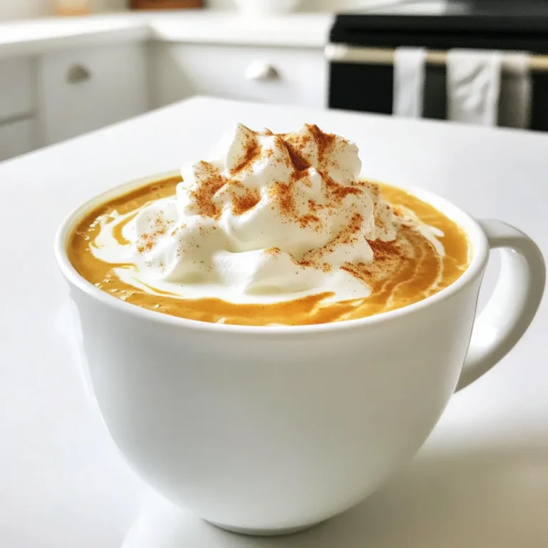 To make a delicious Pumpkin Spice Chai Latte, gather these simple ingredients: - 2 cups almond milk (or your preferred milk) - 1/2 cup brewed chai tea (strong) - 1/4 cup pure pumpkin puree - 2 tablespoons maple syrup (or honey) - 1 teaspoon pumpkin pie spice - 1/2 teaspoon vanilla extract - Whipped cream (for topping, optional) Each ingredient plays a key role in creating a warm and cozy drink that you will love. Almond milk gives a creamy base. The strong chai tea adds rich flavor. Pumpkin puree brings a smooth texture and a hint of sweetness. Maple syrup or honey sweetens the drink, while pumpkin pie spice gives it that classic fall taste. The vanilla extract adds a touch of warmth. Feel free to mix and match these ingredients. You can use any milk you enjoy. If you want a sweeter drink, add more syrup or honey. Don't hesitate to adjust the spices to your taste. This recipe is all about making it your own! First, pour 2 cups of almond milk into a small saucepan. Heat it over medium heat. Stir it often to keep it from burning. You want it steaming, not boiling. This step gives your latte a creamy base. In a bowl, combine 1/4 cup of pure pumpkin puree, 2 tablespoons of maple syrup, 1 teaspoon of pumpkin pie spice, and 1/2 teaspoon of vanilla extract. Whisk these ingredients together until you achieve a smooth consistency. This mixture brings rich flavor to your latte. Now, add 1/2 cup of strong brewed chai tea to the saucepan with the warm almond milk. Stir it well to mix. Next, gradually add the pumpkin blend to the chai and almond milk mixture. Use an electric frother or whisk to create a light foam on top. Pour your pumpkin spice chai latte into cups. If you like, top with whipped cream. Finish with a sprinkle of pumpkin pie spice for an elegant touch. Enjoy your creation! For this Pumpkin Spice Chai Latte, I love using almond milk. It adds a nice nutty flavor. Almond milk is also lower in calories. If you prefer other milks, you can use oat milk or soy milk. These choices still give a great taste and froth well. Dairy options like whole milk or cream work too, but they add more calories. Frothing your milk makes your drink special. To get the best foam, heat your milk but do not let it boil. Use a whisk or an electric frother. If you don’t have a frother, a jar with a lid works. Just shake it well for a few minutes. This method creates a lovely foam, making your latte fun to drink! Sweetening your latte is easy. You can add maple syrup or honey to taste. Start with two tablespoons and adjust as needed. For spice, feel free to play around! If you want a stronger pumpkin flavor, add more pumpkin puree. If you love spice, increase the pumpkin pie spice a bit. Be brave and try different flavors to find your perfect mix! {{image_2}} To make a vegan version of this drink, start with almond milk. You can swap out any milk for almond. If you want an extra creamy taste, try coconut milk. Instead of honey, use maple syrup. It keeps the flavor rich and sweet. This way, your latte stays vegan and delicious. You can mix your own spice blend. If you want more warmth, add a bit of nutmeg or ginger. For a milder taste, reduce the amount of pumpkin pie spice. You can also use different chai teas. Try a vanilla chai for a sweeter note or a spicy chai for more kick. Experiment and find what you love! To make this drink cold, start with brewed chai tea. Let it cool to room temperature, then chill it in the fridge. For the milk, use cold almond milk. Mix your pumpkin blend and chai together, and pour it over ice. Top with whipped cream and a sprinkle of spice. This refreshing drink is perfect for warm days! To store leftovers, pour your pumpkin spice chai latte into a clean container. Seal it tightly with a lid. This keeps it fresh and safe. You can keep it in the fridge for up to two days. After that, the flavors may fade. For reheating, the best method is to use the stove. Pour the latte into a small pot. Heat over low to medium heat. Stir often to prevent burning. You can also use a microwave. Heat in short bursts of 30 seconds. Stir in between to help mix everything. This keeps your latte creamy. Avoid letting it boil. Boiling can cause the ingredients to separate. To save time, prep your ingredients in advance. You can make the pumpkin blend a day before. Store it in the fridge in a sealed container. This makes assembly quick on busy days. Just heat the almond milk, mix in the chai and pumpkin blend, and froth. This way, you enjoy a tasty drink without the wait. Pumpkin spice is a mix of warm spices. It usually has cinnamon, nutmeg, ginger, and allspice. This blend gives a cozy flavor. It's popular in fall recipes, especially in lattes and desserts. You can often find it in stores, or you can mix your own at home. Yes, you can use different types of tea. Chai tea works best for a rich flavor. You can also try green tea or even herbal teas if you want. Each tea adds a unique taste. Just keep in mind that chai tea has strong spices, which pair well with pumpkin. To make the drink sugar-free, use sugar alternatives. Stevia or erythritol are good options. You can use about half the amount of these sweeteners, as they are sweeter than sugar. Taste as you go to find your perfect sweetness level. This way, you enjoy the drink without added sugar. This blog post showed you how to create a delicious Pumpkin Spice Chai Latte. You learned about the key ingredients, from almond milk to pumpkin puree. The step-by-step guide helped you master the making process. I offered tips on choosing milk and perfecting foam. Variations and storage info ensure your latte stays fresh and tasty. Enjoy this cozy drink, whether warm or iced. With these simple steps and ideas, you can delight in a comforting treat any time. Happy brewing!
