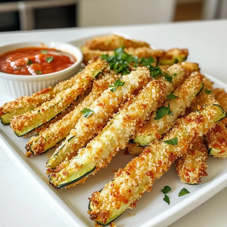 - 2 medium zucchinis, cut into fry shapes - 1/2 cup all-purpose flour - 2 large eggs, beaten - 1 cup panko breadcrumbs - 1/2 cup grated Parmesan cheese - Seasonings: garlic powder, onion powder, Italian seasoning, salt, pepper - Olive oil spray The first step to making crispy air fryer Parmesan zucchini fries is gathering your ingredients. You need fresh zucchinis, which are the star of the dish. Cut them into fry shapes for that perfect crunch. Next, you’ll need flour. It helps the coating stick. The eggs come next; they bind everything together. Panko breadcrumbs are key for that crispy texture. They create a light crunch that you will love. We also use grated Parmesan cheese. It adds a rich, savory flavor. The seasonings make all the difference. Garlic powder, onion powder, and Italian seasoning elevate the taste. Don’t forget salt and pepper to season to your liking. Finally, olive oil spray ensures a golden finish. It helps the zucchini fries crisp up nicely in the air fryer. With all these ingredients ready, you will create a delightful snack or side dish! 1. Preheating the air fryer: Start by preheating your air fryer to 400°F (200°C). This step helps the fries cook evenly and become crispy. 2. Setting up the breading station: In three shallow bowls, prepare your breading station. Fill one bowl with 1/2 cup of all-purpose flour. The second bowl holds 2 large beaten eggs. The last bowl combines 1 cup of panko breadcrumbs, 1/2 cup of grated Parmesan cheese, 1 teaspoon of garlic powder, 1 teaspoon of onion powder, 1 teaspoon of Italian seasoning, and salt and pepper to taste. 1. Steps for coating each fry: Take each zucchini fry and dip it into the flour first. Shake off any extra flour. Next, dip it into the beaten eggs, ensuring it gets fully coated. Finally, place it in the breadcrumb mix, pressing gently to coat well. This multi-step process makes the fries crispy. 2. Importance of even coating: Make sure each fry is evenly coated. An even coat helps each fry crisp up nicely in the air fryer. If one side is bare, it might not cook as well. 1. Arrangement in the air fryer basket: Place the coated zucchini fries in a single layer in the air fryer basket. Avoid stacking them. This spacing helps them cook evenly and get that nice crunch. 2. Cooking time and tips for shaking: Air fry the zucchini fries for about 10-12 minutes. Halfway through cooking, shake the basket gently. This movement allows all sides to crisp up. Keep an eye on them; you want a golden brown color for maximum crunch. To get your zucchini fries extra crispy, use olive oil spray. This spray helps create a golden crust. A light mist ensures that every fry crisps up well in the air fryer. Don't skip it! Adjusting the cooking time also matters. If your fries are thicker, you may need to fry them a bit longer. Start with 10-12 minutes, then check for a golden color. This helps ensure you get that perfect crunch. Want to kick up the flavor? You can add other seasonings. Try smoked paprika for a twist. Or add cayenne pepper for heat. Your taste buds will thank you. Dipping sauces can elevate your zucchini fries even more. Marinara sauce is a classic choice. Ranch dressing is another favorite. Both pair nicely with the crispy texture. For a great snack or appetizer, serve your fries on a colorful platter. Combine them with your favorite dips for a fun touch. Garnishing is key for presentation. Sprinkle chopped parsley on top for a fresh look. It adds a pop of color and makes the dish more appealing. {{image_2}} You can easily make this recipe gluten-free. Instead of all-purpose flour, use a gluten-free flour blend. For the breadcrumbs, choose gluten-free panko or crushed rice crackers. If you want a vegan twist, swap the eggs with a flaxseed mixture. Mix one tablespoon of flaxseed meal with three tablespoons of water. Let it sit for a few minutes to thicken. Use nutritional yeast instead of Parmesan cheese for a cheesy flavor without dairy. For a kick of heat, add cayenne pepper or chili powder to your breadcrumb mix. You can also toss in some crushed red pepper flakes to give it a spicy kick. If you love garlic, try adding minced garlic to your breadcrumb mix. You can even mix in a bit of Italian herbs like basil or oregano. This makes the fries taste rich and savory. These zucchini fries are perfect as a snack or appetizer. Serve them with marinara sauce or ranch dressing for dipping. They make a great addition to any party spread. You can also incorporate these fries into other dishes. Try them in a wrap with grilled chicken or as a topping on a salad. They add a fun crunch and flavor to any meal. To store leftovers, let the zucchini fries cool to room temperature. Place them in an airtight container. This keeps them fresh for up to three days. Make sure to layer paper towels between the fries. This absorbs moisture and helps maintain crispiness. For the best crispiness, I recommend reheating in the air fryer. Set it to 375°F (190°C) for about 5 minutes. This keeps them crunchy. You can also use an oven. Preheat it to 375°F (190°C) and bake for about 10 minutes. Both methods work well, but the air fryer wins for crunch. To freeze zucchini fries, first, let them cool completely. Arrange them in a single layer on a baking sheet. Place the sheet in the freezer until they harden, about 1 hour. Once frozen, transfer them to a freezer bag. Remove as much air as possible. They can stay frozen for up to three months. To prepare after freezing, take them out of the bag. You can cook them straight from frozen. Air fry at 400°F (200°C) for about 12-15 minutes. Check for a golden brown color. This method keeps them crispy and delicious. To make your zucchini fries extra crispy, focus on the breading. First, coat each fry evenly. Dip the fry in flour, then into beaten eggs, and finally into the breadcrumb mix. Ensure you cover every part. This helps create a crunchy layer. Next, use panko breadcrumbs. They are lighter and crispier than regular ones. A light spray of olive oil before air frying also helps. It promotes browning and crunch. Don't overcrowd the air fryer basket. This allows hot air to circulate, making them crispier. Finally, shake the basket halfway through cooking for even results. Yes, you can use other vegetables! Carrots, sweet potatoes, and eggplants work great. Cut them into fry shapes like zucchini. Adjust cooking times for different veggies. For example, sweet potatoes may need a bit longer to cook. You can also use cauliflower florets for a low-carb option. Each veggie adds its own flavor and texture, so feel free to experiment! The best dipping sauces for zucchini fries include marinara sauce and ranch dressing. Both complement the crispy texture well. If you like a bit of spice, try sriracha mayo or garlic aioli. You can even mix Greek yogurt with herbs for a healthy dip. Each sauce adds a fun twist and enhances the flavor of the fries. You learned how to make crispy zucchini fries quickly and easily. We covered choosing the right ingredients, preparing and breading the zucchini, and air frying techniques. I shared tips for more flavor and storage tips to keep them fresh. Consider trying different vegetables or flavors for variety. Enjoy these fries as a snack, appetizer, or side dish. Now you have a tasty and healthy option to satisfy your cravings. Happy cooking!