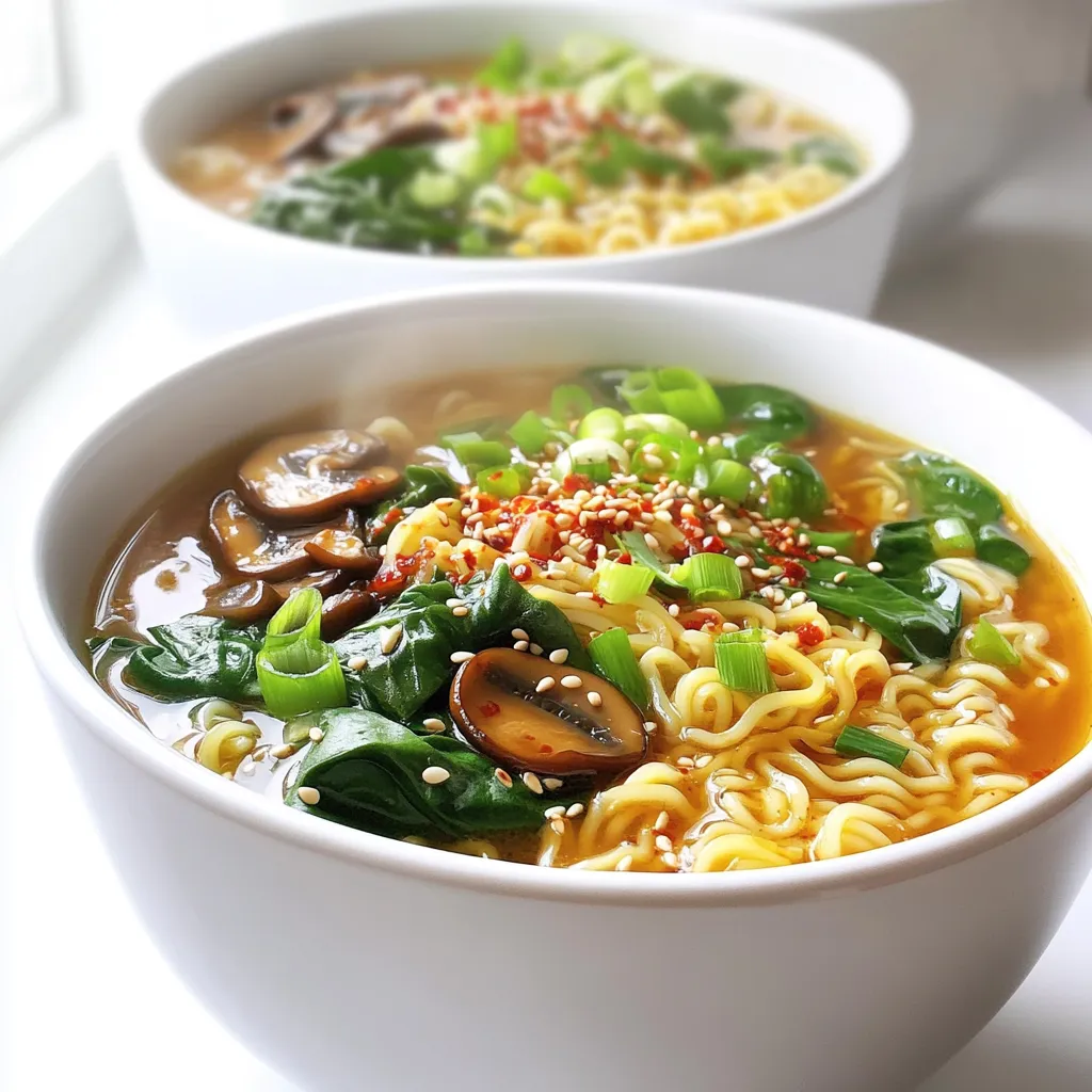 - 2 packs instant ramen noodles - 4 cups vegetable broth - 4 tablespoons garlic chili oil - 1 tablespoon soy sauce - 1 teaspoon sesame oil - Soft-boiled eggs - Sesame seeds - Chili flakes - Green onion - Baby spinach - Shiitake mushrooms Start with the main ingredients for your Minute Garlic Chili Oil Ramen. This dish is quick, tasty, and full of flavor. The instant ramen noodles cook fast, making them perfect for busy days. The vegetable broth gives the ramen a rich base. I like to use a good-quality broth for the best taste. Garlic chili oil adds heat and depth. You can make your own or buy it from the store. Soy sauce brings a savory note. It works well with the chili oil. Sesame oil adds a nutty flavor that ties everything together. For garnishing, you can choose optional ingredients to enhance your ramen. Soft-boiled eggs add creaminess and protein. Sesame seeds give a nice crunch. Chili flakes offer extra heat for spice lovers. Green onions add freshness and color. Baby spinach adds nutrients and a pop of green. Shiitake mushrooms give earthy flavor and texture. With these ingredients, you are ready to make a delicious bowl of ramen. The mix of flavors will impress everyone. 1. Begin by boiling the vegetable broth. Use a medium pot and place it over medium heat. Bring it to a rolling boil. This should take just a few minutes. 2. Once the broth is boiling, add the instant ramen noodles. Cook them according to the package instructions, which is usually about three minutes. Stir occasionally to prevent sticking. 1. While the noodles cook, take a small skillet. Heat the garlic chili oil over medium-low heat. You want it to be fragrant but avoid burning it. This step adds depth to your dish. 2. Next, add the sliced shiitake mushrooms to the skillet. Sauté them for about two to three minutes. They should become tender and soak in that delicious oil. 1. Drain your ramen noodles when they are done. Then, mix them with the sautéed mushrooms and garlic chili oil mixture in the pot. Stir them gently to combine well. 2. Now add the baby spinach right into the pot. Let it wilt for about thirty seconds while you stir. This adds a nice pop of color and nutrients. 3. Taste your broth and adjust the seasoning if needed. You can add more soy sauce or chili oil based on your taste. This is your chance to make it just right! 4. Finally, ladle the ramen into bowls. Top with sliced green onion and any optional garnishes like soft-boiled eggs, sesame seeds, or chili flakes for an extra kick. - Avoid burning garlic chili oil: Heat the oil on medium-low. Watch it closely. Once it smells great, it's ready. If it smokes, turn down the heat. Burnt oil can ruin your ramen. - Adjust cooking times for different noodle types: Instant ramen cooks fast, usually 3 minutes. For other noodles, check their package. Adjust the broth timing to match. You want everything to be ready at once. - Adding proteins like chicken or tofu: Want more taste? Add protein. Cook chicken or tofu separately. Slice it up and toss it in at the end. It adds texture and makes your meal heartier. - Exploring flavor variations with different sauces: Play with sauces! Try teriyaki or sriracha for a kick. Just mix in a teaspoon when you add the soy sauce. This makes each bowl unique. {{image_2}} You can easily make this ramen vegan. Start by using vegetable broth as your base. It gives the soup a rich flavor without any animal products. Next, explore plant-based proteins. Tofu is a great option; just cube it and add it to the broth. You can also use edamame or chickpeas for a protein boost. For toppings, think about using sliced avocado or roasted vegetables like zucchini or bell peppers. These add texture and taste without meat. Want to switch up the flavor? You can add different spices or sauces. Try a splash of sriracha for heat or a dash of tamari for depth. If you like a sweeter note, a bit of hoisin sauce works wonders too. You can also use other types of mushrooms. Oyster or button mushrooms can replace shiitake for a different taste. For veggies, consider adding bok choy or carrots. They not only taste great but also add color to your bowl. To keep your Minute Garlic Chili Oil Ramen fresh, store leftovers in an airtight container. This helps keep moisture in and prevents spoilage. Place it in the fridge within two hours of cooking. When you want to reheat, add a splash of broth or water before warming it in a pot. This keeps the noodles from getting too dry and helps maintain their texture. Stir gently as you heat it up until it’s warm. You can freeze the garlic chili oil and mushrooms for later use. To do this, pour the garlic chili oil into ice cube trays, then freeze. For mushrooms, slice and sauté them first, then let them cool completely before freezing in a bag. When you’re ready to use them, just take out what you need. Thaw the garlic chili oil in the fridge overnight or place it in warm water. For mushrooms, reheat them in a pan or microwave before adding them to your ramen. This keeps the flavors and textures just right. Making garlic chili oil is easy. Start with these steps: - Gather ingredients: You need garlic, dried chili flakes, and oil. Use a neutral oil like vegetable or canola. - Heat oil: Pour oil into a small pot. Heat it on low. - Add garlic: Chop garlic and add it to the hot oil. Cook until golden brown. - Mix in chili flakes: Stir in the chili flakes. Let them cook for a minute. - Cool and store: Remove the pot from heat. Let it cool down. Pour it into a jar for storage. This oil adds great flavor to your ramen. You can adjust the spice level by using more or fewer chili flakes. Yes, you can use different noodles. Here are some options: - Soba noodles: These are made from buckwheat. They add a nutty taste. - Udon noodles: Thick and chewy, udon noodles bring a hearty touch. - Rice noodles: Gluten-free and light, they soak up flavors well. - Zoodles: If you want a low-carb option, spiralized zucchini works great. Feel free to experiment with your favorite noodles. Each type will give a unique twist to your ramen. To make your ramen heartier, consider these additions: - Protein: Add soft-boiled eggs, grilled chicken, or tofu for extra nutrients. - Veggies: Toss in broccoli, bell peppers, or bok choy for more color and crunch. - Nuts and seeds: Sprinkle sesame seeds or crushed peanuts for a nice texture. - Herbs: Fresh cilantro or basil adds a burst of freshness. These ingredients not only boost flavor but also make your meal more satisfying. Customize it to suit your taste! You learned how to make a tasty ramen dish with simple steps and great ingredients. Start with instant ramen noodles and a flavorful broth. Use garlic chili oil for heat and soy sauce for depth. Add your favorite toppings, like soft-boiled eggs or spinach, to make it special. Try customizing your ramen to suit your taste. Store leftovers well, or even freeze them for later. This dish can adapt to any diet or mood. Enjoy your cooking and the delicious results!