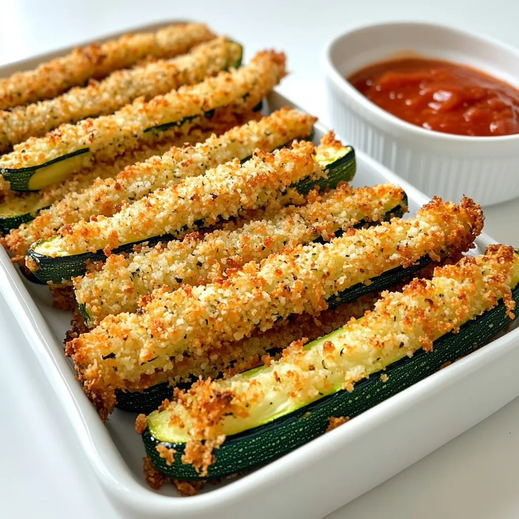 - 2 medium zucchinis - 1 cup breadcrumbs (preferably whole wheat) - ½ cup grated Parmesan cheese - 1 teaspoon garlic powder - ½ teaspoon onion powder - ½ teaspoon smoked paprika - 2 large eggs - Salt and pepper to taste - Cooking spray or olive oil To make crispy air fryer zucchini Parmesan fries, gather these simple ingredients. You need fresh zucchinis for that crunchy texture. Whole wheat breadcrumbs give an extra crunch. I use grated Parmesan cheese for a rich flavor. Spices like garlic powder, onion powder, and smoked paprika add depth. The eggs help the coating stick well. Don’t forget salt and pepper for taste! Finally, use cooking spray or olive oil to enhance crispiness. Each ingredient plays a role in making these fries delicious and satisfying. Enjoy the process of gathering and preparing! - Start by washing and drying the zucchinis. - Cut them into fry-shaped sticks, about ¼ inch thick. - Preheat your air fryer to 400°F (200°C). - In a medium bowl, mix the breadcrumbs, Parmesan cheese, garlic powder, onion powder, smoked paprika, salt, and pepper. - In a separate bowl, whisk the two eggs until they are fully beaten. - Take each zucchini stick and dip it into the egg mixture. - Let any excess egg drip off before coating it with the breadcrumb mixture. - Press lightly to make sure the zucchini is evenly coated. - Arrange the coated zucchini fries in a single layer in the air fryer basket. - Make sure not to overcrowd them. This helps achieve that perfect crispiness. - Lightly mist the fries with cooking spray or olive oil for extra crunch. - Cook the fries for 10-12 minutes. They should turn golden and crispy. - Shake the basket halfway through cooking for even results. - Once done, remove the fries and serve hot. You can garnish with extra Parmesan if you like. To get that perfect crunch, avoid overcrowding your air fryer. Each fry needs space to cook evenly. If you pile them up, some will steam instead of crisp up. Cook in batches if needed. When it comes to oil, using cooking spray is best. It gives a light mist that helps the fries crisp up. Olive oil works too, but it can make the fries a bit heavier. A light coating is key. Dipping sauces can elevate your zucchini fries. I love marinara sauce for a classic touch. Tzatziki also pairs well, giving a fresh taste. You can even try ranch dressing for a creamy option. For presentation, serve the fries on a wooden board lined with parchment paper. This adds a rustic look. Place a small bowl of sauce on the side for easy dipping. Feel free to customize the spice levels to suit your taste. Want more heat? Add a pinch of cayenne or red pepper flakes to the breadcrumb mix. For extra flavor, you can add herbs like oregano or basil. These herbs add freshness and depth. Mix them into your breadcrumb coating for a tasty twist. {{image_2}} You can change the breading for more flavor. Use panko instead of regular breadcrumbs. Panko gives a crunchier texture that many love. Almond flour is another great choice for a gluten-free option. You can also mix in herbs like oregano or basil. Fresh herbs add a nice touch and more taste to your fries. Feel free to experiment with other veggies. Carrots, sweet potatoes, and eggplant work well. Just cut them to similar sizes for even cooking. Cooking times may vary, so check for doneness. Thicker vegetables will need more time. Thin veggies will cook faster, so watch closely. You can bake these instead of using the air fryer. Preheat your oven to 400°F (200°C). Layer zucchini sticks in a baking dish and top with cheese. Bake for about 20 minutes until golden. This method gives a nice, cheesy crust. You can add marinara sauce for extra flavor. To keep your zucchini fries crispy, place them in an airtight container. Layer paper towels in between to absorb moisture. Store them in the fridge for up to three days. Avoid stacking too many fries on top of each other. To reheat, use the air fryer again. Set it to 350°F (175°C) for about 5 minutes. This keeps the fries crispy and warm. You can also use a regular oven. Preheat to 350°F (175°C) and bake for about 10 minutes. Avoid using the microwave; it makes the fries soggy. You can freeze zucchini fries before or after cooking. For freezing raw fries, cut and coat them. Lay them flat on a baking sheet, freeze until firm, then transfer to a freezer bag. For cooked fries, let them cool first. Freeze them in a single layer, then store in a bag. To thaw, place the fries in the fridge overnight. Reheat them in the air fryer for a crispy texture. Enjoy your golden fries straight from the freezer! You can use frozen zucchini, but the fries will not be as crispy. Frozen zucchini has more moisture. This moisture can make the fries soggy. If you use frozen zucchini, increase the cooking time by a few minutes. Be sure to pat them dry before coating. Look for a golden color and a crispy texture. The fries should feel firm when you touch them. If they are still soft or pale, they need more time. Shake the basket halfway through to ensure even cooking, which helps them brown nicely. Yes, you can make it gluten-free easily. Use gluten-free breadcrumbs instead of regular ones. You can also crush gluten-free crackers for a similar texture. Almond flour is another great option for breading. Just ensure your Parmesan cheese is gluten-free too. I love serving these zucchini fries with marinara sauce. Ranch dressing is another tasty choice. Tzatziki sauce adds a fresh touch. You can also try garlic aioli for a creamy dip. Each sauce brings out the flavor of the fries in a different way. Zucchini fries offer a tasty twist on a classic snack. We explored the right ingredients and easy steps to make them crispy. Remember to use the tips for crispiness and different veggies to try. Store leftovers properly to keep them fresh, and feel free to customize flavors to fit your taste. Zucchini fries are simple, fun, and a great way to enjoy healthy eating. You can impress anyone with this easy recipe and its variations.