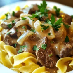 - 2 lbs beef stew meat, cut into bite-sized chunks - 1 medium onion, diced - 3 cloves garlic, minced - 8 oz mushrooms, sliced - 2 cups beef broth The base of this dish is the beef stew meat. Look for good quality cuts. Dicing the onion and mincing the garlic adds a strong flavor. Mushrooms give a nice earthy tone. The beef broth ties everything together, making the sauce rich. - 1 tablespoon Worcestershire sauce - 1 teaspoon Dijon mustard - 1 teaspoon paprika - 1 teaspoon dried thyme - Salt and pepper to taste These seasonings bring the dish to life. Worcestershire sauce and Dijon mustard add depth. Paprika gives a hint of warmth. Dried thyme adds a lovely herbal note. Adjust salt and pepper to suit your taste. - 1 cup sour cream - 2 tablespoons all-purpose flour - 2 tablespoons olive oil - 12 oz egg noodles Sour cream adds creaminess to the sauce. Flour helps to thicken it. Olive oil is key for searing the beef. Egg noodles are perfect for serving. They soak up the rich sauce well and complete the meal. First, heat the olive oil in a large skillet over medium-high heat. Once the oil is hot, add the beef stew meat. Sear the beef for about 5 to 7 minutes. You want it browned on all sides. This step gives great flavor. After searing, transfer the beef to your slow cooker. In the same skillet, add the diced onion and minced garlic. Sauté them for about 3 to 4 minutes. You want them soft and translucent. Next, add the sliced mushrooms. Cook until they begin to brown, stirring often. Once done, pour these vegetables over the beef in the slow cooker. Now, it’s time to add some tasty ingredients. Pour in the beef broth and add the Worcestershire sauce, Dijon mustard, paprika, thyme, salt, and pepper. Stir everything well to combine. Cover the slow cooker and cook it on low for about 6 to 8 hours. If you're in a hurry, you can cook it on high for 3 to 4 hours. The beef will be tender when it’s ready. Once cooking is complete, take a small bowl. Mix together the sour cream and flour until smooth. Gradually add this mixture to the slow cooker, stirring well. This helps thicken the sauce. Cook on high for an additional 30 minutes. This gives you that rich and creamy texture. While the stroganoff finishes, cook the egg noodles according to the package instructions. Drain them and set aside. To serve, place a bed of egg noodles on each plate. Top with the beef stroganoff. If you like, garnish with fresh parsley for a pop of color. Enjoy your meal! Searing the beef is key. It adds great flavor and color. Heat olive oil in a skillet over medium-high heat. Brown the beef on all sides for about 5-7 minutes. This step makes your stroganoff rich and tasty. Cook time matters. I suggest setting the slow cooker on low for 6-8 hours. If you’re short on time, use high for 3-4 hours. Always check for tenderness before serving. If you need a sour cream alternative, try Greek yogurt. It gives a similar creamy texture. You can also use cream cheese mixed with milk. For gluten-free noodles, use rice noodles or gluten-free pasta. Both options work well and keep your meal delicious. Want to boost flavor? Add extra spices like garlic powder or onion powder. Fresh herbs like parsley or thyme also make a big difference. You can mix in vegetables too. Try peas, carrots, or bell peppers. If you want more protein, add cooked chicken or even tofu for a fun twist. {{image_2}} You can switch the beef for other meats. Chicken works well and cooks fast. Use boneless chicken thighs for more flavor. Pork is another great choice. Look for pork shoulder or tenderloin. If you want a vegetarian option, try mushrooms and lentils. This mix gives a hearty texture without meat. For a low-carb version, skip the egg noodles. Try zucchini noodles or spaghetti squash instead. These options keep it light and fresh. If dairy is a concern, use coconut cream instead of sour cream. It gives a nice creaminess without the milk. To add a twist, try Asian flavors. Soy sauce can replace Worcestershire sauce. Add ginger and green onions for a fresh taste. For an Italian flair, mix in some oregano and basil. A splash of red wine can also deepen the flavor. Each twist makes this dish unique and fun to eat. To keep your beef stroganoff fresh, cool it down first. Let it sit at room temperature for no more than two hours. Once cool, use airtight containers for storing. Glass or plastic containers with tight lids work best. These will help keep the flavors intact and prevent spills. You can freeze beef stroganoff for later use. First, let the dish cool completely. Then, pour it into freezer-safe bags or containers. Remove as much air as possible to avoid freezer burn. When you're ready to eat, thaw it in the fridge overnight. To reheat, warm it on the stove over low heat, stirring often. If the sauce looks thick, add a splash of beef broth to loosen it. In the refrigerator, your beef stroganoff lasts about three to four days. If you freeze it, it can stay good for about three months. Always check for any off smells or colors before eating. Enjoy your meal knowing it can last a bit longer! You can tell the beef is tender when it pulls apart easily with a fork. The meat will look juicy and have a rich color. If it feels soft and not chewy, it is ready. Typically, this takes about 6-8 hours on low heat or 3-4 hours on high. The low and slow method helps break down tough fibers in the meat. Trust your senses; the smell will also tell you when it’s almost done. Yes, you can make this dish ahead of time. Prepare the beef and sauce, then let it cool. Store it in an airtight container in the fridge. You can keep it for up to three days. When you’re ready to eat, just reheat it on the stove or in the slow cooker. This makes meal prepping easy and saves time during busy days. Several side dishes pair well with beef stroganoff. Here are some great options: - Steamed green beans: They add a nice crunch. - Garlic bread: Perfect for soaking up the sauce. - Simple salad: A fresh garden salad brightens the meal. - Roasted vegetables: Carrots and broccoli work well. These sides balance the creamy texture of the stroganoff. Yes, you can adapt this recipe for a pressure cooker. Sear the beef and cook the onions and mushrooms as before. Then, add all the ingredients to the pressure cooker. Cook on high for about 35-40 minutes. The pressure cooker will give you tender beef in less time. After cooking, mix the sour cream and flour as usual to thicken the sauce. Enjoy the quick and easy version! In this article, we covered how to create a tasty beef stroganoff. You learned about the key ingredients and how to cook them step by step. We also shared useful tips for better results and variations to suit different diets. Finally, we discussed how to store leftovers effectively. Embrace your cooking journey with this dish. Enjoy making it your own!