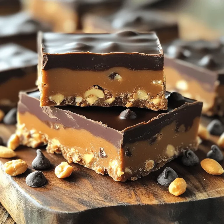 - 1 cup peanut butter (creamy or crunchy) - 1/2 cup honey or maple syrup - 2 cups rolled oats Peanut butter is the star here. You can choose creamy or crunchy. Creamy gives a smooth texture, while crunchy adds little bites of peanut joy. Honey or maple syrup acts as a sweetener. Both add a nice touch of sweetness. Next, we have rolled oats. They give the bars bulk and help hold everything together. - 1/2 cup chocolate chips (dark or semi-sweet) - 1/4 cup crushed nuts (optional, for crunch) - 1/2 teaspoon vanilla extract - 1/4 teaspoon salt Feel free to mix in chocolate chips. Dark ones bring more flavor, while semi-sweet offers balance. If you like crunch, add some crushed nuts. They will add a fun texture. Vanilla extract enhances the taste, and a pinch of salt makes everything pop. These optional ingredients let you make the bars your own! To start, grab a mixing bowl. First, combine 1 cup of peanut butter with 1/2 cup of honey or maple syrup. Stir until the mix is smooth and creamy. This base gives the bars their rich taste. Next, add 1/2 teaspoon of vanilla extract and 1/4 teaspoon of salt. Mix well until everything is combined. The salt helps balance the sweetness. Now it’s time to add some texture! Gradually mix in 2 cups of rolled oats. Stir until the oats are evenly coated in the peanut butter mix. This step is key for a chewy texture. If you want more crunch, fold in 1/2 cup of chocolate chips and 1/4 cup of crushed nuts. This adds a delightful crunch and rich flavor to each bite. Prepare an 8x8-inch pan by lining it with parchment paper. This helps the bars come out easily later. Next, transfer the mixture to the pan. Press it down firmly with the back of a spatula. This ensures the bars hold together well. Now, refrigerate for about 2 hours. This helps the mixture set properly. Once firm, lift the bars out using the parchment paper. Cut them into squares or rectangles. Enjoy your tasty treats! To get the right consistency, use creamy peanut butter. It mixes easily and binds well. If you prefer crunchy peanut butter, that works too. Just know it might change the texture a bit. When you mix the oats, stir them in slowly. This helps coat each oat evenly. To pack the bars tightly, press down the mixture firmly. Use the back of a spatula or your hands. Make sure it’s even across the pan. This helps the bars hold together when you cut them. You can add fun flavors to your no-bake bars. Try using almond butter for a nutty twist. You can also mix in spices like cinnamon. For sweetness, swap honey with maple syrup. It gives a nice, rich taste. If you want a healthier option, use agave nectar. It’s lower on the glycemic index and still sweet. If your mixture is too crumbly, add more peanut butter. A bit more sticky sweetener can help too. For a sticky mix, add more oats. Oats will absorb extra moisture. To adjust sweetness, taste the mixture before pressing it. If it’s not sweet enough, add a little honey or syrup. Always mix well to ensure the sweetness is even. {{image_2}} You can make these bars even better with some fun twists. Try adding other nut butters, like almond or cashew. Mixing these gives new tastes and adds healthy fats. You can also sprinkle in spices. A pinch of cinnamon gives warmth. Or add cocoa powder for a richer chocolate flavor. If you want a vegan version, swap honey for maple syrup. Maple syrup is sweet and works great. For gluten-free options, use certified gluten-free oats. This way, everyone can enjoy these tasty bars. Want to change the texture? Add seeds like chia or sunflower seeds for crunch. Dried fruits like cranberries or raisins also add sweetness and chewiness. You can swap chocolate chips for carob chips. Carob chips are sweet and have a unique taste. This keeps things fun and fresh! To keep your no bake peanut butter chocolate bars fresh, use an airtight container. I recommend using glass or plastic containers with tight-fitting lids. This helps keep air out and moisture in. When storing, place a piece of parchment paper between layers if you stack them. This prevents them from sticking together. These bars last about a week in the fridge. To check if they are still good, look for changes in smell or texture. If they smell odd or feel sticky, it’s best to toss them. If you want to keep them longer, freezing is a great option. To freeze, wrap each bar in plastic wrap, then place them in a freezer bag. This helps prevent freezer burn. When you want to eat one, take it out and let it thaw in the fridge overnight. This keeps the texture nice and smooth. Yes, you can use natural peanut butter. Natural peanut butter has no added sugars or oils. It can give your bars a different taste and texture. If you use natural peanut butter, stir it well before measuring. This helps to blend the oil that rises to the top. In contrast, commercial peanut butter often has added sugar and stabilizers. This can make the bars sweeter and creamier. These bars take about two hours to set in the fridge. This time allows them to firm up nicely. To check if they are ready, gently press the top. If it feels firm, they are set. You can leave them longer if you prefer them more rigid. Just make sure to keep them covered in the fridge. You can use maple syrup or agave nectar instead of honey. Both are great for sweetness and stickiness. If you want a sugar-free option, try using mashed bananas or dates. They can provide natural sweetness. Just remember, this might change the texture a bit. Adjust the amount based on your taste preference. In this blog, we explored how to make no-bake peanut butter chocolate bars. We covered essential ingredients like peanut butter, oats, and sweeteners. I shared steps for mixing and setting the bars, plus tips for perfect texture. You can customize these treats with nuts or spices. Remember to store them properly for freshness. Now, you have all the tools needed to create delicious, healthy snacks. Enjoy experimenting with flavors, and make these bars a staple in your kitchen!