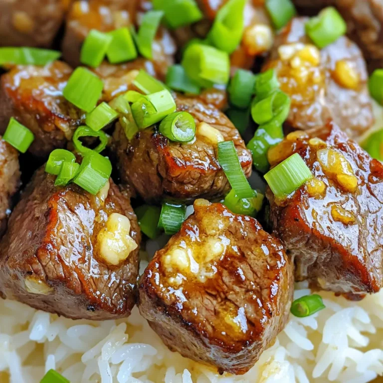 - 1 lb (450g) sirloin steak, cut into 1-inch cubes - 4 tablespoons unsalted butter - 4 cloves garlic, minced - 1 teaspoon smoked paprika - 1 teaspoon dried thyme - Salt and pepper - 1 tablespoon soy sauce (optional for extra flavor) - 2 cups cooked jasmine rice - 2 green onions, sliced for garnish Gathering these ingredients is key to making tasty garlic butter steak bites. The sirloin steak is the star here. Its rich flavor pairs well with the garlic and butter. Unsalted butter gives a creamy taste without added salt. Garlic adds great aroma and depth. Smoked paprika brings a hint of smokiness, while dried thyme adds a touch of earthiness. Salt and pepper are classic seasonings. They help to enhance the flavors of the steak. Soy sauce is optional but adds a nice umami kick. For serving, jasmine rice is perfect. It's fluffy and has a subtle sweetness. Sliced green onions make a fresh and colorful garnish. They really brighten up the dish. This mix of ingredients makes your meal not just delicious but also vibrant. Enjoy cooking! To start, cut your sirloin steak into 1-inch cubes. This size helps the steak cook quickly and evenly. Next, season the steak cubes with smoked paprika, dried thyme, salt, and pepper. Make sure to coat each piece well. A good tip is to use your hands to rub the spices into the meat. This way, every cube gets a nice flavor boost. Now, heat a large skillet over medium-high heat. Add 2 tablespoons of unsalted butter. Wait for it to melt and start bubbling. This bubbling means it’s ready for the steak. Add the seasoned steak cubes in a single layer. If your skillet is small, work in batches. Sear the steak for about 2-3 minutes on each side. You want them nicely browned. Medium-rare is the best doneness for juicy steak bites. After the steak is cooked, lower the heat. Push the steak to one side of the skillet. In the empty side, add the remaining 2 tablespoons of butter. Then, add the minced garlic. Sauté it for about 30 seconds until it smells great. This step adds rich flavor to the dish. If you want extra depth, drizzle a tablespoon of soy sauce over the steak. Toss everything together so the steak absorbs all the goodness. To serve, create a fluffy bed of jasmine rice on a plate. Spoon the garlic butter steak bites over the rice. For a bright touch, sprinkle sliced green onions on top. This garnish adds color and a fresh taste. If you like, add a sprinkle of salt for extra flavor. Enjoy your meal! For the best steak bites, I recommend cooking to medium-rare. This keeps the meat tender and juicy. Use a meat thermometer to check the temperature, aiming for about 130°F (54°C). If you plan to cook a lot, work in batches. This helps each piece cook evenly without steaming. To boost flavor, use fresh herbs like parsley or cilantro. These add brightness and depth. You can also try different seasonings to mix it up. Consider adding garlic powder, onion powder, or even chili flakes for some heat. These small changes can make a big difference. Use a heavy skillet, like cast iron or stainless steel. These materials hold heat well, helping with a good sear. Make sure to preheat your pan before adding the butter. This step is key for browning the steak bites. Keep an eye on your heat; too high can burn the garlic, while too low won’t sear properly. {{image_2}} You can switch up the protein in this dish. For a lighter option, use chicken. Cut boneless chicken breasts into bite-sized pieces. Season them just like the steak. Cook them the same way until golden brown and juicy. Shrimp is another great choice. Use peeled and deveined shrimp. They cook very fast, so watch them closely. Sauté them in garlic butter until they turn pink and opaque. If you want a vegetarian version, try using hearty mushrooms. Portobello or cremini mushrooms work well. Slice them thick and sauté like the steak. They soak up flavors and add a nice texture. Adding vegetables makes this dish even better. Bell peppers add sweetness and color. Cut them into strips and toss them in with the steak. Onions also add great flavor. Slice them thin and sauté them until soft. You might want to play with spices too. Try adding a pinch of cumin for warmth. Or use a bit of crushed red pepper for heat. You can also add fresh herbs like parsley or cilantro for a fresh finish. You can pair these steak bites with different rice types. Brown rice adds a nutty flavor and is more filling. Quinoa is another healthy option. It cooks fast and adds protein. Serve with side dishes for a complete meal. A crisp salad with lemon dressing works well. Roasted veggies also complement the rich garlic butter flavors. You could even serve it with crusty bread to soak up the sauce. To store your leftover garlic butter steak bites, cool them at room temp for 30 minutes. Then, place them in the fridge. Use airtight containers to keep them fresh. The rice should also cool before you store it. Make sure both steak and rice are in separate containers to maintain texture. To reheat your steak bites, use a pan over low heat. This keeps them juicy. Add a splash of water or broth to create steam. For the rice, microwave it with a damp paper towel on top. This helps it stay fluffy. You can also add a little butter to the rice for extra flavor. You can freeze the steak bites, but avoid freezing the rice. The rice may get mushy when thawed. To freeze, place steak bites in a freezer-safe bag. Squeeze out the air before sealing. When ready, thaw the steak in the fridge overnight. Reheat it in a pan as mentioned above. The best cut for this dish is sirloin steak. It gives great flavor and tenderness. Sirloin is also budget-friendly and easy to find. You can try ribeye for more marbling or tender filet mignon for a luxurious feel. Both cuts will work well, but sirloin is my top pick. Yes, you can prep this dish ahead of time. Cook the steak bites and rice, then store them separately. Use airtight containers for best freshness. You can keep them in the fridge for up to three days. Reheat the steak and rice in the microwave or skillet. It’s a simple way to save time on busy days. To check if your steak is done, use a meat thermometer. For medium-rare, the internal temperature should reach 130°F (54°C). If you don’t have a thermometer, look for a nice brown crust. The steak should feel firm but still have some give. This way, you can enjoy juicy bites every time. You can use several alternatives for jasmine rice. Long-grain white rice is a good choice. It cooks in about 15 minutes. Brown rice adds a nutty flavor and takes longer at about 45 minutes. Quinoa is another healthy option that cooks in 15 minutes. Each choice brings its unique texture and taste to the dish. This dish combines simple ingredients like steak, garlic, and spices to create flavor. You can serve it over jasmine rice and garnish with green onions. Following these steps ensures you'll cook perfect steak bites every time. Experimenting with proteins and seasonings allows for endless variations, keeping your meals fresh. Remember to store leftovers properly so you can enjoy your creation again. With these tips, you can master this recipe and impress everyone at your table. Enjoy your cooking journey and have fun with it!