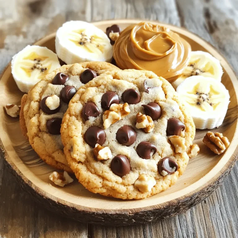 The stars of the show in these tasty cookies are quite simple to find. Here’s what you need: - 1 cup natural peanut butter (smooth or chunky) - 1 ripe banana, mashed - 1/2 cup brown sugar - 1/2 cup rolled oats - 1/2 teaspoon baking soda - 1/4 teaspoon salt - 1 teaspoon vanilla extract - 1/2 cup dark chocolate chips (or milk chocolate if preferred) - Optional: Chopped walnuts or pecans for added crunch Each ingredient plays a key role. The natural peanut butter gives rich flavor and creaminess. The ripe banana adds natural sweetness and moisture. Brown sugar enhances the caramel notes and makes the cookies chewy. Rolled oats add texture, while baking soda helps them rise. A pinch of salt balances the sweetness perfectly. Vanilla extract adds depth, and chocolate chips give a delightful surprise in every bite. If you want some extra crunch, tossing in walnuts or pecans is a great idea. This mix of ingredients makes the cookies simple yet delicious, perfect for any occasion! First, set your oven to 350°F (175°C). This step is key for even baking. While the oven heats, grab a baking sheet and line it with parchment paper. This keeps the cookies from sticking and makes cleanup easy. In a large bowl, combine 1 cup of natural peanut butter and 1 ripe banana that you have mashed. Use a fork to mix them well. You want a smooth blend. Next, add 1/2 cup of brown sugar to the bowl. Stir until it’s fully mixed in with the peanut butter and banana. This adds sweetness and moisture. Now it’s time to add the dry ingredients. Toss in 1/2 cup of rolled oats, 1/2 teaspoon of baking soda, and 1/4 teaspoon of salt. Stir everything together until well combined. The oats give a nice texture, while the baking soda helps the cookies rise. After this, fold in 1 teaspoon of vanilla extract and 1/2 cup of chocolate chips. Mix well to ensure even distribution. Using a tablespoon, scoop out dough portions and place them on the baking sheet. Leave about 2 inches between each scoop. This space allows the cookies to spread. Flatten each cookie slightly with the back of your spoon. Bake for 10 to 12 minutes, or until the edges look lightly golden. Once they’re done, let the cookies cool on the baking sheet for about 5 minutes. This helps them set. After that, transfer them to a wire rack to cool completely. For a fun touch, serve the cookies on a decorative plate alongside banana slices or a dollop of extra peanut butter. Enjoy your Peanut Butter Banana Cookies with a glass of cold milk! To get those chewy bites, use ripe bananas. They add moisture and flavor. Mix the dough gently, and don’t overwork it. This keeps the cookies soft. Bake until the edges are golden but the centers look soft. They will firm up as they cool. You can swap natural peanut butter for almond butter if you're allergic. For sweetness, try maple syrup instead of brown sugar. If you want a healthier option, use coconut sugar. You can also replace dark chocolate chips with dried fruit for a fruity twist. Store cookies in an airtight container at room temperature. They stay fresh for about three days. For longer storage, freeze them. Place the cookies in a freezer bag, and they last for up to three months. Just thaw them at room temperature before enjoying. {{image_2}} You can make these cookies even better for you. Try using natural sweeteners like honey or maple syrup in place of brown sugar. This swap adds sweetness without refined sugar. You can also use almond flour instead of rolled oats. This change makes the cookies gluten-free. Another option is to add protein powder. This gives your cookies a boost of nutrition. Want to get creative? You can add spices like cinnamon or nutmeg for warmth. These spices work well with peanut butter and banana. For a tropical twist, mix in shredded coconut. You can also try different mix-ins like dried fruit or seeds. Sunflower seeds or chia seeds add crunch and health benefits. Don’t forget to experiment with different types of chocolate chips, too! If you have dietary needs, these cookies can adapt. For a gluten-free option, swap rolled oats for gluten-free oats. This ensures you can enjoy them without worry. If you're nut-free, use sunflower seed butter instead of peanut butter. It gives a similar taste and texture. You can still enjoy these cookies while meeting your needs. Always check labels to avoid any hidden allergens. To keep your cookies fresh, store them in an airtight container. This method helps retain their soft texture. Place parchment paper between layers to avoid sticking. If you prefer, you can also use a resealable bag. Just make sure to squeeze out as much air as possible before sealing. If you want to save some cookies for later, freezing is a great option. First, let the cookies cool completely. Then, place them in a single layer on a baking sheet. Freeze them for about one hour. Once frozen, transfer them to a freezer-safe bag. Be sure to label the bag with the date. These cookies can last up to three months in the freezer. Peanut butter banana cookies stay fresh for about one week at room temperature. For longer freshness, keep them in the fridge. This can extend their life to about two weeks. Always check for signs of spoilage, like an off smell or changes in texture. Enjoy your treats while they are at their best! Yes, you can! Natural sweeteners like honey or maple syrup work well. Just remember, they may change the texture slightly. Try using about a third less than brown sugar. Adjust the wet ingredients if the dough feels too wet. You can use almond butter or sunflower seed butter. Both options give a nice taste. Just make sure they are creamy for the best texture. This way, you still keep a tasty cookie. Look for golden edges. The center may be soft but will firm up as they cool. You can also use a toothpick to check; if it comes out clean, they are ready. Yes, you can make the dough and chill it. Place it in the fridge for up to 24 hours. This helps enhance the flavors, and you can bake fresh cookies whenever you want! Just scoop and bake when you're ready. This article showed you how to make tasty peanut butter banana cookies. We covered all the ingredients, step-by-step instructions, and useful tips. You learned about fun variations, storage tips, and answered common questions. Enjoy making these cookies with friends or family. They are easy and fun to bake. Satisfy your cravings and share these treats with others. You now have the tools to enjoy fresh cookies anytime!