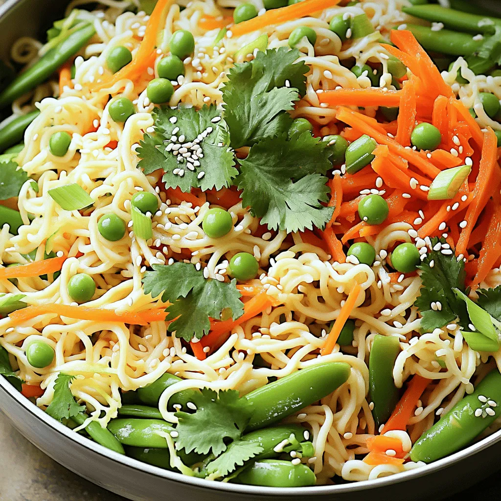 - 8 oz rice noodles - 2 tablespoons sesame oil - 2 tablespoons fresh ginger, grated - 2 tablespoons soy sauce (or tamari for gluten-free) - 1 tablespoon rice vinegar - 1 teaspoon honey or maple syrup - 1 cup shredded carrots - 1 cup snap peas, trimmed and halved - 1 red bell pepper, julienned - 3 green onions, sliced - 2 tablespoons sesame seeds - Fresh cilantro leaves for garnish Rice noodles are light and gluten-free, making them easy to digest. They soak up flavors well. Sesame oil adds a nutty taste and healthy fats. Fresh ginger brings a spicy kick and helps digestion. Soy sauce adds saltiness and umami. Rice vinegar gives a nice tang. Honey or maple syrup balances the flavors with sweetness. Carrots add crunch and color, while snap peas provide sweetness and snap. Red bell pepper adds a sweet flavor and vibrant color. Green onions add a fresh taste. Lastly, sesame seeds give a nice crunch and are packed with nutrients. To make your salad more exciting, you can add cooked protein. Grilled chicken or shrimp works well. Tofu is a great plant-based option. You can also add more veggies like cucumber or radishes for crunch. For heat, try adding sliced jalapeños or sriracha. If you like nuts, sprinkle some chopped peanuts or cashews for extra crunch. Each add-in can change the taste and texture, so feel free to mix and match. To start, you need to cook the rice noodles. Boil a pot of water. Once the water is bubbling, add the rice noodles. Cook them for about 4-6 minutes, as the package says. When they are soft, drain them in a colander. Rinse them with cold water to stop the cooking. This helps keep them from getting mushy. Set the noodles aside while you prep the other ingredients. Next, make the dressing. Grab a small bowl and a whisk. In the bowl, combine 2 tablespoons of sesame oil and 2 tablespoons of grated ginger. Add 2 tablespoons of soy sauce or tamari if you need it gluten-free. Then, add 1 tablespoon of rice vinegar and 1 teaspoon of honey or maple syrup. Whisk it all together until smooth. Taste it and adjust if you want more flavor. Now it's time to mix the salad. In a large mixing bowl, add the cooled rice noodles. Toss in 1 cup of shredded carrots, 1 cup of snap peas that you trimmed and halved, 1 red bell pepper cut into thin strips, and 3 sliced green onions. Mix everything gently, so it combines well. Pour the dressing over the salad mix. Toss everything together gently. You want every piece to be coated in that tasty dressing. This step is key for great flavor in every bite. Finally, finish your salad with toppings. Sprinkle 2 tablespoons of sesame seeds on top for crunch. Add fresh cilantro leaves for a pop of color and flavor. Give it a light toss again to mix in the toppings. Your Minute Sesame Ginger Noodle Salad is now ready to enjoy! To get the right noodle texture, cook the rice noodles until they are just soft. Usually, this takes about 4 to 6 minutes. After cooking, drain the noodles and rinse them in cold water. This stops the cooking and keeps them from getting mushy. You want them tender but firm, so they hold up in the salad. Taste is key in this salad. The dressing has sesame oil, ginger, soy sauce, and vinegar. Start with the basic amounts, then adjust to your liking. If you want it sweeter, add more honey or maple syrup. If you prefer a saltier taste, add a bit more soy sauce. Always taste as you go! Serve this salad chilled for the best flavor. It makes a perfect side dish or light lunch. You can add grilled chicken or tofu for a heartier meal. Top with extra sesame seeds and fresh cilantro for a nice touch. Enjoy it with chopsticks or a fork for fun! {{image_2}} If you need a gluten-free meal, this salad works great. You can easily swap soy sauce for tamari. Tamari is a gluten-free option with a similar taste. Also, check the rice noodles. Most brands are gluten-free, but read the label to be sure. You can enjoy a tasty meal without gluten! Adding protein can make this salad more filling. You can use cooked chicken or tofu to boost the dish. If you choose chicken, grill or roast it first. Cut it into bite-sized pieces. For tofu, press it to remove water, then sauté it until golden. Both options add great flavor and texture. Feel free to change the veggies based on the season. In spring, you might add asparagus or radishes. In summer, try cucumbers or bell peppers for a fresh crunch. In fall, consider roasted sweet potatoes or kale. Using seasonal produce keeps your salad exciting and helps you enjoy fresh ingredients year-round. To store your Minute Sesame Ginger Noodle Salad, put it in an airtight container. Make sure to cool the salad before sealing it. This helps keep the flavors fresh. You can keep it in the fridge for up to three days. If you notice any moisture, add a paper towel to absorb it. This keeps your salad crisp. When reheating the salad, I suggest not using a microwave. Instead, place it in a pan over low heat. Stir gently until warmed. This keeps the noodles from getting mushy. If you prefer it cold, you can enjoy it straight from the fridge. The flavors taste great chilled too. Freezing this salad isn’t the best choice. The noodles can become mushy once thawed. However, if you must freeze it, omit the fresh veggies and dressing. Store the noodles in a freezer bag. When you want to eat it, thaw in the fridge overnight. Then, mix in fresh veggies and dressing before enjoying. Yes, you can make this salad ahead of time. Prepare the noodles and dressing. Store them separately. Mix them together right before serving. This keeps the noodles fresh and crunchy. The salad stays good in the fridge for about three days. Keep it in an airtight container. After a day, the noodles may soften a bit. Absolutely! You can use any noodle you like. Try soba, udon, or even spaghetti. Just adjust the cooking time based on the type of noodle you choose. If you don’t have ginger, use garlic instead. It adds a nice kick. You can also use ground ginger or skip it altogether if you prefer. This blog post covered the key ingredients, cooking steps, and helpful tips for your salad. You learned how to perfect the noodle texture and adjust flavors. We also explored tasty variations and storage tips for leftovers. Making this salad can be fun and flexible. You can change ingredients based on your taste and what's in season. With the right care, your salad can stay fresh for days. Enjoy creating your perfect bowl!