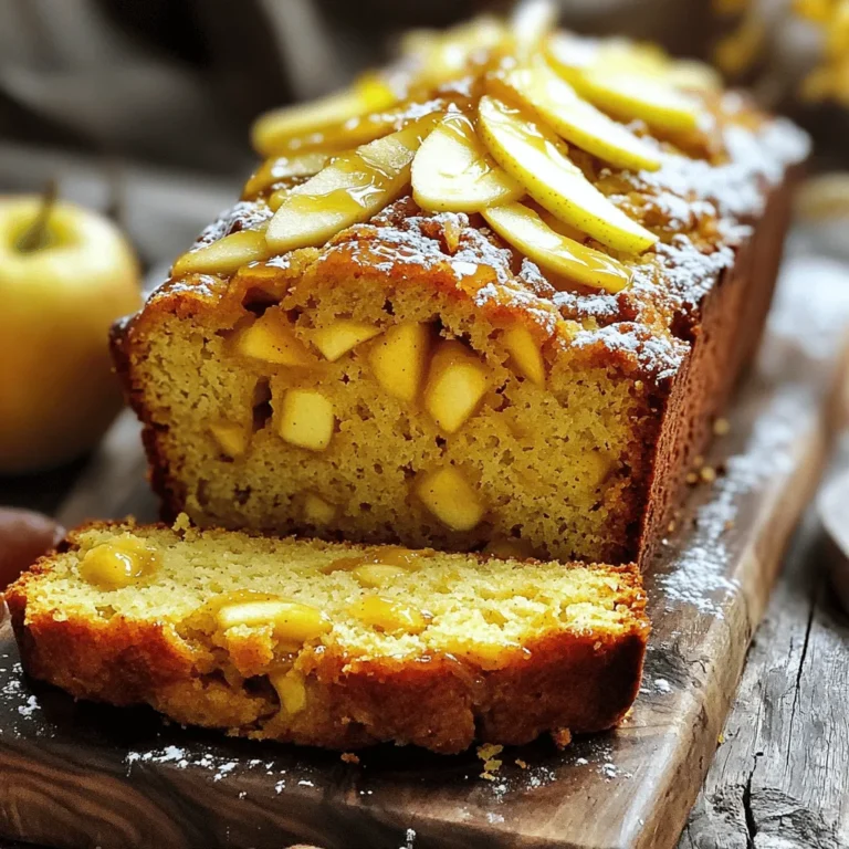 - 2 cups all-purpose flour - 1 cup granulated sugar - 1 tablespoon baking powder These three core ingredients make the base of your quick bread. The all-purpose flour gives it structure. Granulated sugar adds sweetness, while baking powder helps the bread rise. - 1 teaspoon cinnamon - 1/2 teaspoon nutmeg - 1/4 teaspoon salt - 1/2 cup unsalted butter, melted - 1/2 cup milk - 2 large eggs - 2 cups peeled and diced apples (Granny Smith or Honeycrisp) - 1 teaspoon vanilla extract Cinnamon and nutmeg bring warm flavors to your bread. The butter and milk add moisture, while eggs help bind it all. Diced apples, like Granny Smith, give a nice tartness. Vanilla extract rounds out the taste. - 1 cup powdered sugar - 2 tablespoons apple cider - Optional: Chopped pecans or walnuts for topping For a sweet finish, use powdered sugar and apple cider to make a glaze. Chopped nuts can add crunch on top. This glaze makes the bread look and taste even better. - Preheat the oven to 350°F (175°C). - Grease a 9x5-inch loaf pan and set it aside. - In a large bowl, combine 2 cups of all-purpose flour, 1 cup of granulated sugar, 1 tablespoon of baking powder, 1 teaspoon of cinnamon, 1/2 teaspoon of nutmeg, and 1/4 teaspoon of salt. - Whisk until evenly blended. - In another bowl, blend 1/2 cup of melted unsalted butter, 1/2 cup of milk, 2 large eggs, and 1 teaspoon of vanilla extract until fully mixed. - Pour the wet ingredients into the dry ingredients and stir gently until just combined. A few lumps are fine; do not overmix. - Gently fold in 2 cups of peeled and diced apples. - Pour the batter into the prepared loaf pan. Smooth the top with a spatula. You can add chopped nuts on top for texture, if you like. - Bake in the preheated oven for 55-65 minutes. To check for doneness, insert a toothpick into the center. It should come out clean. - Once baked, let the bread cool in the pan for about 10 minutes. Then transfer it to a wire rack. - While still warm, drizzle a glaze made from 1 cup of powdered sugar mixed with 2 tablespoons of apple cider over the top of the bread for a sweet finish. - Avoid Overmixing: When mixing the wet and dry ingredients, stir just until combined. Overmixing can make the bread tough. A few lumps are fine. - Choose the Right Apples: I like using Granny Smith or Honeycrisp apples. They give a nice balance of sweet and tart flavors, which works well in this bread. - Optional Add-ins and Toppings: You can add chopped pecans or walnuts on top for a crunchy texture. They add a nice twist to each bite. - Using Fresh Ingredients: Always use fresh apples and spices. This makes your bread taste much better. Fresh ingredients bring out the natural flavors. - Presentation Ideas: For serving, slice the bread and place it on a rustic wooden board. Add thin apple slices and a dusting of powdered sugar. This gives a lovely autumn vibe. - Pairing with Beverages: Enjoy this bread with a cup of warm cider or coffee. The flavors blend perfectly and make your snack time special. {{image_2}} If you want to make this bread nut-free, simply skip the nuts. The bread will still taste great. You can also try different toppings. Consider using chocolate chips or a sprinkle of cinnamon sugar instead. These will add flavor without the nuts. Choosing the right apples is key. I recommend using Granny Smith or Honeycrisp apples. Both add a nice balance of sweet and tart. Granny Smith gives a tangy bite, while Honeycrisp brings sweetness. The apple type impacts the flavor and texture of the bread. You want apples that hold their shape but also soften a bit when baked. To make this bread gluten-free, swap the all-purpose flour for a gluten-free blend. Look for a mix made for baking. You may need to adjust the baking time slightly. Check the bread a few minutes early. It may bake faster or slower, depending on the flour used. - Room Temperature Storage: Keep the bread in an airtight container. This helps keep it fresh. You can store it for up to three days. - Refrigeration Tips: If you want it to last longer, put it in the fridge. Wrap it tightly in plastic wrap before putting it in a container. It can last up to a week this way. - Best Practices for Freezing: To freeze the bread, let it cool completely. Wrap it in plastic wrap and then foil. This helps prevent freezer burn. You can freeze it for up to three months. - Thawing Recommendations: When you're ready to eat it, take it out of the freezer. Leave it in the fridge overnight to thaw. You can also let it sit at room temperature for a few hours. - Expected Longevity of the Bread: At room temperature, the bread lasts about three days. In the fridge, it can last a week. When frozen, it lasts up to three months. - Signs of Spoilage: Check for mold or an off smell. If it feels dry or hard, it’s best to throw it away. Enjoy your Apple Fritter Quick Bread while it’s fresh! The best apples for this quick bread are Granny Smith and Honeycrisp. Both apples have the right balance of sweetness and tartness. Granny Smith adds a nice tang, while Honeycrisp brings sweetness. You can mix both types for a more complex flavor. Yes, you can make this quick bread ahead of time. Bake it, then let it cool completely. Wrap it tightly in plastic wrap or foil. Store it at room temperature for up to three days. For longer storage, freeze it. Just make sure to thaw it in the fridge overnight before serving. To check if your quick bread is done, insert a toothpick into the center. If it comes out clean or with a few crumbs, it's ready. The top should be golden brown, and the bread should feel firm to the touch. You can substitute some ingredients. For example, use brown sugar instead of granulated sugar for a richer flavor. You can also use almond milk instead of regular milk for a dairy-free option. Just remember, substitutions can change the taste and texture slightly. Apple fritter quick bread brings a delightful mix of sweet and warm flavors. We explored key ingredients like flour, sugar, and apples that create a perfect loaf. The step-by-step instructions ensure great results, while tips enhance texture and flavor. Remember, you can adjust the recipe with different apple varieties or opt for nut-free versions. In the end, enjoy your quick bread fresh or stored for later. With this guide, you can bake like a pro and share delicious moments. Dive into the flavors, and get baking!