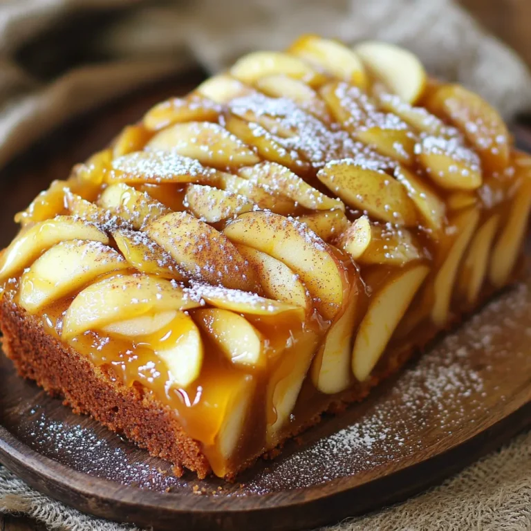 - 4 medium apples (Granny Smith or Honeycrisp) - 1 cup brown sugar - 1/2 cup unsalted butter - 1 1/2 cups all-purpose flour - 1 teaspoon baking powder - 1/2 teaspoon baking soda - 1/4 teaspoon salt - 1 cup granulated sugar - 2 large eggs - 1 teaspoon vanilla extract - 1/2 cup buttermilk For this caramel apple upside-down loaf cake, the right ingredients make magic. I love using Granny Smith or Honeycrisp apples. They add a nice tartness that balances the sweet caramel. You will need brown sugar and unsalted butter for the rich caramel base. This mix creates a gooey layer that pairs perfectly with the apples. For the dry part, all-purpose flour ensures a soft texture. The baking powder and baking soda help the cake rise. A pinch of salt rounds out the flavors. The wet ingredients include granulated sugar, eggs, and vanilla for sweetness and depth. Buttermilk adds moisture and a slight tang. This combo creates a cake that is moist and fluffy. Gather these ingredients before you start. Having everything ready makes the process smooth and fun! 1. Start by preheating your oven to 350°F (175°C). Grease a 9-inch loaf pan with some butter. This step helps the cake come out easily. 2. Next, in a medium saucepan over medium heat, melt 1/2 cup of unsalted butter and 1 cup of brown sugar together. Stir until the mixture is smooth and well combined. Add 1/2 teaspoon of ground cinnamon and mix it in evenly. This blend creates a rich caramel flavor. 3. Pour the caramel mixture into the bottom of your prepared loaf pan. Spread it out evenly. 4. Take 4 medium apples, like Granny Smith or Honeycrisp, peel, core, and thinly slice them. Layer these apple slices over the caramel. Overlap them slightly for a beautiful look. Set this aside while you make the cake batter. 5. In a large bowl, whisk together 1 1/2 cups of all-purpose flour, 1 teaspoon of baking powder, 1/2 teaspoon of baking soda, and 1/4 teaspoon of salt. This dry mix gives the cake its structure. 6. In another bowl, beat 1 cup of granulated sugar with the remaining 1/2 cup of butter until it gets light and fluffy. Add 2 large eggs, one at a time, mixing well after each. Stir in 1 teaspoon of vanilla extract for flavor. 7. Gradually add the dry flour mixture to the wet mix. Alternate this with 1/2 cup of buttermilk. Mix until just combined. Be careful not to overmix. 8. Pour the batter over the apples and caramel in the loaf pan. Smooth the top with a spatula. 9. Bake the loaf in the preheated oven for 55 to 65 minutes. Check for doneness by inserting a toothpick in the center. It should come out clean when the cake is ready. 10. Let the cake cool in the pan for about 10 minutes. After that, carefully invert it onto a serving plate. Allow it to cool completely before slicing. Enjoy the delicious layers of caramel and apple! To ensure your cake rises well, do not skip the baking powder and baking soda. They help create bubbles in the batter. Make sure your baking powder is fresh. If it's old, it won't work as well. Mix the dry ingredients well before adding them to the wet ones. This helps spread the leavening agents evenly. To achieve the perfect caramel texture, melt the butter and brown sugar slowly over medium heat. Stir often to prevent burning. You want a smooth and shiny caramel. If it gets too thick, add a tiny bit of water to loosen it. Pour it into the pan right away before it cools. For the best flavor and texture, I recommend using Granny Smith or Honeycrisp apples. Granny Smith apples are tart and hold their shape well during baking. Honeycrisp apples are sweet and juicy, adding a lovely flavor. You can mix both varieties for a more complex taste. Just remember to peel and core them for even cooking. For a delightful treat, serve your loaf cake warm with a scoop of vanilla ice cream. The cold ice cream melts into the warm cake, creating a lovely contrast. You can also add whipped cream for extra creaminess. For a touch of elegance, dust the top with powdered sugar. This adds a nice visual and flavor boost. {{image_2}} You can change the sugar in this recipe. Brown sugar gives a rich flavor. If you want, use white sugar instead. It will change the taste but still be good. If you need gluten-free options, use almond flour or coconut flour. These work well in baking. They may change the texture, so keep an eye on it. Adding nuts can give your cake a nice crunch. Try walnuts or pecans. You can also mix in spices like nutmeg or ginger for extra warmth. Drizzling caramel sauce on top is a great touch. It makes the cake even sweeter and more fun to eat. You can make this recipe into cupcakes. Just pour the batter into cupcake liners. Bake them for about 20-25 minutes. Another idea is to make mini loaves. Use small loaf pans and bake for around 30-40 minutes. These are perfect for gifts or sharing! To keep your caramel apple upside-down loaf cake fresh, use these simple steps: - Refrigeration: Place the cake in an airtight container. This keeps moisture in and helps prevent drying. - Wrapping: If you don’t have a container, wrap the cake tightly with plastic wrap. This also helps seal in freshness. Want to save some for later? Freezing is easy! - Wrap the Cake: First, slice the cake if you want individual pieces. Then, wrap each slice in plastic wrap, or wrap the whole loaf. - Place in a Bag: Put the wrapped cake in a freezer bag. This protects it from freezer burn. - Label and Date: Write the date on the bag. This helps you keep track of how long it’s been in the freezer. - Freezing Time: The cake can last up to three months in the freezer. When you’re ready to enjoy your cake again, follow these tips: - Oven Method: Preheat your oven to 350°F (175°C). Place the cake on a baking sheet and heat for about 10-15 minutes. This keeps the cake moist. - Microwave Method: For a quick fix, use your microwave. Heat a slice for 15-20 seconds. Check if it’s warm enough, and add more time if needed. - Texture Check: Make sure it’s soft and warm, just like when it was fresh! Can I use a different pan size? Yes, you can. If you use a smaller pan, check the baking time. A larger pan may need less time. Always keep an eye on your cake while it bakes. What if I don’t have buttermilk? No problem! You can make a quick substitute. Just mix 1 tablespoon of vinegar or lemon juice with 1 cup of milk. Let it sit for about 5 minutes. This will work well in the recipe. Can I substitute butter for oil? You can use oil instead of butter. But, the cake may taste a bit different. Butter adds a rich flavor that oil does not. If you want to keep it buttery, stick with butter. What's the best apple for baking in this recipe? Granny Smith and Honeycrisp apples are great choices. They hold their shape and add a nice tartness. This makes your cake taste fresh and balanced. Why did my cake sink in the middle? A sinking cake often means it was underbaked. Make sure to check for doneness with a toothpick. If it comes out clean, your cake is done! How can I avoid a dry texture? To keep your cake moist, don’t overmix the batter. Also, be careful with baking time. If it’s too long, the cake can dry out. This recipe brings together fresh apples, rich caramel, and soft cake. Each ingredient plays a key role in flavor and texture. By following the steps closely, you ensure a tasty result. Remember to choose apples wisely for the best taste. Variations add fun twists, so feel free to explore. Proper storage keeps your cake fresh for later treats. With these tips, you’ll be ready to impress anyone who tries your cake. Enjoy the process and savor the delicious results!