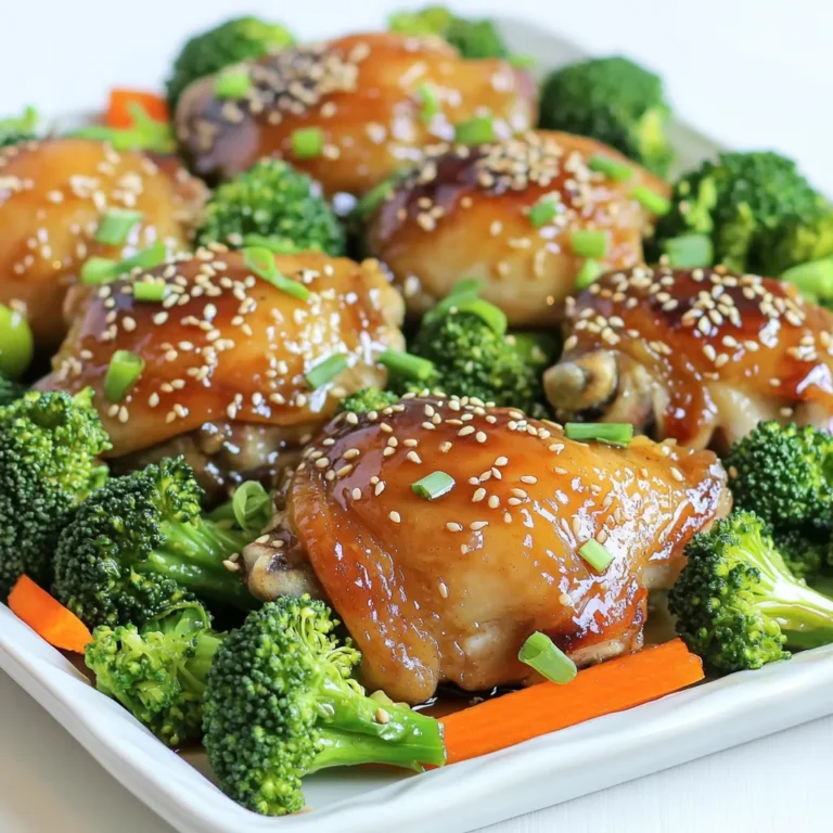 - 1.5 lbs boneless, skinless chicken thighs - 4 cups broccoli florets - 1 cup carrots, sliced - 1/3 cup honey - 1/4 cup soy sauce (low sodium, if preferred) - 3 cloves garlic, minced - 1 tablespoon fresh ginger, grated - 2 tablespoons olive oil - Salt and pepper to taste - Sesame seeds (for garnish) - Chopped green onions (for garnish) Gather your ingredients before you start. The chicken thighs are juicy and flavorful. Broccoli adds crunch and color. Carrots give a sweet touch. The honey in the marinade makes everything nice and sticky. Soy sauce adds a salty depth. Garlic and ginger bring warmth and zest. Olive oil helps the veggies roast well. Finally, sesame seeds and green onions add a lovely finish. You can mix and match these ingredients to fit your taste. Make this dish your own! - Preheat your oven to 400°F (200°C). - In a bowl, whisk together honey, soy sauce, minced garlic, and fresh ginger. - Place the chicken thighs in a bowl or a zip-lock bag. - Pour half of the honey garlic marinade over the chicken. Let it marinate for at least 15 minutes. - Line a large baking sheet with parchment paper. - Spread the marinated chicken on one side of the sheet. - On the other side, add broccoli florets and sliced carrots. - Drizzle olive oil over the veggies and sprinkle with salt and pepper. Toss to coat. - Bake the chicken and veggies for 20-25 minutes. - In the last 5 minutes, brush the chicken with the remaining marinade to glaze it. - Once baked, remove the pan from the oven. - Let it rest for a few minutes. - Garnish with sesame seeds and chopped green onions before serving. To get great flavor, marinate the chicken right. Use a bowl or zip-lock bag. Pour half of the honey garlic mix over the chicken. Toss it well to coat. Let it sit for at least 15 minutes. If you have more time, refrigerate it for up to an hour. This helps the chicken soak up the flavors. For extra flavor absorption, poke small holes in the chicken thighs. This allows the marinade to get deeper. Also, remember to flip the chicken halfway through marinating. This ensures all sides get coated. Baking chicken and veggies together is easy and smart. To ensure even cooking, spread the chicken and veggies out well on the sheet pan. Avoid crowding; give them space. This helps everything cook evenly. To check if the chicken is done, use a meat thermometer. It should reach 165°F (75°C) inside. If you don’t have a thermometer, cut into the chicken. The juices should run clear, not pink. You can prepare the chicken and veggies ahead of time. Chop the broccoli and carrots and store them in the fridge. You can also marinate the chicken the night before. This saves time on busy days. If you have a different oven, baking times may vary. Some ovens heat up faster than others. Check your dish a few minutes early. This way, you won’t overcook the chicken or veggies. Adjust the time as needed for the best results. {{image_2}} You can change up the veggies in this dish. Try using green beans, bell peppers, or zucchini. These options add different tastes and colors. You can also use seasonal veggies. In spring, add asparagus. In fall, you can use Brussels sprouts. Each veggie brings its own unique flavor. Don't worry if you don't have chicken thighs. You can use chicken breasts instead. They cook well, but may dry out faster. For a different protein, try shrimp or tofu. If using shrimp, reduce the cooking time to about 10-15 minutes. For tofu, press out the moisture and cube it before marinating. Want to kick up the flavor? Add spices like cumin or paprika. You can also toss in some red pepper flakes for heat. Instead of just honey and soy sauce, you could use teriyaki or sweet chili sauce. These changes can make your dish taste new and exciting. To keep your honey garlic chicken and broccoli fresh, store it in an airtight container. Place the chicken and veggies in the fridge within two hours of cooking. They last about 3 to 4 days in the fridge. If you want to save it for longer, freeze it. It can stay frozen for up to 3 months. Just make sure to label your container with the date. When reheating, keep the chicken moist. Use the oven or the microwave. For the oven, set it to 350°F (175°C). Place the chicken and broccoli on a baking sheet. Cover them with foil to prevent drying out. Heat for about 15 minutes or until warm. In the microwave, heat in short bursts. Stir halfway to ensure even heating. Enjoy the same great taste and texture! Yes, you can use chicken breasts instead of thighs. However, thighs stay juicier during cooking. If you choose breasts, watch the cooking time. They may cook faster, so check for doneness at 20 minutes. If you need a honey substitute, use maple syrup or agave nectar. These options add sweetness but will change the flavor slightly. For a lower-calorie choice, consider stevia or coconut sugar. Adjust the amount to your taste. To check if the chicken is done, use a meat thermometer. The internal temperature should reach 165°F (75°C). You can also cut into the thickest part. The juices should run clear, not pink. Yes, you can prepare this dish ahead. Marinate the chicken a day before. Store it in the fridge until you are ready to bake. You can also chop the veggies ahead. This saves time on your busy day. For side dishes, consider rice or quinoa for a hearty option. A simple salad or steamed green beans works well too. For a fun twist, try serving it with garlic bread or a grain bowl. This blog post covered a simple and tasty honey garlic chicken recipe. You learned about the main ingredients, marinade, and cooking steps. We discussed tips for marinating and baking chicken, as well as variations and storage tips. Now you can make a delicious meal that fits your taste. Enjoy cooking, and feel free to explore different flavors and veggies! Your kitchen is a place for fun and creativity.
