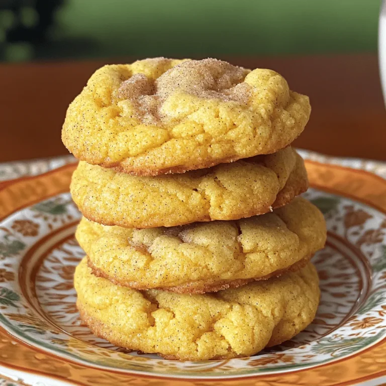 For these Pumpkin Snickerdoodle Cookies, you need the following key ingredients: - 1 cup unsalted butter, softened - 1 cup granulated sugar - 1/2 cup packed brown sugar - 1 cup pumpkin puree - 2 large eggs - 2 teaspoons vanilla extract - 3 1/4 cups all-purpose flour - 2 teaspoons cream of tartar - 1 teaspoon baking soda - 1/2 teaspoon salt - 1 tablespoon ground cinnamon - 1/2 teaspoon ground nutmeg - 1/4 cup granulated sugar (for rolling) - 1 tablespoon ground cinnamon (for rolling) If you have dietary restrictions, you can make some swaps: - Use coconut oil or vegan butter for a dairy-free option. - Substitute gluten-free flour for a gluten-free version. - For lower sugar, you can use a sugar alternative like stevia. Getting measurements right is key for baking. Here are some tips: - Use a scale for accurate measurements, especially for flour. - When measuring flour, spoon it into the cup and level it off with a knife. - If you need fewer cookies, you can halve the recipe. This will give you about 12 cookies. - For larger batches, simply double the ingredients for 48 cookies. These easy tips help ensure your cookies come out soft and delicious every time! Start by softening your butter. Cut it into small pieces and let it sit out for about 15 minutes. This helps it blend in better. If you're in a hurry, place the butter in a microwave on low power for 5 seconds. Be careful not to melt it. Next, grab your pumpkin puree. If you're using canned pumpkin, make sure it's pure pumpkin, not pie filling. Measure one cup. Lastly, crack your two large eggs into a bowl. Whisk them lightly to break the yolks. This makes mixing easier later. In a big bowl, beat the softened butter with the granulated and brown sugars. Mix until it looks light and fluffy. This takes about 2-3 minutes. Now, add the pumpkin puree, eggs, and vanilla extract. Blend everything together until smooth. In another bowl, mix the dry ingredients. Combine the flour, cream of tartar, baking soda, salt, cinnamon, and nutmeg. Whisk it well to avoid lumps. Slowly add this dry mix to the wet mix. Stir gently until just combined. Don’t over-mix; this keeps your cookies soft. Now it’s time to shape the cookies. Use a cookie scoop or your hands to form balls, about 1.5 inches wide. Roll each ball in the cinnamon-sugar mix until it’s fully coated. Place the dough balls on prepared baking sheets. Leave about 2 inches between them. Bake in a preheated oven at 350°F for 10 to 12 minutes. Look for lightly golden edges. The centers may seem soft, but they will firm up as they cool. After baking, let the cookies cool on the sheets for 5 minutes. Then, move them to a wire rack to cool completely. Enjoy the delicious smell filling your kitchen! Making cookies can be fun, but mistakes can happen. Here are some pitfalls to watch for: - Over-mixing the dough: This can make your cookies tough. Mix until just combined. - Not measuring flour correctly: Too much flour leads to dry cookies. Use a spoon to scoop flour into your measuring cup, then level it off. - Skipping the cream of tartar: This gives Snickerdoodles their unique taste and texture. Don’t leave it out! To achieve that perfect soft texture, chill your dough for about 30 minutes before baking. This helps the cookies keep their shape and stay soft in the center. Cooling your cookies is key. If you skip this step, they may fall apart. Let them cool on the baking sheet for five minutes. Then, move them to a wire rack to cool completely. Pair your Pumpkin Snickerdoodle Cookies with: - A glass of cold milk for a classic treat. - A warm cup of tea for a cozy vibe. - Sprinkle extra cinnamon on top for a festive touch. These little tricks will make your cookies even more enjoyable! {{image_2}} You can make these cookies even more fun! Try adding chocolate chips for a sweet twist. Just fold in about one cup of chips at the end. If you love a crunch, add nuts like pecans or walnuts. Chop them fine and mix them in with the dough. You can also change the spices. Swap the cinnamon for ginger or cloves for a warm flavor. A pinch of allspice can add depth too. Experiment with what you love! Want to make gluten-free Pumpkin Snickerdoodle Cookies? Use gluten-free flour instead of all-purpose flour. It will work just as well! If you need vegan cookies, replace the eggs with flax eggs. Mix one tablespoon of ground flaxseed with three tablespoons of water for each egg. You can use plant-based butter too. For a healthier option, use less sugar. Try using ¾ cup of granulated sugar instead of a full cup. You can also use applesauce to cut down on sugar and add moisture. Adjust to find the sweetness you like! To keep your Pumpkin Snickerdoodle Cookies fresh, store them in an airtight container. This will help maintain their soft texture. Place a slice of bread in the container to keep cookies moist. They stay fresh for about 5 days at room temperature. For best taste, eat them within the first few days. You can freeze both unbaked and baked cookies. For unbaked cookies, scoop the dough into balls. Place the balls on a baking sheet and freeze for about an hour. Then, transfer them to a freezer bag. For baked cookies, let them cool completely. Wrap them in plastic wrap or foil, then place in a freezer bag. To thaw frozen cookies, take them out and leave at room temperature for about 30 minutes. You can also warm baked cookies in the oven at 350°F (175°C) for a few minutes. Enjoy the fresh-baked taste anytime! Snickerdoodles are soft, sweet cookies rolled in cinnamon sugar. They have a unique tang from cream of tartar. The name comes from a German word. Some say it means "snail dumpling." These cookies date back to the late 1800s. They are popular in the United States, especially around the holidays. Yes, you can use canned pumpkin puree. It is a great time-saver. Just make sure it is pure pumpkin, not pie filling. Store-bought pumpkin has a smooth texture and good flavor. If you want, you can make your own pumpkin puree at home. Simply roast a pumpkin, scoop out the insides, and blend until smooth. Both options work well in cookies. Look for lightly golden edges on the cookies. The centers will look soft and puffy. You can gently press the top with your finger. If it springs back, the cookies are done. Let them cool on the baking sheet for a few minutes. They will firm up as they cool. Enjoy the soft texture! To make great Pumpkin Snickerdoodle Cookies, start with the right ingredients and measurements. Prepping and mixing are key steps, so follow them closely. Avoid common mistakes and cool your cookies correctly. Variations like chocolate chips add fun twists while adapting for diet needs can satisfy everyone. Remember, proper storage keeps your cookies fresh for days. As you bake, enjoy the process and share your delicious treats with others! Each step builds toward perfect cookies, making your efforts worthwhile. Test your skills and indulge in every bite!