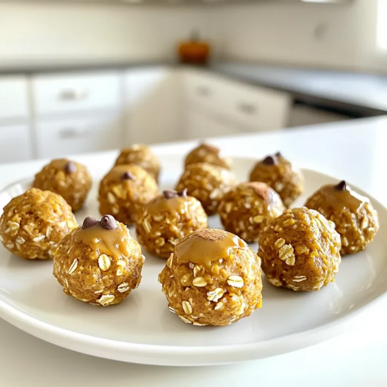 To make No-Bake Pumpkin Spice Protein Bites, you will need: - 1 cup rolled oats - 1/2 cup pumpkin puree - 1/2 cup almond butter (or any nut butter) - 1/4 cup honey or maple syrup - 1/4 cup protein powder (vanilla or traditional) - 1/2 teaspoon pumpkin pie spice - 1/4 teaspoon cinnamon - Pinch of salt - 1/4 cup chocolate chips (optional for extra sweetness) You can mix it up with some fun add-ins. Try: - Chopped nuts for crunch - Dried fruit for sweetness - Coconut flakes for a tropical twist If you want a nut-free version, use sun butter instead of nut butter. You can also swap honey for agave syrup for a vegan option. These bites pack a punch with healthy nutrients. Here’s what you get: - Rolled oats: Great for fiber and energy. They help keep you full. - Pumpkin puree: Rich in vitamins A and C, plus it adds moisture. - Almond butter: A good source of healthy fats and protein. - Honey or maple syrup: Natural sweeteners that also provide antioxidants. - Protein powder: Helps build and repair muscles, perfect for a post-workout snack. These ingredients not only taste great but also support your health goals. Start by gathering your ingredients. You need rolled oats, pumpkin puree, almond butter, honey, protein powder, pumpkin pie spice, cinnamon, salt, and chocolate chips if you want them. In a large bowl, mix the rolled oats, protein powder, pumpkin pie spice, cinnamon, and salt. Stir well until everything blends nicely. Next, add the pumpkin puree, almond butter, and honey. Mix until it forms a sticky dough. If you like, fold in chocolate chips for extra flavor. To get the perfect consistency, make sure your pumpkin puree is thick. If it’s too runny, your bites may not hold together. You can add a little more protein powder or oats if the mixture is too wet. If it feels too dry, add a tiny bit of water or more almond butter. The goal is a dough-like texture that sticks together but is not too sticky. Once your mixture is ready, wash your hands and take small portions. Roll them into bite-sized balls. Place each ball on a baking sheet lined with parchment paper. Make sure they are spaced out so they don’t stick together. After rolling all the bites, put the baking sheet in the fridge for about 30 minutes. This helps them firm up. After chilling, they are ready to eat. Store any leftovers in an airtight container in the fridge for up to a week. To make the best no-bake pumpkin spice protein bites, start with a large bowl. Mix the dry ingredients first. This includes the oats, protein powder, pumpkin pie spice, cinnamon, and salt. Stir them until they blend well. Next, add the wet ingredients: pumpkin puree, almond butter, and honey. Mix well until the dough is sticky. If it feels too dry, add a bit more pumpkin puree. You can easily change the flavor of these bites. Try adding different spices like nutmeg or ginger for a warm twist. Want more sweetness? Add extra honey or maple syrup. You can also swap almond butter for peanut or cashew butter. For a fun crunch, mix in nuts or seeds. Chocolate lovers can add more chocolate chips. These protein bites can be a great snack anytime. Enjoy them as a mid-morning boost or post-workout treat. They are perfect for school lunches, too. Serve them chilled for a refreshing bite. You can even pair them with yogurt or fruit for extra nutrition. Store leftovers in an airtight container. They last about a week in the fridge. {{image_2}} You can easily change this recipe to fit your needs. If you have nut allergies, try sunflower seed butter instead of almond butter. This will still keep the bites creamy and tasty. For a gluten-free option, ensure your oats are certified gluten-free. You can also swap honey for agave syrup if you want a vegan option. This way, everyone can enjoy these bites! Feel free to mix up the flavors based on the season. In winter, add a little ginger for warmth. In spring, you might try adding lemon zest for a fresh kick. For summer, a touch of coconut flakes can bring a tropical vibe. Each change gives a new spin on your protein bites. You can personalize them to fit your mood or the time of year. Serving options can make these bites even more fun. You can stack them on a plate and drizzle some melted dark chocolate on top. This adds a nice touch and makes for a great dessert. Another idea is to roll them in crushed nuts or seeds for added crunch. You can also serve them with a small bowl of yogurt for dipping. These ideas keep your snacks exciting and appealing! After making your no-bake pumpkin spice protein bites, store any extras in an airtight container. This keeps them fresh and tasty. Place the container in the refrigerator. They stay good for up to a week. Always use clean hands when taking bites to keep them safe. These protein bites have a short shelf life. They last about seven days in the fridge. If you want them to last longer, freezing is a great option. I suggest eating them fresh, but they still taste good after a week in the fridge. To freeze your protein bites, first, let them chill in the fridge. Once firm, place them in a freezer bag. You can layer them with parchment paper to avoid sticking. This way, you can grab one or two when you need a quick snack. They can last up to three months in the freezer. When you want to eat them, just pull them out and let them thaw in the fridge or at room temperature. Yes, you can use any nut butter you like! Almond butter adds a nice flavor, but peanut butter works well too. Sunflower seed butter is a great option if you want a nut-free version. Just remember, different nut butters may change the taste and texture a bit. If you want a different sweetener, you can use agave syrup or brown rice syrup. You can also try date syrup for a natural option. If you prefer no sweetener, add more pumpkin puree for moisture and flavor. The bites are ready after chilling in the fridge for about 30 minutes. They should feel firm to the touch. If they hold their shape when you pick one up, they're good to go! You can enjoy them right away or store them for later. Yes, you can make these bites vegan easily! Just swap honey for maple syrup or another vegan sweetener. Use a plant-based protein powder too. Choose a nut butter that fits your vegan diet, and you’re all set! We covered how to make tasty no-bake protein bites with simple ingredients. You learned the steps to mix and chill them for the right texture. These bites can fit many diets and flavors. Remember, you can store leftovers easily and keep them fresh. Try different nuts or sweeteners to make it your own. Enjoy your healthy snack anytime! Keep experimenting with new flavors and share your favorites with others. Your kitchen adventure has just begun!