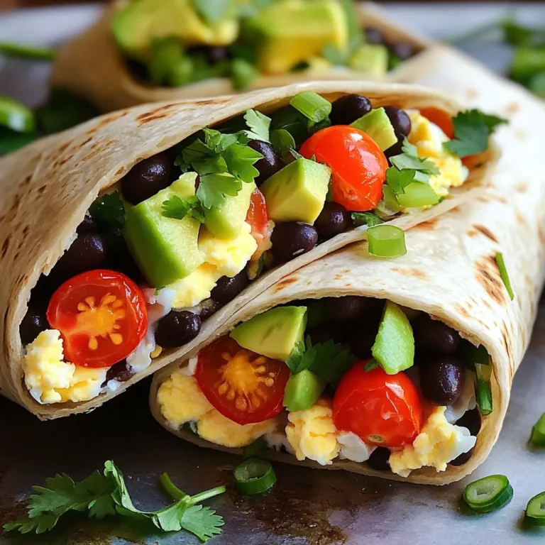 - 6 large egg whites - 1/2 cup black beans - 1/2 cup cherry tomatoes - 1/4 cup green onions - 1/2 cup bell pepper - 1/4 teaspoon cumin - 1/4 teaspoon paprika - Salt and pepper to taste - 4 whole grain tortillas - 1/2 avocado - Fresh cilantro - Salsa or hot sauce (optional) The main ingredients create a solid base for your breakfast burrito. The egg whites offer protein. Black beans add fiber and richness. Cherry tomatoes give it a fresh flavor. Green onions bring in a nice crunch, while bell peppers add color and sweetness. For seasoning, cumin and paprika add warmth and depth. Salt and pepper enhance all the flavors. You can adjust these to suit your taste. The additional components make your burrito complete. Whole grain tortillas keep it healthy. Avocado gives creaminess. Fresh cilantro adds a burst of flavor. You can include salsa or hot sauce for a kick. This mix of ingredients makes your breakfast not just filling but also delicious. Enjoy customizing it to fit your needs. - Start by heating a non-stick skillet over medium heat. - Add the diced bell pepper and sauté for 3-4 minutes. Stir them often until they soften. - Next, toss in the halved cherry tomatoes. Cook for another 2 minutes until they soften a bit. - Finally, stir in the rinsed black beans. Cook for one more minute to warm them. - In a bowl, whisk together the egg whites with cumin, paprika, salt, and pepper. - Pour this mixture into the skillet with your sautéed vegetables. - Cook gently, stirring occasionally until the egg whites are fully set. This takes about 4-5 minutes. - While the egg mixture cooks, warm the whole grain tortillas. You can do this in a skillet or microwave for 30 seconds. - Lay the warmed tortillas on a clean surface. Divide the egg mixture evenly among them. - Top each burrito with slices of avocado and a sprinkle of chopped green onions. - Roll each tortilla tightly, folding in the sides as you go to keep the filling secure. - Slice the burritos in half and garnish with fresh cilantro. Serve with salsa or hot sauce if you like a kick! To make your burritos taste great, start with ripe tomatoes. Ripe tomatoes are sweet and juicy. They add a fresh burst to your dish. Look for tomatoes that feel firm yet yield slightly when pressed. This means they are ready to eat. Next, adjust your seasoning. Use salt and pepper to bring out the flavors. Cumin and paprika add warmth and depth. Taste your filling as you cook. You can always add more spices if needed. Using a non-stick skillet makes cooking easier. It helps prevent the egg whites from sticking. Heat your skillet over medium heat. Once hot, add your veggies. Stir them often to cook evenly. Properly folding burritos is key to keeping the filling inside. Lay your tortilla flat. Spoon the egg mixture in the center. Fold the sides in first. Then, roll it up tightly from the bottom. This keeps everything secure while you eat. Serving suggestions can elevate your dish. You can slice the burritos in half for a nice look. Arrange them on a plate with fresh cilantro. This adds color and freshness. For garnishing options, consider adding avocado slices on top. They add creaminess and flavor. You can also serve with salsa or hot sauce on the side. This way, everyone can add their favorite kick. {{image_2}} You can easily customize this recipe to fit different diets. For a vegan option, swap the egg whites for tofu. Firm tofu works great when crumbled and cooked. It gives you a similar texture and is high in protein. If you need a gluten-free option, choose gluten-free tortillas. They come in many styles, like corn or almond flour. This way, everyone can enjoy a delicious burrito. Feel free to switch up the beans or legumes. You can try pinto beans, chickpeas, or lentils. Each option adds its own unique taste and nutrients. You can also add extra vegetables. Spinach, mushrooms, or zucchini work well. These additions boost the flavor and nutrition of your burrito. You can also mix in some diced jalapeños for a spicy kick. To take your burrito to the next level, add cheese or salsa verde. A sprinkle of shredded cheese melts nicely and adds creaminess. Salsa verde gives a fresh, tangy flavor that brightens each bite. You can also change up the spices. For more heat, add cayenne pepper or chili powder. If you want something smokier, try smoked paprika. These small changes can make your burrito even more exciting and tasty. To store leftovers, let the burritos cool completely. Wrap each burrito tightly in foil or plastic wrap. Place them in an airtight container. Store in the fridge for up to three days. When ready to eat, just reheat them in the microwave or a skillet. For the best frozen burritos, wrap each one in foil first. Then put them in a freezer-safe bag. Make sure to squeeze out any air to prevent freezer burn. They can last up to three months in the freezer. To reheat, unwrap the burrito and place it on a microwave-safe plate. Heat for about 2-3 minutes, flipping halfway through. You can also bake them straight from frozen. Preheat your oven to 350°F and bake for about 20-25 minutes. These burritos last well in the fridge for three days. In the freezer, they can stay fresh for up to three months. After that, they may lose flavor and texture. Always check for any signs of spoilage before eating. To make high-protein egg white burritos, follow these steps: 1. Sauté diced bell pepper in a non-stick skillet for 3-4 minutes. 2. Add halved cherry tomatoes and cook for 2 more minutes. 3. Stir in rinsed black beans for 1 minute. 4. Whisk 6 egg whites with cumin, paprika, salt, and pepper in a bowl. 5. Pour the egg whites into the skillet and cook for 4-5 minutes, stirring gently. 6. Warm 4 whole grain tortillas in a microwave for about 30 seconds. 7. Divide the egg mixture among the tortillas. 8. Top with slices of avocado and chopped green onions. 9. Roll up the tortillas tightly, folding in the sides. 10. Slice the burritos in half and garnish with fresh cilantro. This process ensures you create a tasty and healthy meal in just 20 minutes. Yes, you can use whole eggs. However, the nutritional profile changes. Whole eggs have more calories and fat. They also add richer flavor and creaminess. Each whole egg has about 70 calories compared to 17 calories in one egg white. If you want to keep it lighter, stick with egg whites. They provide protein without extra fat. You can also mix one whole egg with egg whites for balance. To boost protein, consider these additions: - 1/2 cup cooked quinoa - 1/4 cup feta cheese - 1/4 cup cottage cheese - Greek yogurt on the side - Chopped cooked chicken or turkey These options will give your burritos extra protein while keeping them delicious. These egg white burritos are packed with healthy ingredients and flavor. We covered everything from the main ingredients to cooking steps and storage tips. You can also customize them to fit your diet. Try adding different veggies or spices for more flavor. With these easy steps, you’ll enjoy a tasty and nutritious meal or snack. These burritos are not just good for you; they are fun to make! Enjoy experimenting and make this recipe your own!