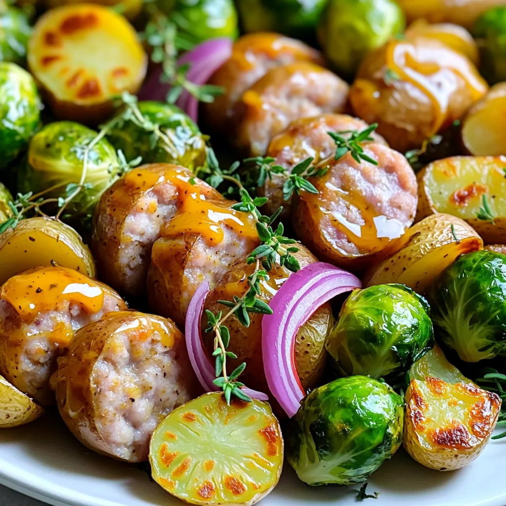- 1 pound chicken or turkey sausages, sliced - 2 cups Brussels sprouts, trimmed and halved - 2 cups baby potatoes, halved - 1 red onion, cut into wedges - 3 tablespoons olive oil - 1/4 cup honey - 1/4 cup Dijon mustard - 2 teaspoons garlic powder - 1 teaspoon dried thyme - Salt and pepper to taste To create this dish, you need simple, fresh ingredients. You start with chicken or turkey sausages. These meats are easy to cook and full of flavor. Next, you have Brussels sprouts. They add a nice crunch and are healthy too. Baby potatoes are another key ingredient. They become soft, creamy, and delicious when roasted. Finally, use a red onion for sweetness. It adds great depth to the dish. The honey mustard sauce ties it all together. Olive oil keeps everything moist. Honey gives a sweet taste, while Dijon mustard adds a tangy kick. Garlic powder and dried thyme boost the flavor profile. Don’t forget salt and pepper to make everything pop. This combination of ingredients makes for a fantastic sheet pan supper that is easy to prepare and fun to eat. 1. Preheating the oven First, set your oven to 400°F (200°C). This heat will help the food cook evenly. 2. Preparing the baking sheet Grab a large baking sheet and line it with parchment paper. This makes cleanup easy. 1. Combining sausages and vegetables In a large bowl, mix the sliced sausages, Brussels sprouts, baby potatoes, and red onion. Make sure they are well combined. 2. Whisking the sauce In a small bowl, whisk together olive oil, honey, Dijon mustard, garlic powder, dried thyme, salt, and pepper. Keep whisking until the sauce is smooth. 1. Coating the mixture Pour the honey mustard sauce over the sausage and vegetables. Toss everything together so each piece is coated well. 2. Roasting and stirring Spread the mixture out on the baking sheet in one layer. Roast it in the oven for 25 to 30 minutes. Stir halfway through for even cooking. When done, the sausages should be browned, and the veggies tender. - To ensure even cooking, cut the sausages and veggies into similar sizes. - Roast the dish at 400°F for about 25-30 minutes. Stir halfway for best results. - Serve the meal straight from the sheet pan for a fun look. - For a pop of color, garnish with fresh thyme sprigs before serving. - You can swap chicken or turkey sausages for pork or veggie sausages. - Brussels sprouts can be replaced with green beans or broccoli for variety. {{image_2}} You can use many types of sausages in this dish. Chicken or turkey sausages are popular choices. They keep the meal light and healthy. If you prefer a richer flavor, try pork sausages. They add a nice depth to the dish. If you want a plant-based option, use vegetarian sausages. They come in many flavors and styles. Look for brands that have good texture and taste. This way, everyone can enjoy the meal. Feel free to mix in other vegetables. Carrots, bell peppers, or zucchini work well. They add color and taste. You can also choose seasonal veggies. In the fall, add squash or sweet potatoes. In summer, use fresh corn or green beans. This recipe is flexible, so use what you have on hand. You can create a new flavor each time you make it. You can easily boost the flavor of this dish. Try adding spices like paprika for smokiness. A pinch of cayenne pepper adds heat for those who like spice. Fresh herbs like rosemary or parsley can give it a fresh taste. If you want a sweeter twist, add a splash of maple syrup. This will make the sauce even more delicious. Adjust the honey to balance the sweetness. You can make this dish your own with just a few tweaks! To store leftovers, let them cool down first. Place the food in an airtight container. You can keep it in the fridge for up to three days. Use glass or plastic containers with tight lids. This keeps the food fresh and safe to eat. The best way to reheat this dish is in the oven. Set your oven to 350°F (175°C). Place the food in an oven-safe dish and cover it with foil. Heat for about 15-20 minutes. You can also use the microwave. Make sure to cover your dish to keep moisture inside. For safety, check that the food is hot throughout before eating. Yes, you can freeze leftovers. Store them in freezer-safe containers. This dish can last up to three months in the freezer. For thawing, place the container in the fridge overnight. You can also use the microwave to defrost it quickly. Make sure to reheat it properly after thawing. It takes about 40 minutes to cook this dish. You will need 10 minutes to prep and 30 minutes to roast it in the oven. Start by preheating your oven to 400°F (200°C). This helps the sausages and veggies cook evenly. Yes, you can prepare this dish ahead of time. You can slice the sausages and chop the veggies a day before. Keep them in the fridge. Mix the honey mustard sauce and store it separately. When ready to cook, combine everything and roast. This saves time on busy days. This dish pairs well with many sides. Here are some ideas: - Garlic bread for a tasty bite. - A fresh green salad for crunch. - Steamed rice to soak up the sauce. - Roasted corn for a sweet touch. These sides balance the flavors and add variety to your meal. This blog post covered a delicious honey mustard sausage sheet pan supper. I shared key ingredients, including chicken or turkey sausages, Brussels sprouts, and baby potatoes. You learned how to mix the sauce and roast everything to perfection. We discussed tips for even cooking and suggested fun variations. To finish, this dish is simple to prepare and full of flavor. Enjoy experimenting with different ingredients and make it your own! Happy cooking!
