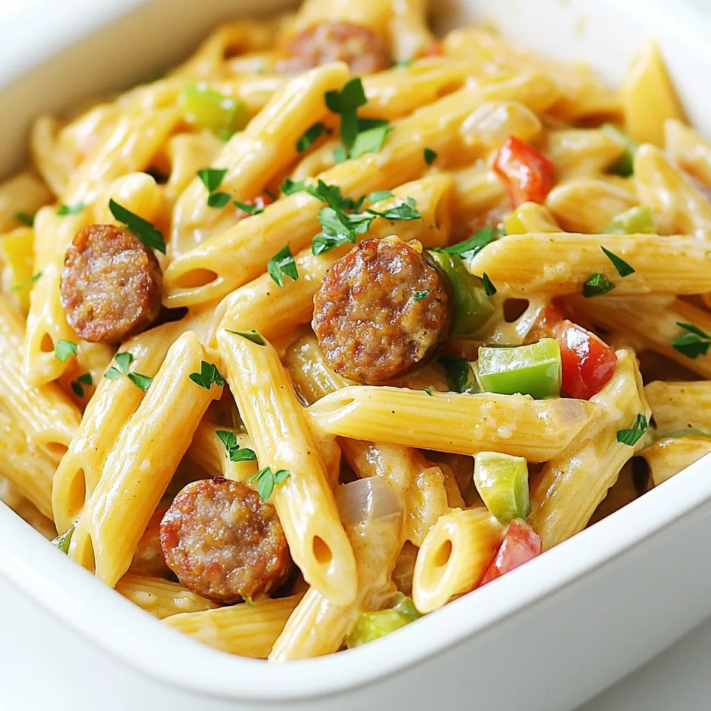 To make One-Pot Creamy Cajun Sausage Pasta, you will need: - 12 oz penne pasta - 1 lb Cajun-style sausage (smoked or spicy), sliced - 1 tablespoon olive oil - 1 medium onion, chopped - 3 cloves garlic, minced - 1 red bell pepper, diced - 1 green bell pepper, diced - 1 teaspoon smoked paprika - 1 teaspoon onion powder - 1 teaspoon garlic powder - 1 teaspoon dried oregano - 1/2 teaspoon cayenne pepper (adjust to taste) - 4 cups chicken broth - 1 cup heavy cream - 1 cup grated Parmesan cheese - Salt and pepper to taste - Fresh parsley, chopped (for garnish) When choosing Cajun sausage, look for quality brands. Many come smoked or spicy. I prefer smoked sausage for a rich flavor. Check the packaging for a good balance of meat and spices. Freshness matters too; avoid any that look old or have an odd smell. If you can, buy from a local butcher or farmer's market for the best taste. If you cannot find Cajun sausage, try andouille sausage for a similar flavor. Italian sausage works well too, but you may lose some spice. For a healthier option, consider chicken sausage or turkey sausage. If you want a meatless dish, use plant-based sausage. This will still give you a nice texture without the meat. First, gather all your ingredients. You need: - 12 oz penne pasta - 1 lb Cajun-style sausage (smoked or spicy), sliced - 1 tablespoon olive oil - 1 medium onion, chopped - 3 cloves garlic, minced - 1 red bell pepper, diced - 1 green bell pepper, diced - 1 teaspoon smoked paprika - 1 teaspoon onion powder - 1 teaspoon garlic powder - 1 teaspoon dried oregano - 1/2 teaspoon cayenne pepper (adjust to taste) - 4 cups chicken broth - 1 cup heavy cream - 1 cup grated Parmesan cheese - Salt and pepper to taste - Fresh parsley, chopped (for garnish) Chop your onion, garlic, and bell peppers. Slice the sausage. This makes cooking fast and easy. Heat the olive oil in a large pot over medium heat. Add the sliced Cajun sausage and cook for about 5 to 7 minutes. You want it browned and tasty. When done, remove it from the pot and set it aside. Now, add the chopped onion, minced garlic, and diced bell peppers to the same pot. Sauté them for about 4 to 5 minutes. They should be tender. Next, add the smoked paprika, onion powder, garlic powder, dried oregano, and cayenne pepper. Stir everything for a minute. This helps the spices release their flavors. Pour in the chicken broth and bring it to a boil. Add the penne pasta and stir well. Reduce the heat to a simmer. Cover the pot and cook for about 12 to 15 minutes. Stir occasionally until the pasta is al dente. Once the pasta is cooked, stir in the heavy cream and grated Parmesan cheese. Mix until everything is creamy and combined. Add the browned sausage back to the pot and stir to heat through. Always taste and adjust the seasoning with salt and pepper if needed. Finally, garnish with fresh parsley before serving. Enjoy your creamy, spicy meal! To get the creamiest texture, use heavy cream. It adds richness and smoothness. Stir the cream in after cooking the pasta. This helps blend it well. Also, mix in grated Parmesan cheese. It melts and thickens the sauce nicely. If you want it even creamier, add more cheese. Just remember to mix well for a smooth finish. Cajun sausage can pack a punch. If you prefer less heat, use less cayenne pepper. Start with a pinch and taste as you go. You can always add more if you want more kick. For a milder dish, choose a smoked sausage instead. This keeps the flavors but tones down the spice. One common mistake is overcooking the pasta. Follow the package instructions for al dente. Stir occasionally to prevent sticking. Another mistake is not tasting as you cook. Adjusting salt and pepper helps balance the flavors. Lastly, don’t skip the fresh parsley for garnish. It adds a pop of color and fresh taste. Enjoy your creamy dish! {{image_2}} You can easily make this dish vegetarian. Just swap the Cajun sausage for plant-based sausage. Look for options that mimic the flavor and texture of real sausage. These options taste great and keep the dish hearty. Brands like Beyond Meat or Impossible Foods work well. This change makes it friendly for all eaters. Want to make your pasta dish healthier? Add more veggies! You can toss in spinach, zucchini, or mushrooms. These veggies blend nicely with the Cajun flavors. They also add nutrients and color to your meal. Aim for a mix of colors for a fun look. You can add about two cups of mixed veggies without changing the cook time. While penne is great, feel free to switch it up! Fusilli, rotini, or even spaghetti can work. Each pasta type brings a unique texture to the dish. If you choose a different shape, keep an eye on the cooking time. Some types may need a bit longer to cook. Always check if your pasta is al dente before adding cream and cheese. Store your One-Pot Creamy Cajun Sausage Pasta in an airtight container. Make sure it cools down first. Leftovers stay fresh in the fridge for up to three days. If you want to keep it longer, freezing is a good option. To reheat, use the stovetop or microwave. If using the stovetop, add a splash of chicken broth or cream. Heat over low until warm, stirring gently. In the microwave, heat in short bursts, stirring in between. This helps keep the creamy texture. For freezing, pack the pasta in a freezer-safe container. Leave some space at the top for expansion. You can freeze it for up to three months. When ready to eat, thaw it in the fridge overnight. Then, reheat as described for the best taste. Yes, you can make this recipe gluten-free. Use gluten-free penne pasta instead of regular penne. Check the sausage too; some may have gluten. Always read the labels to be safe. Reheating leftovers takes about 5-10 minutes. You can use a microwave or a pot on the stove. Just add a splash of broth or cream to keep it creamy. This dish pairs well with a simple green salad. You can also serve garlic bread or crusty rolls. For a fresh touch, add lemon wedges on the side. This blog shared a full guide on making One-Pot Creamy Cajun Sausage Pasta. You learned about essential ingredients, cooking steps, and helpful tips. We discussed tweaks for creaminess, spice, and added veggies. You also found answers to common questions about storage and meal variations. I hope these insights help you create a delicious dish. Enjoy your cooking journey and share your tasty results!