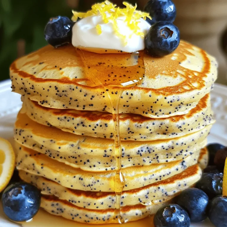 To make lemon poppy seed yogurt pancakes, gather these simple ingredients: - 1 cup all-purpose flour - 2 tablespoons poppy seeds - 1 tablespoon baking powder - 1/2 teaspoon baking soda - 1/4 teaspoon salt - 1 cup plain yogurt (Greek or regular) - 1 large egg - 1/4 cup milk (or almond milk) - Zest of 1 lemon - 2 tablespoons fresh lemon juice - 2 tablespoons honey or maple syrup (optional for sweetness) - Butter or oil for cooking These ingredients blend to create a light and zesty pancake that is both refreshing and satisfying. You can easily swap some of these ingredients if needed: - Use whole wheat flour instead of all-purpose flour for more fiber. - Swap poppy seeds with chia seeds for a different crunch. - Replace plain yogurt with buttermilk for a tangy flavor. - Use flaxseed meal mixed with water instead of the egg for a vegan option. - Almond milk can replace regular milk for a dairy-free version. These substitutions let you enjoy the pancakes while catering to your dietary needs. Here’s what you can expect in a serving of these pancakes, which is about two pancakes: - Calories: Approximately 220 - Protein: 7 grams - Carbohydrates: 35 grams - Dietary Fiber: 2 grams - Sugars: 5 grams - Fat: 6 grams These pancakes offer a good balance of nutrients, making them a tasty treat for breakfast or brunch. Enjoying them with fresh fruit can add even more vitamins and minerals! Start by gathering your dry ingredients. In a large mixing bowl, add 1 cup of all-purpose flour. Then, sprinkle in 2 tablespoons of poppy seeds. Next, add 1 tablespoon of baking powder, 1/2 teaspoon of baking soda, and 1/4 teaspoon of salt. Use a whisk to combine these ingredients well. Mixing them together helps the pancakes rise and become fluffy. Now, it’s time for the wet ingredients. In another bowl, add 1 cup of plain yogurt. You can use Greek yogurt or regular yogurt. Crack in 1 large egg and pour in 1/4 cup of milk. You can choose almond milk if you like. Next, add the zest of 1 lemon and 2 tablespoons of fresh lemon juice. If you want some sweetness, add 2 tablespoons of honey or maple syrup. Whisk everything together until it’s smooth and creamy. Pour the wet mixture into the dry ingredients. Stir gently until just combined. It’s okay if the batter has a few lumps; do not overmix. This keeps the pancakes soft. Heat a non-stick skillet or griddle over medium heat. Add a little butter or oil to coat the surface. Now, pour 1/4 cup of the pancake batter onto the skillet for each pancake. Cook for 2-3 minutes. You’ll see bubbles form on top and the edges will look set. Flip the pancakes and cook for another 1-2 minutes until they turn golden brown. Repeat with the remaining batter, adding more butter or oil as needed. Serve your pancakes warm with honey or maple syrup, and top with extra lemon zest for a burst of flavor. To make your pancakes fluffy, use fresh baking powder. Check the date on the container. Mix the dry and wet ingredients separately first. When you combine them, stir gently. Some lumps are okay. Overmixing can make pancakes tough. The yogurt adds moisture and richness, which helps with texture. Heat your skillet over medium heat. Too hot, and the pancakes burn. Too cool, and they won't cook through. Add a little butter or oil before each batch. When you pour the batter, look for bubbles forming. This means it’s time to flip. Cook until both sides are golden brown. If you have leftover pancakes, let them cool first. Stack them with parchment paper between each one. Store them in an airtight container in the fridge. They last about 3 to 4 days. You can also freeze pancakes. Just place them in a freezer bag. They stay good for up to 2 months. To reheat, use a toaster or microwave. Enjoy them warm! {{image_2}} You can easily make gluten-free lemon poppy seed pancakes. Just swap regular flour for a gluten-free blend. Look for one that works well in baking. This will keep the pancakes light and fluffy. Make sure your baking powder is gluten-free too. It’s best to check labels for any hidden gluten. Want to change up the flavor? You can add fruits like blueberries or raspberries to the batter. They add freshness and taste. Grated ginger or a pinch of cinnamon can also enhance the flavor. If you like nuts, try adding chopped walnuts or pecans. This adds a nice crunch to your pancakes. To make vegan lemon poppy seed pancakes, replace the egg with a flax egg. Mix one tablespoon of ground flaxseed with three tablespoons of water. Let it sit for about five minutes. For the milk, use almond milk or any plant-based option. You can use maple syrup for sweetness. The result will still be tasty and fluffy! Toppings can make your Lemon Poppy Seed Yogurt Pancakes even better. Here are some ideas: - Fresh blueberries: Their sweetness pairs well with lemon. - Sliced strawberries: They add color and a fruity touch. - A dollop of yogurt: This enhances the creamy texture. - Whipped cream: It adds richness and height. - Extra lemon zest: This boosts the lemon flavor. Feel free to mix and match these toppings. Each one adds a unique taste that makes your pancakes shine. The right drink can enhance your pancake experience. Here are some great pairings: - Freshly squeezed orange juice: It adds a bright, citrusy note. - Herbal tea: Chamomile or mint can balance the flavors. - Coffee: A light roast works well with the lemon. - Milk: A classic choice that complements the richness. Choose your favorite drink to enjoy with your pancakes. Each sip will make your meal even better! When should you serve these delightful pancakes? Here are some perfect occasions: - Weekend brunch: A great way to start a leisurely day. - Special celebrations: Birthdays or holidays deserve a treat. - Family gatherings: They bring everyone together at the table. - Casual weekday breakfast: Add a special touch to any morning. No matter the occasion, these pancakes will impress everyone. They are a treat worth sharing! Yes, you can make these pancakes ahead of time. After cooking, let them cool completely. Place them in an airtight container or wrap them in plastic wrap. They can last in the fridge for up to three days. You can also freeze them for up to a month. Just separate layers with parchment paper to avoid sticking. To reheat pancakes, I recommend using a toaster or microwave. For the toaster, pop them in for a few minutes until warm. If using a microwave, place them on a plate and cover with a damp paper towel. Heat in 30-second increments until warm. This keeps them soft and fluffy. To make these pancakes lighter, try these tips: - Increase baking powder: Add an extra 1/2 teaspoon of baking powder for more lift. - Separate eggs: Whisk the egg whites until soft peaks form, then fold them into the batter. - Use buttermilk: Replace the regular milk with buttermilk for a fluffier texture. These changes will enhance the pancake's lightness and fluffiness. In this post, we explored the best ways to make pancakes. We covered key ingredients and tasty substitutes. You learned how to mix and cook pancakes to get the perfect texture. I shared useful tips for cooking and storing your pancakes. You can also try different variations, like gluten-free or vegan. Finally, we discussed great toppings and drink pairings. Pancakes can be fun to make and enjoy anytime! I hope you try these ideas.
