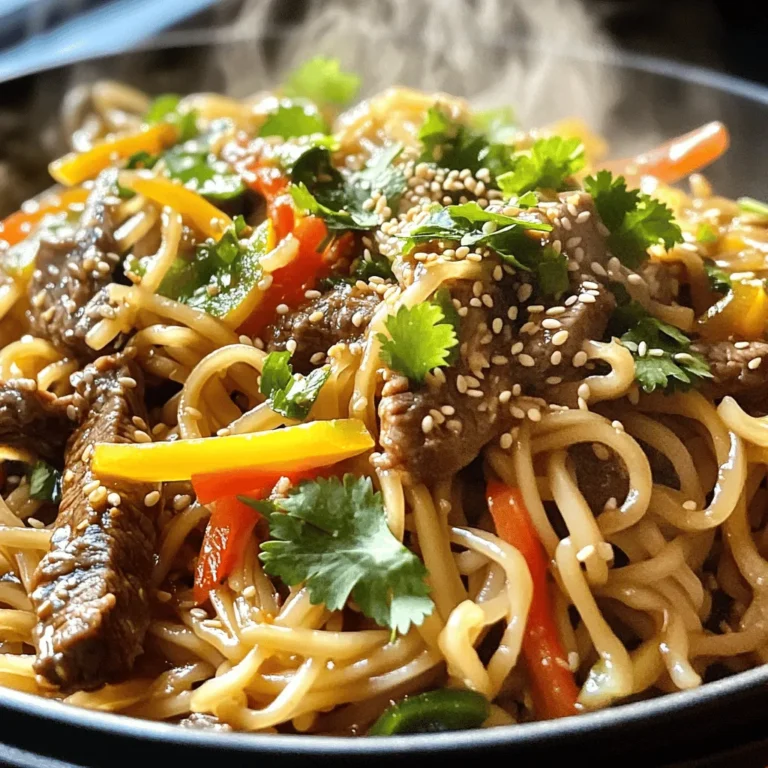 - 8 oz (225g) rice noodles - 8 oz (225g) flank steak, thinly sliced - 4 cloves garlic, minced - 1 tablespoon fresh ginger, grated - 3 tablespoons soy sauce - 2 tablespoons sesame oil - 2 green onions, chopped - 1 bell pepper, julienned (red or yellow) - 1 tablespoon sesame seeds - Cilantro leaves for garnish - Skillet or wok - Pot for boiling noodles - Mixing bowls for marinating Gather these ingredients before you start cooking. The flank steak adds a rich flavor. Rice noodles provide a nice, chewy texture. Garlic and ginger bring warmth and depth. The soy sauce and sesame oil create a savory base. Vegetables like bell pepper and green onions add crunch. Finally, sesame seeds and cilantro give a nice finish. Don’t forget your pots and pans! A good skillet or wok is key for stir-frying. You will also need a pot for boiling the noodles and some bowls for marinating the beef. To cook the rice noodles, bring a large pot of water to a boil. Add the noodles and cook them according to the package instructions until they are al dente. This usually takes about 4-6 minutes. Once they are done, drain the noodles in a colander. Rinse the noodles under cold water to stop the cooking process. This helps keep them from getting sticky. Set the rinsed noodles aside for later. To marinate the beef, take a bowl and add the thinly sliced flank steak. Then, pour in two tablespoons of soy sauce and one tablespoon of sesame oil. Add a pinch of salt for flavor. Mix everything well until the beef is fully coated. Let it marinate for at least 15 minutes. This step adds a lot of flavor to the meat. First, let's sauté the garlic and ginger. Heat the remaining sesame oil in a large skillet or wok over medium-high heat. Add the minced garlic and grated ginger. Sauté them for about 30 seconds until they smell great. Next, add the marinated beef to the skillet. Cook it for about 3 to 4 minutes until the beef is browned and cooked through. Remove the beef from the skillet and set it aside. Now, it's time to stir-fry the vegetables. In the same skillet, add the julienned bell pepper and chopped green onions. Stir-fry them for 2 to 3 minutes until they are tender but still crisp. Finally, combine everything. Return the cooked beef to the skillet, add the cooked rice noodles, and pour in any remaining soy sauce. Toss everything together until well mixed and heated through. This should take about 2 minutes. Enjoy your delicious meal! To prevent sticking, rinse your noodles after cooking. This cools them down and removes excess starch. Stir them well in the cold water. This keeps them from clumping together. You want your noodles to be al dente. This means they should be firm but not hard. Bite into a noodle; it should have a slight chew. If you overcook them, they will become mushy. To adjust seasoning, taste your dish as you cook. If it needs more salt, add soy sauce in small amounts. For extra richness, a splash of sesame oil adds depth. For add-ins, you can try sautéing mushrooms or adding baby bok choy. You can also toss in some crushed red pepper for heat. This gives your dish a nice kick. Garnishing with fresh cilantro adds color and freshness. You can also sprinkle sesame seeds on top for crunch. When serving, place the noodles in a bowl and layer the beef and veggies on top. This creates a beautiful, inviting dish. You can serve with extra lime wedges for added flavor. {{image_2}} If you want to switch up the protein, chicken works great. Just slice it thin like the beef. Cook it the same way. You can also try tofu or tempeh for a plant-based option. Press the tofu to remove water. Then, cut it into cubes. Sauté it until golden. Adding more veggies can boost flavor and nutrition. Broccoli is a fantastic choice. Cut it into small florets and stir-fry until bright green. Carrots or snap peas add crunch and color. Slice the carrots thinly or leave snap peas whole. For a spicy kick, try a spicy garlic sauce. Mix in chili paste or flakes to your soy sauce. A teriyaki-style sauce gives a sweet twist. You can make this by adding brown sugar or honey to your soy sauce. Each sauce makes the dish unique and fun! To store leftovers, let the Garlic Sesame Beef Noodles cool down. Place them in an airtight container. This keeps your dish fresh. You can store it in the fridge for up to three days. When reheating, use a microwave or skillet. Heat on low to avoid overcooking. Add a splash of water or soy sauce if the noodles seem dry. Yes, you can freeze Garlic Sesame Beef Noodles. First, let the dish cool completely. Then, place it in a freezer-safe container. It will last for up to three months in the freezer. To thaw, move the container to the fridge overnight. For reheating, use a microwave or skillet. Heat until warm, adding a bit of water if needed. Leftovers last about three days in the fridge. If you see mold or a bad smell, it's time to toss them. Always check your food before eating. Signs of spoilage include an off smell, discoloration, or a slimy texture. Stay safe and enjoy fresh meals! You can use several alternatives for rice noodles. Here are some options: - Egg noodles: They have a similar texture and work well. - Zucchini noodles: A great low-carb option. - Soba noodles: Made from buckwheat, they add a nutty flavor. - Udon noodles: Thick and chewy, they hold sauce nicely. Each choice changes the dish's flavor and texture, so pick what you like best! Yes, you can easily make this meal gluten-free. Here’s how: - Use gluten-free soy sauce or tamari instead of regular soy sauce. - Check the rice noodles to ensure they are gluten-free. Most are, but it’s good to verify. - Replace any other sauces with gluten-free options. These simple swaps keep the meal tasty while meeting gluten-free needs. If you want more heat, try these ideas: - Add red pepper flakes while cooking the garlic and ginger. - Stir in some sriracha or chili paste to the sauce. - Use spicy sesame oil in place of regular sesame oil. These options let you control the heat level and make your noodles extra exciting! This recipe for Garlic Sesame Beef Noodles balances delicious flavors and easy prep. You learned how to marinate flank steak, cook rice noodles, and stir-fry vegetables. Plus, you discovered tips to perfect your dish through clever seasoning and presentation. Experiment with the variations for extra fun. Whether you choose different proteins or adjust the sauce, you can make this meal your own. Enjoying your creation is the best part. Happy cooking!