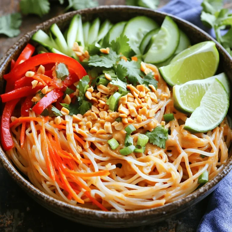 - 8 oz rice noodles - 1/4 cup creamy peanut butter - 1 red bell pepper, thinly sliced - 1 cup shredded carrots - 1 cup cucumber, julienned - 1/4 cup chopped green onions - 1/4 cup chopped fresh cilantro Rice noodles are the base of this salad. They are soft, chewy, and soak up flavors well. Use any brand you like, and cook them according to the package. Creamy peanut butter adds richness and a nutty taste. It makes the sauce smooth and tasty. Fresh vegetables bring crunch and color. You can mix and match based on what you have. - 2 tablespoons soy sauce (or tamari for gluten-free) - 1 tablespoon sesame oil - 1 tablespoon honey or maple syrup - 1 tablespoon rice vinegar - 1 teaspoon sriracha (or more to taste) The dressing is key to this dish. Soy sauce gives it salt and umami. If you're avoiding gluten, tamari works great. Sesame oil adds a nice nutty flavor. Honey or maple syrup balances the salty and spicy notes. Rice vinegar adds a touch of tang, while sriracha brings the heat. Adjust the sriracha to fit your spice level. - Crushed peanuts - Lime wedges - Fresh herbs Garnishes make this dish pop. Crushed peanuts add a crunchy texture. They enhance the peanut flavor too. Lime wedges are essential for a zesty kick. Squeeze some over the salad just before eating. Fresh herbs like cilantro brighten the flavors and add a fresh touch. These garnishes make each bite exciting and full of flavor. First, boil water in a large pot. You want enough water to cover the noodles well. Add the rice noodles to the boiling water. Cook them for about 4 to 6 minutes, or until they are soft. Stir often to prevent sticking. Once cooked, drain the noodles in a colander. Rinse them under cold water to stop the cooking. This step keeps them from getting mushy. Set the rinsed noodles aside in a large bowl. In a small bowl, mix together the creamy peanut butter, soy sauce, sesame oil, honey, rice vinegar, and sriracha. Whisk until it becomes smooth. Taste the sauce and adjust the spice level by adding more sriracha if you like it hotter. This sauce is rich and creamy, perfect for our salad. In the large bowl with the noodles, add the thinly sliced red bell pepper, shredded carrots, cucumber, and chopped green onions. Gently combine these ingredients to mix them well. Next, pour the peanut sauce over the noodle mixture. Toss everything together until the noodles and veggies are evenly coated. Finally, add the chopped cilantro and toss again. When ready to serve, place the salad in individual bowls. Top with crushed peanuts and add lime wedges on the side. Squeezing fresh lime over the salad adds a bright flavor. Enjoy this fresh and tasty dish! To make a great peanut sauce, balance flavors well. Start with creamy peanut butter. Add soy sauce for saltiness, sesame oil for richness, and honey for sweetness. Rice vinegar adds tang. Adjust sriracha for heat. Taste as you mix. If the sauce is too thick, add a little water. This will help it blend better with the noodles. To avoid mushy noodles, cook them just right. Follow package instructions closely. Once cooked, drain and rinse them under cold water. This stops the cooking process. To keep noodles from sticking, toss them with a bit of sesame oil right after rinsing. This simple step makes a big difference. For plate presentation, use colorful bowls. Arrange noodles in the center, then add veggies around them. Top with crushed peanuts for crunch. Serve lime wedges on the side. Guests can squeeze lime over their salad for extra zest. Pair your spicy peanut noodle salad with grilled chicken or shrimp for a complete meal. {{image_2}} You can add protein to your Spicy Peanut Noodle Salad in a few easy ways. - Tofu options: Use firm or extra-firm tofu for a great texture. Simply cube it and sauté it until golden. This gives a nice crunch and absorbs the sauce well. - Grilled chicken or shrimp: If you prefer meat, grilled chicken or shrimp works nicely. Just cook them until they are tender, then slice or toss them into the salad. They add a nice flavor and protein boost. Get creative with the veggies. There are many options for a fresh twist. - Seasonal veggies: Choose veggies that are in season. This not only tastes better but also supports local farms. Think snap peas in spring or butternut squash in fall. - Colorful additions for nutrition: Add colorful veggies like purple cabbage or yellow bell pepper. This boosts the salad's nutrients and makes it more visually appealing. If you love heat, you can easily spice things up. - Increasing heat levels: Add more sriracha to the sauce. Start with a small amount and taste as you go. You can also use chili flakes or fresh sliced chilies for extra kick. - Alternative spicy sauces: Consider using chili garlic sauce or a spicy peanut sauce. Each offers a unique flavor while keeping the heat. Experiment to find your favorite! These variations let you customize the Spicy Peanut Noodle Salad to match your tastes and needs. Enjoy the fun of making this dish your own! To keep your spicy peanut noodle salad fresh, store it in proper containers. Use airtight containers to prevent air from spoiling the dish. Glass or plastic containers work well. When stored correctly, it will last up to four days in the fridge. Always check for freshness before eating. While freezing is an option, it may change the texture. Fresh noodles taste better than frozen ones. If you choose to freeze, pack the salad tightly in airtight bags. It will last for about three months in the freezer. When ready to eat, thaw it in the fridge overnight. Reheat it gently in a pan to restore some warmth and flavor. Meal prep makes cooking easier during busy weeks. Cook a large batch of noodles and veggies at once. Store the peanut sauce separately to keep it fresh. Assemble the salad right before serving for the best taste. This method helps maintain crispness and flavor. Enjoy your meals without hassle! Yes, you can make this dish gluten-free. To do this, use tamari instead of soy sauce. Tamari is a gluten-free soy sauce option. This small change keeps the flavors intact while making it safe for those with gluten sensitivities. To make this dish vegetarian or vegan, replace honey with maple syrup. Maple syrup offers the same sweetness without any animal products. You can also check other ingredients to ensure they are vegan-friendly. This salad pairs well with many dishes. Consider serving it with grilled chicken, shrimp, or tofu for added protein. You can also enjoy it with a side of fresh spring rolls or a light soup. These options will round out your meal nicely. This blog post covered how to make a delicious Spicy Peanut Noodle Salad. We discussed main ingredients like rice noodles and peanut butter. You learned to make a simple dressing and how to assemble the salad. In closing, this dish offers flexibility with ingredients and serves as a healthy meal. Feel free to explore various toppings and protein options. Enjoy experimenting and making it your own!