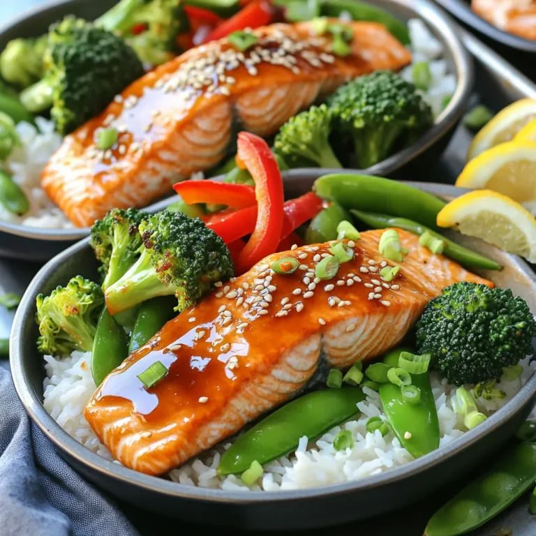 - 4 salmon fillets (about 6 oz each) - 1 cup teriyaki sauce (homemade or store-bought) - 1 cup jasmine rice - 2 cups water - 1 cup broccoli florets - 1 red bell pepper, sliced - 1 cup snap peas - 1 tablespoon sesame oil - Salt and pepper to taste - Sesame seeds and green onions for garnish Gathering the right ingredients is key. You need fresh salmon fillets. I recommend using around six ounces each. The teriyaki sauce adds flavor. You can either make it at home or buy it from the store. For the rice, jasmine rice is perfect. It cooks up fluffy and fragrant. You’ll need two cups of water to cook it right. The veggies add color and crunch. I like using broccoli, red bell pepper, and snap peas. They cook well and taste great. Don't forget the sesame oil. It brings a nutty taste to the dish. A little salt and pepper will enhance the flavors. Finally, sesame seeds and green onions are great for garnish. They make your meal look and taste better. - Preheat oven to 400°F (200°C). - In a medium pot, add 1 cup of jasmine rice and 2 cups of water. Bring it to a boil. - Once boiling, reduce the heat to low. Cover and let it simmer for 15 minutes. This will cook the rice perfectly. - Line a large sheet pan with parchment paper. This helps with easy cleanup. - Place 4 salmon fillets on one side of the sheet pan. Brush them with 1 cup of teriyaki sauce. Add salt and pepper to taste. - On the other side, arrange 1 cup of broccoli florets, 1 sliced red bell pepper, and 1 cup of snap peas. Drizzle with 1 tablespoon of sesame oil. Sprinkle with salt and pepper, then toss the veggies to coat them well. - Place the sheet pan in your preheated oven. Bake for 12-15 minutes. The salmon should flake easily, and the veggies should be tender. - After baking, remove the pan from the oven. Fluff the rice with a fork, then divide it into bowls. - Top each bowl with salmon and roasted vegetables. Drizzle with any leftover teriyaki sauce. Garnish with sesame seeds and green onions for a nice touch. Marinating the salmon enhances its flavor. Use teriyaki sauce to coat the salmon well. I suggest a marinating time of at least 30 minutes. This allows the fish to soak up the sauce. If you have more time, marinating for 1 to 2 hours deepens the taste even more. Always cover the salmon while it marinates. This keeps it fresh and flavorful. Choosing the right vegetables matters. Broccoli, bell peppers, and snap peas work great on a sheet pan. These veggies roast well and keep their crunch. Cut the vegetables into uniform sizes for even cooking. Toss them in sesame oil, salt, and pepper before baking. This adds flavor and helps them brown nicely. Aim for a tender but crisp texture. Serving your dish well makes it more appealing. Use shallow bowls to show off the layers. Place the rice, salmon, and vegetables in separate sections. This creates a colorful display that looks inviting. For an extra touch, add sesame seeds and chopped green onions on top. A lime wedge adds color and a fresh taste. Squeeze it over the bowl just before eating for a zesty kick. {{image_2}} You can easily switch the salmon for other proteins. Chicken breasts or thighs work well. You can also try shrimp or tofu for a tasty twist. If you want a vegetarian option, consider using chickpeas or tempeh. These options give you great flavor and fit any diet. Feel free to mix in other vegetables. Carrots, zucchini, or asparagus are all great choices. You can also add leafy greens like spinach or kale. Think about what is in season too. Using seasonal veggies makes your meal fresh and bright. You can make your own teriyaki sauce at home. Just mix soy sauce, honey, garlic, and ginger. This sauce is simple and tasty. If you want to save time, use store-bought teriyaki sauce. Look for brands with no additives for a cleaner option. Both choices will add rich flavor to your meal. To keep your Teriyaki Salmon Bowls fresh, store leftovers in a sealed container. Place the salmon and vegetables in separate spots to avoid sogginess. Refrigerate them within two hours of cooking. This helps maintain taste and texture. Reheat the salmon and veggies in a pan over medium heat. Use a splash of water to add moisture. Heat until warm, about 5-7 minutes. You can also use a microwave. Heat on medium power in short bursts. Stir often to ensure even heating. Meal prepping is a smart way to enjoy Teriyaki Salmon Bowls throughout the week. Cook a larger batch of salmon and veggies, then divide them into meal containers. This makes for quick lunches or dinners. Store them in the fridge for up to four days. If you want to keep them longer, freeze the portions. They can last in the freezer for up to three months. Just remember to label the containers with the date. Freezing is easy for salmon and vegetables. Wrap the salmon tightly in plastic wrap before placing it in a freezer bag. For veggies, blanch them briefly in boiling water. Then, cool them in ice water before freezing. This helps keep their bright color and crispness. To thaw, move the salmon and veggies to the fridge the night before. You can also use the microwave on the defrost setting. This ensures they are ready for your next meal. Look for a few signs to know your salmon is done. First, it should turn a nice pink color. When you poke it, the fish should flake easily with a fork. The internal temperature should reach 145°F (63°C). This ensures it is safe to eat. Always use a food thermometer for best results. Yes, you can use frozen salmon. Frozen salmon works well in this recipe. Just make sure to thaw it first for even cooking. To thaw, place the salmon in the fridge overnight. If you need it quicker, you can seal it in a bag and submerge it in cold water for about an hour. You can enhance your meal with some tasty sides. Try serving with steamed rice or a fresh salad. For drinks, green tea or a light white wine works well. These pair nicely with the sweet sauce of the salmon. Enjoy a well-rounded meal with these options. In this article, we covered making Teriyaki Salmon Bowls. We discussed ingredients like salmon, rice, and fresh veggies. I shared step-by-step instructions for cooking and baking. You now know tips for marinating, cooking, and presenting your dish. Feel free to mix proteins and veggies for variety. Store and reheat leftovers easily to enjoy later. This meal is tasty, simple, and great for meal prep. Get creative and have fun in the kitchen!
