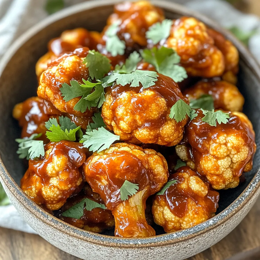 - 1 medium head of cauliflower, cut into bite-sized florets - 1 cup all-purpose flour (or gluten-free flour) - 1 cup plant-based milk (unsweetened) - 1 teaspoon garlic powder - 1 teaspoon onion powder - 1 teaspoon paprika - 1 teaspoon smoked paprika - ½ teaspoon salt - ½ teaspoon pepper - 1 cup BBQ sauce (your favorite brand) - 2 tablespoons olive oil - Fresh cilantro or parsley for garnish - Hot sauce for a spicy kick - Nutritional yeast for a cheesy flavor - Lemon zest for a fresh taste - Other spices like cumin or cayenne pepper One serving of Air Fryer BBQ Cauliflower Wings contains approximately: - Calories: 200 - Protein: 4g - Carbohydrates: 30g - Fat: 8g - Fiber: 4g - Sodium: 400mg These wings offer a great plant-based option that is both tasty and nutritious. Experiment with the optional ingredients to find your favorite flavor combo! Set your air fryer to 400°F (200°C). Let it preheat for about 5 minutes. This step is key for crisp wings. A hot air fryer helps cook the batter well and gives a great texture. Take one medium head of cauliflower and cut it into bite-sized florets. Aim for even sizes so they cook at the same rate. This makes sure each piece gets nice and crispy. In a large bowl, mix together the flour, garlic powder, onion powder, paprika, smoked paprika, salt, and pepper. Then, slowly whisk in one cup of plant-based milk. Your batter should be smooth and thick enough to coat the florets well. It should not be too runny or too thick. Now, dip each cauliflower floret into the batter. Ensure they are fully coated. Shake off any extra batter. Place them in the air fryer basket in a single layer. This helps them cook evenly. Spray the florets with a bit of olive oil spray. Air fry for 12-15 minutes. Shake the basket halfway through to ensure they brown nicely. Once the wings are golden and crispy, take them out of the air fryer. Transfer them to a large bowl. Pour your favorite BBQ sauce over the hot cauliflower wings. Toss gently so each floret gets coated. Return the wings to the air fryer for another 3-5 minutes. This helps caramelize the BBQ sauce for extra flavor. To get the best coating, start with dry florets. After cutting the cauliflower, pat the pieces with a clean towel. Next, mix the dry ingredients well. When you make the batter, whisk in the plant-based milk slowly. You want a thick batter that clings to the florets. Dip each piece fully, then shake off the extra batter. This helps the coating stick well. For crisp wings, preheat your air fryer to 400°F (200°C). Arrange the florets in a single layer in the basket. Give them space! This step is key for even cooking. Spray the coated florets lightly with olive oil. During cooking, shake the basket halfway through. This ensures every side gets crispy. Keep an eye on them. You want a golden brown color. Serve your BBQ cauliflower wings hot! They pair well with fresh veggies and dip. Try ranch or a spicy sauce for a fun touch. You can add a sprinkle of fresh cilantro or parsley on top for color. If you want, serve them with a side of rice or a salad. These wings make a great appetizer or snack for any gathering. {{image_2}} If you love heat, try adding cayenne pepper or chili powder to the batter. Just one teaspoon can turn up the spice! You can also mix some hot BBQ sauce with your regular sauce for extra kick. These spicy BBQ cauliflower wings will make your taste buds dance! You can switch up the flavor by using honey mustard or buffalo sauce. Honey mustard adds a sweet and tangy twist. Mix equal parts honey mustard and BBQ sauce for a unique flavor. For buffalo sauce, toss the wings in it after air frying. This will give you a zesty and bold flavor! To keep it gluten-free, use gluten-free flour in the batter. This will make it safe for those with gluten sensitivities. For a vegan option, ensure your BBQ sauce is plant-based. These small changes keep the dish tasty and suitable for everyone! Enjoy your delicious Air Fryer BBQ Cauliflower Wings! To keep your Air Fryer BBQ Cauliflower Wings fresh, store them in an airtight container. Allow them to cool down before placing them in the container. This helps prevent moisture build-up. You can keep them in the fridge for up to three days. If you want to keep them longer, freezing is a good option. When you're ready to enjoy leftovers, reheat them in the air fryer. Set the air fryer to 350°F (175°C) and cook for about 5-7 minutes. This will help restore their crispiness. You can also use an oven if you don’t have an air fryer. Just place them on a baking sheet and heat them at 350°F for 10-15 minutes. To freeze your cauliflower wings, first, make sure they are completely cool. Place them in a freezer-safe bag or container. Label it with the date. They can be frozen for up to three months. When you’re ready to eat, let them thaw in the fridge overnight. For the best texture, reheat them in the air fryer after thawing. This method keeps them crispy and tasty. Air Fryer BBQ Cauliflower Wings stay good for about 3-4 days in the fridge. Store them in an airtight container. This helps keep them fresh and tasty. You can reheat them in the air fryer for a few minutes to get them crispy again. Yes! You can use many sauces. Try buffalo sauce for a kick. Honey mustard gives a sweet twist. Teriyaki sauce adds a fun flavor. Let your taste guide you and explore new options! To cook evenly, place the cauliflower in a single layer. Avoid overcrowding the basket. If needed, fry in batches. Shake the basket halfway through cooking for even browning. This method makes sure every piece gets crispy. Absolutely! These wings are great for meal prep. Make a big batch and store them for quick meals. They work well for lunch or dinner. Just reheat and enjoy! To add spice, mix some cayenne pepper into the batter. You can also toss the wings in hot sauce after air frying. This gives them a nice kick. Adjust the heat to match your taste! In this blog post, we explored how to make delicious Air Fryer BBQ Cauliflower Wings. I covered key ingredients, step-by-step instructions, and helpful tips to achieve the best results. I also shared variations to suit different tastes and addressed common questions about storage and reheating. These wings are easy and fun to make. With a bit of practice, you can enjoy a tasty snack or meal that’s healthy and flavorful. Happy cooking!