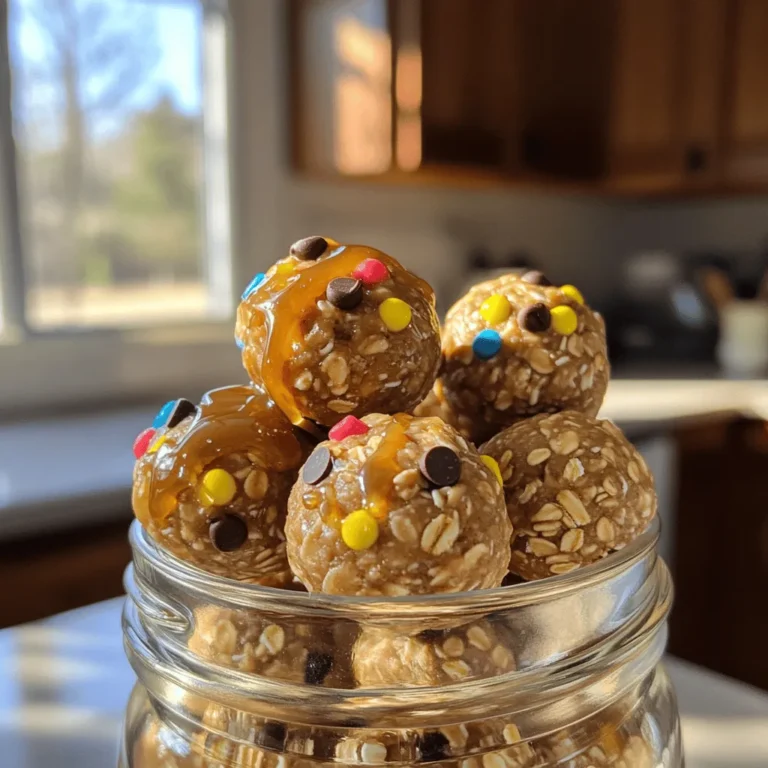 - 1 cup rolled oats - 1/2 cup peanut butter (creamy or crunchy) - 1/4 cup honey or maple syrup - 1/4 cup mini chocolate chips - 1/4 cup ground flaxseed (optional) - 1/2 teaspoon vanilla extract - A pinch of salt - Mixing bowl - Measuring cups - Baking sheet - Parchment paper To make No-Bake Peanut Butter Oatmeal Energy Balls, you need simple, wholesome ingredients. The rolled oats provide a good base. They add fiber and help keep you full. Peanut butter brings healthy fats and protein. Whether you choose creamy or crunchy, both work great. Honey or maple syrup adds sweetness and binds the mixture. Mini chocolate chips give a tasty touch, perfect for a treat. If you want to boost nutrition, add ground flaxseed. Vanilla extract adds flavor, while a pinch of salt enhances all the tastes. For tools, all you need is a mixing bowl to combine the ingredients. Measuring cups help ensure you get the right amounts. A baking sheet lined with parchment paper is key for placing the energy balls. Parchment keeps them from sticking, making clean-up easy. To start, grab a large mixing bowl. Here, you will combine: - 1 cup rolled oats - 1/2 cup peanut butter (creamy or crunchy) - 1/4 cup honey or maple syrup - 1/2 teaspoon vanilla extract Mix these ingredients well. You want them to be thick and sticky. This consistency helps the energy balls hold together. If it feels too dry, add a bit more peanut butter. If it’s too wet, add a touch more oats. Next, we’ll add some fun! Fold in: - 1/4 cup mini chocolate chips - 1/4 cup ground flaxseed (optional for extra nutrition) - A pinch of salt Mix until everything is evenly distributed. You want to see chocolate chips throughout the mixture. This step adds flavor and texture. The flaxseed gives a nice boost of nutrition if you choose to include it. Now it's time to shape the mixture. Using your hands, roll it into small balls about 1 inch in diameter. You should end up with around 12-15 energy balls. Once rolled, place them on a baking sheet lined with parchment paper. This keeps them from sticking. Now, it's time for the fridge! Refrigerate the energy balls for about 30 minutes. Chilling helps them firm up and makes them easy to eat. After that, they are ready for snacking! To get the right texture for your energy balls, you may need to adjust the peanut butter or honey. If the mixture is too dry, add a bit more honey. If it's too sticky, a little extra oats can help. When mixing, I find that using my hands works best. This way, I can feel the texture and make changes as needed. If the mixture sticks to your hands, wet them with a little water. This helps prevent mess. These energy balls look great when served in fun ways. You can use a snack jar to show them off. A decorative plate also works well. For extra flair, sprinkle some chocolate chips or nuts on top. This adds color and makes them more appealing. You can also arrange them in a fun pattern for a special touch. You can make your energy balls even more exciting by adding different mix-ins. Try adding nuts like almonds or walnuts for crunch. Shredded coconut gives a nice chew, while dried fruit adds sweetness. You can also play with flavors by adding spices like cinnamon or cocoa powder. Each new ingredient brings a unique taste, so feel free to experiment! {{image_2}} To make a nut-free version, you can substitute peanut butter with sunflower seed butter. This switch helps create a safe snack for schools or nut-free zones. Sunflower seed butter provides a similar creamy texture and nutty flavor. Plus, it is packed with nutrients. Your kids will love it just as much! If you're looking for a vegan option, use maple syrup instead of honey. Maple syrup gives a sweet touch without any animal products. You should also select dairy-free chocolate chips. These small changes keep your energy balls vegan and delicious. They can be enjoyed by everyone at home. You can easily change up the flavor of your energy balls. Adding spices like cinnamon or cocoa powder can enhance the taste. Just a teaspoon of cinnamon can add warmth and depth. If you want an extra energy boost, consider incorporating protein powder. It mixes well and adds nutrition without changing the texture. To keep your energy balls fresh, store them in the fridge. Use an airtight container for best results. This keeps them moist and delicious. You can enjoy them for up to one week. If you notice any change in texture or smell, it’s best to toss them out. If you want to save some for later, freezing works great. First, place the energy balls in a single layer on a baking sheet. Freeze them for about one hour. Once firm, transfer them to a freezer-safe bag. Label the bag with the date. They can last for up to three months in the freezer. When you want to eat one, simply take it out and let it thaw for about 15 minutes. They’ll be ready to enjoy as a tasty snack! These energy balls last for about one week in the fridge. Store them in an airtight container. For longer storage, freeze them. They can last up to three months in the freezer. Yes, you can use any nut butter you like. Almond butter or cashew butter works well too. Just remember that each nut butter has its own flavor. Choose one that you enjoy! Yes, they are gluten-free if you use certified gluten-free oats. Check the label to be sure. This makes them a great snack for those with gluten sensitivities. You can replace honey with maple syrup. It adds sweetness and keeps the balls sticky. Agave nectar is another option for a vegan alternative. Absolutely! Adding protein powder boosts the energy content. Use one or two scoops, depending on your needs. Just adjust the other ingredients slightly to keep the right texture. You can now make easy and tasty No-Bake Peanut Butter Oatmeal Energy Balls. We covered the main ingredients, tools, and step-by-step instructions for a perfect snack. Remember to adjust ingredients as needed for the best taste and texture. Feel free to get creative with mix-ins and flavors. Store your energy balls in the fridge or freezer for later enjoyment. These snacks are quick to make and fun to personalize. Enjoy your delicious treat anytime you need a boost!