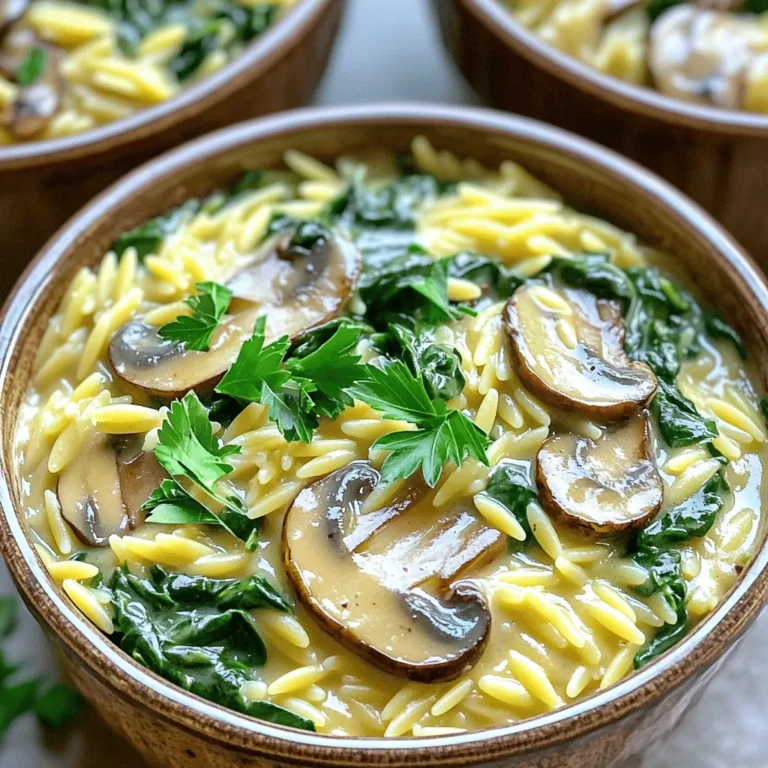 - 1 tablespoon olive oil - 1 medium onion, diced - 3 cloves garlic, minced - 8 ounces cremini mushrooms, sliced - 1 teaspoon dried thyme - 1 teaspoon dried oregano - 1 cup orzo pasta - 4 cups vegetable broth - 2 cups fresh spinach, roughly chopped - 1 cup heavy cream or coconut cream for a dairy-free option - 1/2 cup grated Parmesan cheese (optional) - Salt and pepper to taste - Fresh parsley, chopped for garnish You can swap olive oil with avocado oil. This oil adds a nice flavor. If you don’t have cremini mushrooms, you can use button mushrooms. They work well too! For a lighter dish, you can leave out the Parmesan cheese. Nutritional yeast is a great dairy-free option to sprinkle on top. I love using cremini mushrooms for their rich taste. If you want to try something different, shiitake mushrooms add a bold flavor. Oyster mushrooms are also a good choice. They have a soft texture and a mild taste. Feel free to mix different mushrooms for more depth! Start by heating olive oil in a large pot over medium heat. Add the diced onion and stir. Cook for about 4 minutes until the onion is soft and clear. Next, add minced garlic. Stir this mix for about 1 minute. This step builds a strong base of flavor. Now, add the sliced cremini mushrooms to the pot. Cook for 5 to 7 minutes. Stir often. You want the mushrooms to be soft and to let out their juices. Then, sprinkle in dried thyme and oregano. Stir again for about 1 minute. This will make the kitchen smell amazing! Next, add the orzo pasta to the pot. Stir it in well with the onion and mushrooms. Pour in 4 cups of vegetable broth. Bring this mix to a boil. Once boiling, lower the heat to simmer and cover the pot. Cook for 10 to 12 minutes. Stir it occasionally until the orzo is tender. After that, add the chopped spinach. Cook until it wilts, about 2 minutes. Finally, lower the heat and mix in the heavy cream. Let it simmer for another 2 to 3 minutes. If you like, stir in the grated Parmesan. Season with salt and pepper to taste. This dish is now creamy and full of flavor! To make your orzo creamy, use heavy cream or coconut cream. If you opt for coconut cream, use the full-fat version for a rich taste. Stir the cream in slowly after cooking the orzo. This helps blend it well. You can also add in some grated Parmesan for extra creaminess. Just mix it in until it melts into the dish. Add the fresh spinach last. This keeps it bright and healthy. When the orzo is almost done, toss in the spinach. Cook it just until it wilts, which takes about two minutes. Overcooking spinach makes it lose its color and nutrients. You want it to look fresh and green. For a dairy-free meal, switch the heavy cream with coconut cream. Coconut cream gives a nice flavor that blends well. You can also skip the cheese or use a plant-based option. Nutritional yeast is a great choice here. It gives a cheesy taste without dairy. {{image_2}} You can make this dish heartier by adding proteins. Chicken works well with the creamy sauce. Simply cook diced chicken in the pot before adding the mushrooms. For a meat-free option, tofu is great too. Use firm tofu and cube it. Sauté it until golden before adding the other ingredients. This adds protein and keeps the dish filling. If you want more flavor without meat, consider using beans or lentils. Chickpeas or white beans blend nicely into the creamy sauce. They add protein and texture. You can also try adding sun-dried tomatoes for a tangy kick. These small changes boost the taste and keep the dish vegetarian-friendly. Using seasonal vegetables can brighten this dish. In spring, add asparagus or peas for freshness. In summer, try zucchini or bell peppers for a colorful twist. Fall brings great options like butternut squash or kale. Winter roots, such as carrots or parsnips, add warmth. These veggies not only taste great but also make your meal more nutritious. To store your creamy mushroom spinach orzo, let it cool down first. Place it in an airtight container. This keeps the dish fresh for up to four days in the fridge. Make sure to label the container with the date. You can freeze this dish for later use. Transfer the cooled orzo into a freezer-safe container. It can last for about three months in the freezer. When ready to eat, thaw it overnight in the fridge. Reheat in a pot over low heat. Add a splash of broth or cream to restore creaminess. Always choose fresh ingredients for the best taste. Store mushrooms in a paper bag in the fridge to keep them dry. Use spinach within a few days for the best flavor and texture. Keep your herbs fresh by placing them in a glass of water, like a bouquet. This will extend their life and keep them vibrant. Yes, you can use other small pasta types. Some great options are ditalini or small shells. These shapes hold sauce well and cook quickly. Just make sure to adjust the cooking time as needed. If you need a lighter option, you can use coconut cream. It adds a nice flavor and is dairy-free. For a low-fat choice, try Greek yogurt mixed with a bit of milk. It will still give creaminess without too many calories. To spice things up, add red pepper flakes when cooking the onions. You can also stir in diced jalapeños or a dash of hot sauce at the end. Adjust the heat to your taste for a perfect kick! This post covered essential ingredients, step-by-step cooking, tips, and delicious variations. You can make a creamy, flavorful dish any time. Remember, you can customize with proteins, veggies, or even dairy-free options. Store leftovers wisely for later enjoyment. Cooking should be fun and flexible, so explore your tastes. Whether you’re making it for yourself or sharing, it’s sure to impress. Enjoy your cooking adventure and savor every bite!