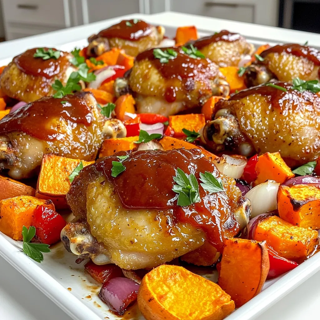 - 4 chicken thighs, bone-in and skin-on - 2 large sweet potatoes, peeled and cubed - 1 red bell pepper, sliced - 1 yellow onion, sliced - 1 cup BBQ sauce (your favorite brand) - 2 tablespoons olive oil - 1 teaspoon garlic powder - 1 teaspoon onion powder - 1 teaspoon smoked paprika - Salt and pepper to taste For this dish, I love using bone-in, skin-on chicken thighs. They stay juicy and tender during cooking. Sweet potatoes add a nice sweetness, while bell peppers and onions bring color and flavor. The BBQ sauce is the star, giving everything a smoky, tangy taste. - Fresh parsley for decoration I like to sprinkle fresh parsley on top for a pop of color. It also adds a nice fresh taste that brightens up the dish. You can skip it if you want, but it makes the meal look even more inviting. 1. First, preheat your oven to 425°F (220°C). This high heat helps the chicken cook well. 2. Next, take a large bowl. Add the cubed sweet potatoes, sliced red bell pepper, and sliced onion. 3. Drizzle 2 tablespoons of olive oil over the veggies. 4. Season with salt, pepper, garlic powder, onion powder, and smoked paprika. Toss everything until well-coated. 5. Now, in the same bowl, add 4 chicken thighs. Coat them with your favorite BBQ sauce. Make sure to save some sauce for later. 6. Spread the seasoned sweet potatoes and veggies in an even layer on a large sheet pan. 7. Place the BBQ-coated chicken thighs on the pan among the veggies. 8. Bake in the oven for 25 to 30 minutes. Check that the chicken reaches an internal temperature of 165°F (74°C) and that the sweet potatoes are tender. 9. About 5 minutes before the dish is done, brush the chicken with the reserved BBQ sauce. This step adds extra flavor. 10. Once finished, take the sheet pan out of the oven. Let it rest for a few minutes before serving. Seasoning makes a huge difference in this dish. Use salt, pepper, garlic powder, onion powder, and smoked paprika. These spices add depth and warmth. Choosing the right BBQ sauce is key too. A sauce with a good balance of sweet and tangy will enhance the chicken. Try a sauce that you love. It should have a flavor that excites your taste buds! To ensure your chicken is cooked through, use a meat thermometer. The internal temperature should reach 165°F (74°C). This keeps your chicken juicy and safe to eat. For crispy skin, bake your chicken on a hot oven. Brush it with BBQ sauce in the last five minutes. This will caramelize the sauce and give it a nice finish. Pair your BBQ chicken and sweet potatoes with a fresh salad. A simple green salad adds crunch and freshness. You can also add some grilled veggies for extra flavor. This makes your meal more colorful and complete. Don't forget to garnish with fresh parsley for a pop of color! {{image_2}} You can switch chicken thighs for breasts or drumsticks. Chicken breasts cook faster but may dry out. Drumsticks add more flavor and stay juicy. Choose what you enjoy best. Feel free to add other veggies like zucchini or carrots. You can spice it up with cayenne or cumin for a kick. If you want a special touch, try using homemade BBQ sauce. It gives a fresh taste and lets you control the flavors. You can cook this dish on a skillet or grill. For a skillet, use medium heat and cook chicken until golden brown. If grilling, cook the chicken with the lid closed for smoky flavor. You can also use an Instant Pot for a quick meal. Just add all ingredients, seal, and cook on high for about 10 minutes. This method keeps everything tender and juicy. To keep your leftovers fresh, place them in airtight containers. Make sure to cool them first. Store them in the fridge for up to three days. If you have a lot, you can divide them into smaller portions. This way, you can enjoy a quick meal later. When you reheat your chicken and sweet potatoes, avoid drying them out. The best method is to use the oven. Preheat it to 350°F (175°C). Place the leftovers on a baking sheet and cover with foil. Heat for about 15-20 minutes. You can also use the microwave, but be sure to cover the dish. This helps keep moisture in. You can freeze this dish before or after cooking. If you freeze before cooking, place the raw chicken and veggies in a freezer-safe bag. Add the BBQ sauce, then seal and freeze. To cook, thaw overnight in the fridge and bake as usual. If you freeze after cooking, let it cool completely. Store in a container for up to three months. To reheat, follow the steps above. To check if the chicken is done, use a meat thermometer. The temperature should reach 165°F (74°C). This ensures that the chicken is safe to eat. If you don't have a thermometer, check that the juices run clear when you cut into it. No pink should show. Cooking time may vary based on your oven and chicken size, so always confirm the temperature. Yes, you can prepare this dish ahead of time. Chop the sweet potatoes, pepper, and onion a day before. Store them in the fridge to keep them fresh. You can also coat the chicken with BBQ sauce early. Just keep it covered in the fridge. This saves time on busy days. When you’re ready, just bake everything together. This dish pairs well with many sides. Here are a few great options: - Green salad with a light dressing - Steamed broccoli or green beans - Coleslaw for a crunchy contrast - Cornbread for a sweet touch These sides add color and flavor to your meal. Enjoy the mix of tastes! This recipe for Sheet-Pan BBQ Chicken and Sweet Potatoes is simple and tasty. You learned how to prep the ingredients and bake them perfectly. We covered tips for great flavor, different protein options, and storage info for leftovers. You can easily make this dish your own with veggies and spices. Enjoy cooking and sharing this meal with family and friends. Try it out and make your mealtime special!
