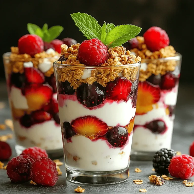 To make Greek Yogurt Berry Cheesecake Parfaits, gather these ingredients: - 2 cups Greek yogurt (plain or vanilla-flavored) - 1 cup cream cheese, softened - 1/4 cup honey or maple syrup - 1 teaspoon vanilla extract - 1 1/2 cups mixed berries (strawberries, blueberries, raspberries) - 1 teaspoon lemon juice - 1 cup granola (your choice) - Fresh mint leaves for garnish (optional) Each serving of Greek Yogurt Berry Cheesecake Parfaits provides a balanced mix of nutrients. The parfaits are rich in protein from Greek yogurt and cream cheese. The berries add vitamins and antioxidants. The granola gives you healthy carbs and fiber. Each parfait has about 250-300 calories, depending on the sweetener and granola used. They are a tasty yet healthy treat. If you need to swap some ingredients, here are a few great options: - Greek Yogurt: Try dairy-free yogurt for a vegan version. - Cream Cheese: Use a plant-based cream cheese if you want a dairy-free option. - Honey: Maple syrup works well for a vegan choice. - Mixed Berries: You can use any berries you like or even peaches and apples. - Granola: Choose sugar-free granola or make your own with oats and nuts. These substitutions keep the parfaits delicious while meeting your dietary needs. First, grab a mixing bowl. Add softened cream cheese and Greek yogurt. You can use plain or vanilla yogurt. Then, pour in the honey or maple syrup. I prefer honey for its rich flavor. Add a teaspoon of vanilla extract for a nice touch. Now, use a hand mixer to blend everything. Mix until it’s smooth and creamy. Make sure there are no lumps. This step creates a delicious cheesecake-like base for your parfaits. Next, take a small bowl and toss in your mixed berries. You can use strawberries, blueberries, and raspberries. Drizzle a teaspoon of lemon juice over the berries. This helps enhance their flavor. Let the berries sit for about 5 to 10 minutes. This time allows the berries to soak up the lemon juice. It makes them taste even better in your parfaits. Now, it's time to build your parfaits. Get your parfait glasses or bowls ready. Start by spooning a layer of the yogurt mixture into the bottom of each glass. Make sure to fill it nicely but don’t overdo it. Next, add a layer of the marinated mixed berries. Follow that with a sprinkle of granola for crunch. Repeat the layers until the glasses are filled. I like to end with a layer of berries on top. For a finishing touch, add a dollop of the yogurt mixture and a fresh mint leaf. This step makes your parfaits look extra special. To get the best texture for your parfaits, blend your cream cheese and Greek yogurt well. Start with softened cream cheese. This step helps avoid lumps. Use a hand mixer for smoothness. Mix until the texture is creamy and fluffy. If you want a thicker parfait, add more Greek yogurt. For a lighter feel, use less cream cheese. These parfaits are great for breakfast or dessert. Serve them in clear glasses to show off the layers. You can also add a drizzle of honey on top for extra sweetness. If you want a crunch, sprinkle more granola right before serving. For a refreshing twist, you can add a squeeze of lemon over the berries. Make your parfaits look fancy with simple touches. Use clear glasses to highlight the colorful layers. Top each parfait with whole berries and a mint leaf. This not only looks nice but also adds freshness. You can also use small spoons for a cute touch. Serve chilled for the best experience. {{image_2}} You can change the flavor of your Greek yogurt berry cheesecake parfaits easily. Here are some fun ideas: - Add spices: Try cinnamon or nutmeg for warmth. - Incorporate extracts: Swap vanilla for almond or coconut extract. - Mix in zest: Add lemon or orange zest for a fresh twist. These simple changes can make each parfait unique and exciting. Experiment with flavors you love! You don't have to stick with mixed berries. Other fruits work great, too. Consider these options: - Bananas: Slice them and layer them for a creamy taste. - Peaches: Use fresh or canned peaches for a sweet, juicy layer. - Pineapple: Chopped pineapple adds a tropical vibe. Feel free to mix and match. The more fruits, the more fun! Switching up sweeteners can change the taste of your parfaits. Here are some ideas: - Agave nectar: A lower-glycemic option that adds sweetness. - Stevia: A natural, zero-calorie sweetener for a lighter treat. - Coconut sugar: This adds a caramel touch to your parfait. Try these sweeteners to find your perfect balance. Each one brings a new flavor to your dessert! To keep your Greek yogurt berry cheesecake parfaits fresh, place them in the fridge. Use airtight containers or cover the parfait glasses with plastic wrap. This way, they stay cool and tasty. Leftovers can last for about three days. Freezing parfaits is not the best idea. The layers might change texture when thawed. If you must freeze, consider only the yogurt mixture and berries. Place them in a freezer-safe bag, and they will last for about two months. Just remember to thaw them in the fridge before use. To enjoy your parfaits at their best, assemble them just before serving. If you prepare them early, store the granola separately. Adding granola at the last moment keeps it crunchy. Also, keep the mixed berries fresh by rinsing them just before use. Enjoy your parfaits while they are bright and flavorful! Yes, you can use non-dairy yogurt in this recipe. Options like coconut or almond yogurt work well. Keep in mind that the flavor and texture may change a bit. Look for a brand that is thick and creamy. This will help mimic the richness of traditional Greek yogurt. Parfaits stay fresh in the fridge for up to three days. Store them in airtight containers to keep them cool. After that, the granola may get soggy. If you want to keep the crunch, add the granola right before eating. This keeps every layer tasting fresh and delicious. You can prepare these parfaits a day in advance. Just layer the yogurt and berries but save the granola. Keep the granola separate to add later. This way, you’ll have a tasty treat ready to go. Perfect for busy mornings or last-minute guests! This guide covered all you need to make delicious parfaits. We discussed ingredients, nutrition, and substitutions. I provided step-by-step instructions for preparing, marinating, and layering. You learned tips for texture, serving, and presentation. We explored flavor variations and storage methods to keep parfaits fresh. Remember, parfaits are versatile and can be customized easily. Enjoy experimenting and making this treat your own!