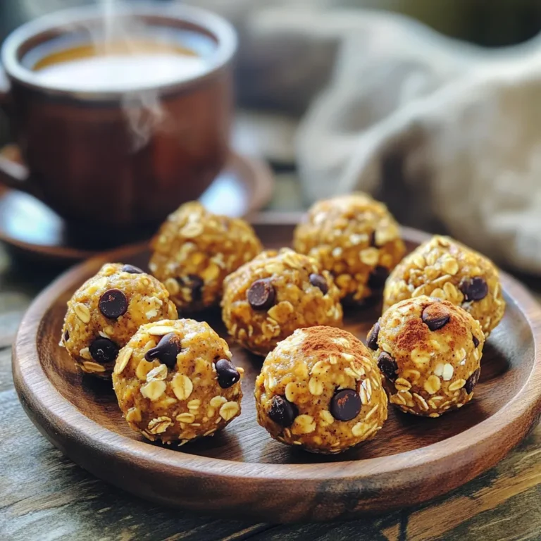 To make Pumpkin Spice Energy Oat Balls, gather these simple ingredients: - 1 cup rolled oats - 1/2 cup pumpkin puree - 1/4 cup almond butter (or any nut butter) - 1/4 cup honey or maple syrup - 1 teaspoon pumpkin pie spice - 1/2 teaspoon vanilla extract - 1/4 cup chopped walnuts or pecans (optional) - 1/4 cup dark chocolate chips (or raisins) - A pinch of salt You can swap out some ingredients if needed: - Use sunflower seed butter instead of almond butter for nut-free. - Maple syrup can replace honey for a vegan option. - If you can’t find pumpkin pie spice, mix cinnamon, nutmeg, and ginger. - For a crunch, add pumpkin seeds in place of walnuts or pecans. Each serving has about: - Calories: 120 - Protein: 3g - Carbohydrates: 15g - Fat: 6g - Fiber: 2g - Sugar: 4g These energy oat balls offer a healthy snack rich in fiber and good fats. They are perfect for a quick boost of energy! To start, gather all your ingredients. You will need rolled oats, pumpkin puree, almond butter, and honey or maple syrup. In a large bowl, mix the rolled oats, pumpkin puree, almond butter, and honey. Make sure everything blends well. Next, add the pumpkin pie spice, vanilla extract, and a pinch of salt. Stir until the mixture is nice and smooth. If you like, fold in the chopped walnuts or pecans and chocolate chips. These add great flavor and texture. When it’s time to form the oat balls, use your hands. Roll the mixture into small balls, about one inch wide. If your hands get too sticky, wet them a little with water. This helps keep your hands clean. Try to make each ball uniform in size. This way, they look nice and will cook evenly. Once you roll all the oat balls, place them on a baking sheet lined with parchment paper. This keeps them from sticking. Next, put the tray in the fridge for at least 30 minutes. This step helps the oat balls firm up. After chilling, transfer them to an airtight container. You can keep them in the fridge for up to one week. Enjoy them as a snack or a quick breakfast! To make these energy oat balls taste great, use fresh pumpkin puree. It adds a rich flavor. You can adjust the pumpkin pie spice to your liking. If you love sweet treats, add more honey or maple syrup. For a nice crunch, include chopped walnuts or pecans. They give a fun texture. Dark chocolate chips add sweetness and flavor. You can swap them for raisins if you prefer. To keep your oat balls fresh, store them in an airtight container. This helps keep them moist and tasty. You can keep them in the fridge for up to one week. For longer storage, freeze them. Just make sure to wrap each ball in plastic wrap before freezing. This way, they won’t stick together. These energy oat balls make a perfect snack anytime. Serve them on a pretty plate and sprinkle some extra pumpkin pie spice on top. Pair them with a warm cup of herbal chai or pumpkin spice tea for a cozy treat. You can also pack them in lunch boxes for a healthy option. They are great for a quick breakfast or a post-workout snack, too! {{image_2}} You can mix it up with these ideas! Try adding peanut butter instead of almond butter. This gives a rich, nutty taste. Swap the pumpkin puree for mashed bananas for a different flavor. You can also use different spices like cinnamon or ginger for a new twist. Want something sweet? Add dried cranberries or coconut flakes! Each change makes these oat balls unique. If you need to adjust for diet, it's easy. Use sunflower seed butter if you're nut-free. Maple syrup can replace honey for a vegan option. For gluten-free needs, ensure your oats are certified gluten-free. You can also leave out the chocolate chips if you want fewer sugars. These swaps keep the energy balls tasty and healthy. Seasons bring new spice options! In winter, add nutmeg and cloves for a warm flavor. Summer could use cardamom for a fresh taste. In the fall, try adding apple pie spice for a twist on tradition. Each season gives you a chance to play with flavors. Don't be afraid to experiment! To keep your Pumpkin Spice Energy Oat Balls fresh, place them in an airtight container. Store them in the fridge. This helps retain their texture and flavor. Avoid leaving them at room temperature for long periods. If you want to keep them for a week, this method works great. For long-term storage, you can freeze these oat balls. First, roll the mixture into balls. Then, place them on a baking sheet. Freeze them for about two hours until firm. After that, transfer the frozen balls to a freezer-safe bag. This way, they can last for up to three months. These energy balls last about one week in the fridge. If you notice any off smells, strange colors, or mold, it’s best to discard them. Always check for freshness before enjoying your snack. Keeping an eye on these signs ensures you have a tasty treat! Yes, you can make these oat balls vegan. Swap almond butter for a nut-free option. Use maple syrup instead of honey. Both changes keep the flavor and texture great. These energy balls stay fresh in the fridge for up to one week. Store them in an airtight container. This keeps them tasty and prevents them from drying out. If you need a nut-free option, use sunflower seed butter. You can also try tahini or pumpkin seed butter. All these options keep the recipe creamy and delicious. You can skip the sweetener, but I suggest using ripe bananas or unsweetened applesauce. These add natural sweetness without sugar. You can still enjoy a tasty treat this way! We explored how to make delicious pumpkin spice energy oat balls. You learned the right ingredients and measurements, with great substitutes if needed. The step-by-step instructions made preparation easy. Tips for flavor and storage keep your oat balls fresh and tasty. You can even try variations for different tastes and seasons. Remember, these energy balls are a quick snack, perfect for any time. Enjoy making and sharing them with friends and family!