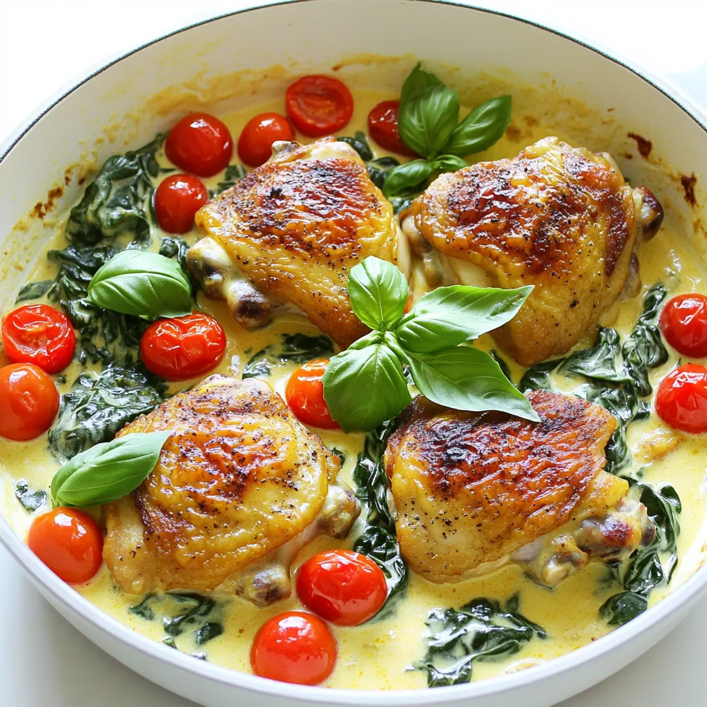 - 4 boneless, skinless chicken thighs - 2 tablespoons olive oil - Salt and pepper, to taste - 3 cloves garlic, minced - 1 cup cherry tomatoes, halved - 1 teaspoon Italian seasoning - 1 cup heavy cream - 1/2 cup grated Parmesan cheese - 1 cup spinach, fresh - Fresh basil leaves for garnish To make Creamy Tuscan Chicken, start with the main ingredients. I love using chicken thighs for their rich flavor. You need olive oil, salt, and pepper for cooking. These simple items will set the stage for a tasty meal. Next, flavor enhancers add depth. Garlic gives a warm aroma and taste. Cherry tomatoes bring sweetness and color. Italian seasoning ties everything together with its herb blend. Finally, creamy components create a rich sauce. Heavy cream makes it luscious. Grated Parmesan adds a salty kick. Fresh spinach not only looks good but also adds nutrition. Basil leaves finish the dish with fresh notes. Each ingredient plays a crucial role. Together, they create a delightful meal that shines with flavor. Start by heating the olive oil in a large skillet over medium heat. While the oil heats, season the chicken thighs with salt and pepper on both sides. Once the oil is hot, carefully add the chicken thighs to the skillet. Sear the chicken for about 5 to 7 minutes on each side. You want them golden brown and cooked through. Afterward, remove the chicken from the skillet and set it aside. In the same skillet, add the minced garlic. Sauté the garlic for about 30 seconds until it smells great. Then, toss in the halved cherry tomatoes and Italian seasoning. Cook this mix for 2 to 3 minutes until the tomatoes soften. Now, pour in the heavy cream. Bring it to a gentle simmer while stirring constantly. Reduce the heat to low, and add the grated Parmesan cheese. Stir this in until it melts and the sauce thickens. Next, fold in the fresh spinach. Cook until the spinach wilts, which takes about 2 minutes. Once that’s done, return the cooked chicken thighs to the skillet. Spoon the creamy sauce over the chicken. Let it all simmer together for an additional 2 to 3 minutes. This helps the flavors blend nicely. - How to achieve perfectly seared chicken Start with chicken thighs at room temperature. Dry them well with a paper towel. This helps them sear better. Heat olive oil in a large skillet over medium heat. When the oil is hot, add the chicken. Sear for about 5-7 minutes until golden brown. Flip and cook the other side the same way. This method gives you crispy skin and tender meat. - Ensuring the sauce is creamy and flavorful After cooking the chicken, keep the skillet hot. Add minced garlic and sauté for 30 seconds. This step brings out the garlic's flavor. Next, add cherry tomatoes and Italian seasoning. Cook for 2-3 minutes until the tomatoes soften. Pour in heavy cream and let it simmer gently. Stir in grated Parmesan cheese until it melts. This keeps the sauce rich and creamy. - Serving suggestions and accompaniments Serve the creamy Tuscan chicken directly in the skillet. The vibrant colors of the dish look great. Pair it with crusty bread to soak up the sauce. You can also serve it over creamy mashed potatoes. This makes a comforting and filling meal. - Garnishing for visual appeal Use fresh basil leaves to garnish your dish. Their bright green color adds freshness. Sprinkle a bit of extra Parmesan on top for a nice touch. This not only looks good but adds flavor too. {{image_2}} You can easily change the protein in this dish. Try chicken breasts if you want a leaner option. For a seafood twist, use shrimp instead of chicken. Both options cook quickly and soak up the creamy sauce well. If you prefer a vegetarian meal, mushrooms make a great substitute. They add a nice texture and absorb flavors well. Just sauté them until they are golden before adding other ingredients. To enhance the dish, think about adding spices or herbs. A pinch of red pepper flakes can add heat. Fresh thyme or oregano can bring a new layer of flavor. You can also add more vegetables to make it heartier. Bell peppers add sweetness and crunch. Zucchini can add a fresh taste while keeping it light. Just chop them up and toss them in with the tomatoes. These twists keep the dish exciting and fun! To keep your creamy Tuscan chicken fresh, store it in a container. Make sure to let it cool first. Seal it tightly to avoid air. In the fridge, it lasts about 3 to 4 days. Always check for signs of spoilage before eating. To freeze creamy Tuscan chicken, let it cool completely. Place it in a freezer-safe bag or container. Remove as much air as possible before sealing. It can stay frozen for up to 3 months. When you're ready to eat, thaw it in the fridge overnight. To reheat, warm it on the stove over low heat. Stir it gently to get the sauce creamy again. You can also microwave it for a few minutes, but stir often to heat evenly. Enjoy your meal just like the first time! It takes about 30 minutes to cook Creamy Tuscan Chicken. This includes 10 minutes for prep and 20 minutes for cooking. You can easily enjoy a tasty meal on a busy night. Yes, you can make this dish ahead of time. Cook the chicken and sauce, then store them separately. When ready to eat, simply reheat and combine. I love serving this dish with crusty bread or creamy mashed potatoes. You can also pair it with a fresh salad for a lighter meal. The sauce is perfect for dipping! Absolutely! You can use skinless chicken breasts instead of thighs. You can also swap heavy cream for a lighter option, like Greek yogurt or coconut milk. Add more veggies too, like zucchini or bell peppers, for extra nutrients. We explored how to create a delicious Creamy Tuscan Chicken dish. You learned about key ingredients like chicken, garlic, and cream. Each step showed how to prepare and combine the flavors for a fantastic meal. We provided tips for perfect cooking and fresh ideas for variations. Remember to store leftovers well for future enjoyment. Enjoy cooking this easy, flavorful dish! It’s a sure hit for any meal.