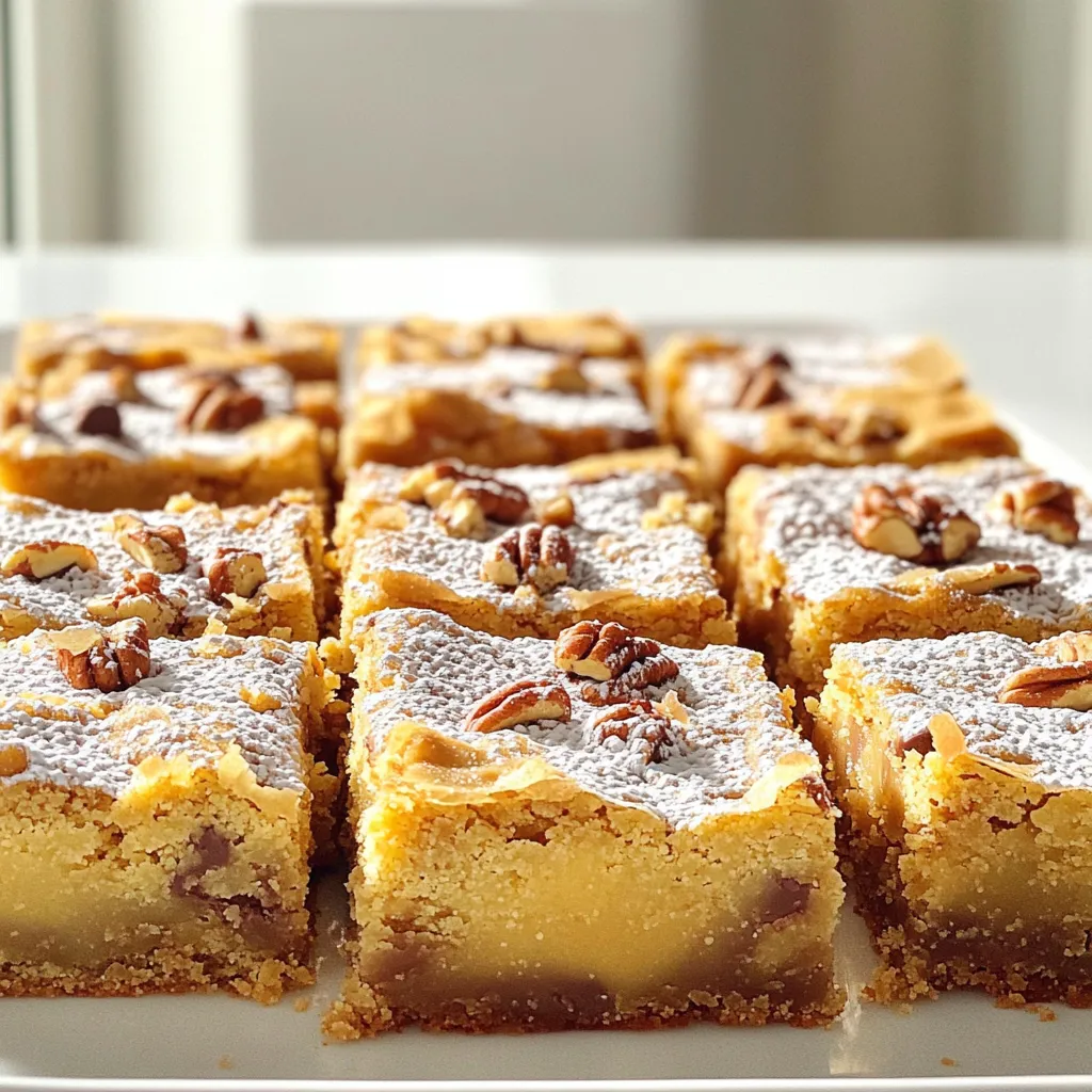 To make these tasty blondies, you need a few key items: - 1 cup unsalted butter - 1 cup brown sugar, packed - 1/2 cup granulated sugar - 2 large eggs - 1 teaspoon vanilla extract - 2 cups all-purpose flour - 1 teaspoon baking powder - 1/2 teaspoon salt - 1 cup pecans, chopped These ingredients create a rich and chewy base for your blondies. You can add more fun to your blondies with: - 1/2 cup chocolate chips Chocolate chips add extra sweetness and a nice texture. They blend well with the nuts, making every bite delightful. - Unsalted butter is best for controlling salt levels. If you only have salted butter, reduce the added salt. - Brown sugar adds moisture and depth. If you run out, you can use more granulated sugar. - For a nut-free version, skip the pecans. You can also use sunflower seeds instead. - If you're out of eggs, use 1/4 cup of unsweetened applesauce for each egg. These tips help you adapt the recipe to your kitchen needs. Enjoy creating your blondies! First, preheat your oven to 350°F (175°C). This step ensures even baking. While the oven heats, prepare your baking pan. You can grease a 9x13 inch pan or line it with parchment paper. Parchment paper helps with easy removal later. In a medium saucepan, melt 1 cup of unsalted butter over medium heat. Keep an eye on it and stir often. After about 4-5 minutes, the butter will turn a golden brown color. It will smell nutty and delicious. Remove the pan from heat and let it cool slightly. This step adds deep flavor to your blondies. In a large mixing bowl, combine 1 cup of brown sugar and 1/2 cup of granulated sugar. Pour in the cooled brown butter and mix well until smooth. Next, add 2 large eggs, one at a time. Mix well after each addition. Stir in 1 teaspoon of vanilla extract. This will give your blondies a sweet aroma and flavor. In a separate bowl, whisk together 2 cups of all-purpose flour, 1 teaspoon of baking powder, and 1/2 teaspoon of salt. Gradually add this mixture to the wet ingredients. Mix until just combined. Be careful not to overmix, as it can make your blondies tough. Fold in 1 cup of chopped pecans and 1/2 cup of chocolate chips, if you want them. This adds great texture and flavor. Pour the batter into your prepared pan and spread it evenly. Bake for 25-30 minutes. The edges should be golden, and a toothpick in the center should come out clean or with a few moist crumbs. Once baked, let the blondies cool in the pan for about 10 minutes. Then, remove them from the pan and let them cool completely on a wire rack. For a tasty touch, serve them warm with powdered sugar on top or a scoop of vanilla ice cream. Enjoy this sweet treat! To make brown butter, heat unsalted butter in a medium saucepan. Stir it often. Keep an eye on the color change. After about 4 to 5 minutes, it will turn golden brown. You will smell a rich, nutty aroma. Remove it from heat right away. Let it cool slightly before mixing it with sugar. This step is key for flavor. Do not rush the browning process. If you cook it too fast, the butter can burn. Watch closely and stir often. Also, avoid overmixing the batter. When you combine wet and dry ingredients, mix until just blended. Overmixing can make the blondies tough. Lastly, always check for doneness with a toothpick. It should come out clean or with a few moist crumbs. To keep your blondies fresh, store them in an airtight container. Place parchment paper between layers to prevent sticking. They stay good at room temperature for up to a week. For longer storage, freeze them in a sealed bag. They can last up to three months in the freezer. When ready to eat, thaw them at room temperature or warm them in the oven. Enjoy your delightful treat! {{image_2}} You can still enjoy blondies without nuts. Simply leave out the pecans. Use seeds, like sunflower or pumpkin, for a nice crunch. This keeps your treat tasty and safe for nut allergies. Want to spice things up? Add a pinch of cinnamon or nutmeg to the batter. You can also mix in a touch of sea salt for a sweet and salty taste. If you like coconut, add some shredded coconut for a tropical twist. These simple changes can make your blondies unique. Get creative with your mix-ins! Instead of pecans, try dried fruits like cranberries or cherries. You can also add other nuts like walnuts or almonds for different flavors. For a chocolate kick, sprinkle in some chocolate chips or chunks. These options let you customize each batch of blondies to your liking. I recommend keeping your blondies in an airtight container. This helps keep them soft. Place a piece of parchment paper between layers to prevent sticking. Store them at room temperature for up to five days. If you want them to last longer, consider refrigerating them. They can stay fresh for about a week in the fridge. If you want to freeze your blondies, first let them cool completely. Cut them into squares. Wrap each square tightly in plastic wrap or aluminum foil. Place the wrapped blondies in a freezer-safe bag or container. They can last up to three months in the freezer. When you are ready to enjoy them, just thaw them in the fridge overnight. To reheat your blondies, preheat your oven to 350°F (175°C). Place the blondies on a baking sheet. Cover them with foil to prevent drying out. Heat for about 10-15 minutes. You can also microwave them for about 15-20 seconds. This will warm them quickly, making them soft and gooey again. Brown butter pecan blondies last about 5 to 7 days when stored right. Keep them in an airtight container at room temperature. If you want them to last longer, store them in the fridge. They can stay fresh for up to 10 days in the fridge. Just remember to let them come to room temp before enjoying! Yes, you can use margarine if you don’t have unsalted butter. The blondies may have a slightly different taste, but they will still be tasty. I prefer unsalted butter for the rich flavor it adds, but margarine works in a pinch. You can use a few options if you want to skip the eggs. Try using 1/4 cup of applesauce for each egg. Mashed bananas also work well. Another option is to mix 1 tablespoon of flaxseed meal with 2.5 tablespoons of water. Let it sit for a few minutes to thicken. Absolutely! You can make these blondies a day or two in advance. Once they cool, store them in an airtight container. Just remember to let them cool fully before covering. You can also freeze the blondies for later. Just cut them into squares and wrap them tightly before freezing. In this blog post, we explored how to make delicious brown butter pecan blondies. I shared essential and optional ingredients that can boost flavor. You learned step-by-step how to prepare and bake these treats. I also covered tips for perfecting brown butter and avoiding common mistakes. In summary, making these blondies is simple and rewarding. Whether you enjoy them fresh or store them for later, they are sure to please. Dive into your baking adventure and enjoy every bite!