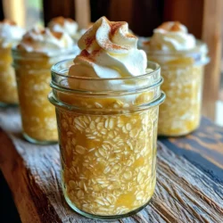 To make your Pumpkin Spice Latte Overnight Oats, you will need: - 1 cup rolled oats - 1 cup milk of choice (dairy or non-dairy) - 1/2 cup canned pumpkin puree - 1 tablespoon maple syrup (adjust for sweetness) - 1/2 teaspoon vanilla extract - 1 teaspoon pumpkin spice blend (or a mix of cinnamon, nutmeg, and ginger) - 1/2 teaspoon chia seeds (optional, for added texture) - Pinch of salt - Whipped cream or coconut whipped cream (for topping, optional) - Additional pumpkin spice for garnish You can easily swap some ingredients. Here are a few ideas: - Use rolled oats for quick oats if you prefer. - Any milk works here. Almond, soy, and oat milk are great options. - Instead of pumpkin puree, use apple sauce for a fruity twist. - Honey or agave can replace maple syrup for sweetness. - If you don't have pumpkin spice, mix equal parts cinnamon and nutmeg. Each ingredient brings unique benefits: - Rolled oats are high in fiber. They help you feel full and support digestion. - Pumpkin puree adds vitamins A and C, which are good for your skin and eyes. - Chia seeds (if you use them) are packed with omega-3 fatty acids. They support heart health. - Maple syrup provides natural sweetness along with minerals like manganese and zinc. These ingredients make your overnight oats tasty and healthy. Enjoy the flavors while feeling good about what you eat! Start by gathering your ingredients. You will need 1 cup of rolled oats, 1 cup of your favorite milk, and 1/2 cup of canned pumpkin puree. Also, have 1 tablespoon of maple syrup ready for sweetness. You will add 1/2 teaspoon of vanilla extract and 1 teaspoon of pumpkin spice blend. If you want, grab 1/2 teaspoon of chia seeds for texture and a pinch of salt. In a medium-sized bowl, mix the oats, milk, pumpkin puree, maple syrup, and vanilla extract. Stir these until they blend well. Next, add the pumpkin spice blend, chia seeds, and pinch of salt. Mix everything until you see no dry oats. Once mixed, it is time to divide the mixture. Use two glass jars or bowls. Pour the mixture evenly into each one. Seal the jars tightly or cover them with plastic wrap. This helps keep your oats fresh. Place the jars in the fridge for at least 4 hours, or better yet, overnight. This allows the oats to soak up the liquid and take on all the great pumpkin spice flavor. If you want to get fancy, you can layer the ingredients. Start by putting the oats at the bottom. Then, add a layer of pumpkin puree. This creates a lovely visual effect. You can repeat this until you fill the jars. Just make sure to leave some room at the top for the whipped cream. After soaking, stir the oats in the morning. If they seem thick, add a splash of milk for a creamier texture. Top with whipped cream and a sprinkle of pumpkin spice for a delightful finish. To get that creamy texture, start with rolled oats. They soak up liquid well. Use a mix of milk and pumpkin puree. These add richness. If you want it creamier, add a splash of milk before serving. Stir it well to blend everything nicely. You can also add chia seeds. They soak up liquid and give a nice texture. For a more robust flavor, consider adding espresso. Just a shot can boost the coffee taste. You can also try flavored syrups. Vanilla or caramel syrups can add sweetness and depth. Mix these in with your other ingredients. This will make your oats taste like a coffee shop treat. Make your overnight oats in batches. You can prepare several jars at once. This saves time in the morning. Use glass jars to store them. They are easy to grab and eat. You can even pack them for work or school. Just remember to keep them in the fridge. This way, they stay fresh and tasty for days. {{image_2}} You can mix things up with fun flavors. Try adding cocoa powder for chocolate oats. Just one tablespoon will give a rich taste. For a nutty twist, stir in peanut butter. A tablespoon will add creaminess and protein. You can even swap pumpkin for mashed banana for a fruity option. You can easily make this recipe vegan. Use almond milk or coconut milk instead of dairy milk. Also, make sure to check your maple syrup for any additives. If you want it gluten-free, just use certified gluten-free oats. These small changes keep the dish tasty and safe for all diets. You can get creative with your toppings. Add chopped nuts like walnuts or pecans for crunch. Dried fruits like cranberries or raisins add sweetness. Try a sprinkle of granola for texture. You can also drizzle some honey or more maple syrup on top. A dollop of whipped cream makes it feel special. Mix it up daily for a fun breakfast! To keep your pumpkin spice latte overnight oats fresh, use airtight containers. Glass jars work well, as they seal tightly and let you see the layers. Always allow the oats to cool down before sealing. This step helps prevent moisture build-up. Store your jars in the back of the fridge, where the temperature stays steady. This placement keeps your oats cool and safe. When stored properly, your overnight oats last about 3 to 5 days in the fridge. The oats absorb moisture over time, making them softer. If you notice the oats becoming too thick, add a splash of milk to loosen them up. Always check for any off smells or colors before enjoying them. Freshness is key for great taste! You can freeze your pumpkin spice latte overnight oats for longer storage. Use freezer-safe containers or jars, leaving space for expansion. Oats can last up to 3 months in the freezer. When ready to eat, thaw them in the fridge overnight. You can also microwave them for 1 to 2 minutes to enjoy them warm. Just stir well and add a splash of milk if needed. Yes, you can use any type of milk. Dairy milk, almond milk, or oat milk all work well. Each type adds a unique taste. Choose what you like best or what you have at home. If your oats are too thick, add more milk. You can mix in a little at a time. Stir well after each addition. This way, you can reach your desired texture without losing flavor. If you want an alternative to maple syrup, try honey or agave nectar. You can also use brown sugar for a richer flavor. Just adjust the amount to fit your taste. This blog post covered everything you need to know about overnight oats. We discussed key ingredients, substitutions, and their benefits. Then, we walked through detailed steps for perfect prep and storage. I shared tips for rich flavors and creamy textures. We explored various fun flavor twists and storage hacks. Finally, I answered common questions to help you get started with confidence. Now, you're ready to create tasty and easy overnight oats that fit your style! Enjoy experimenting with them for breakfast or snacks!