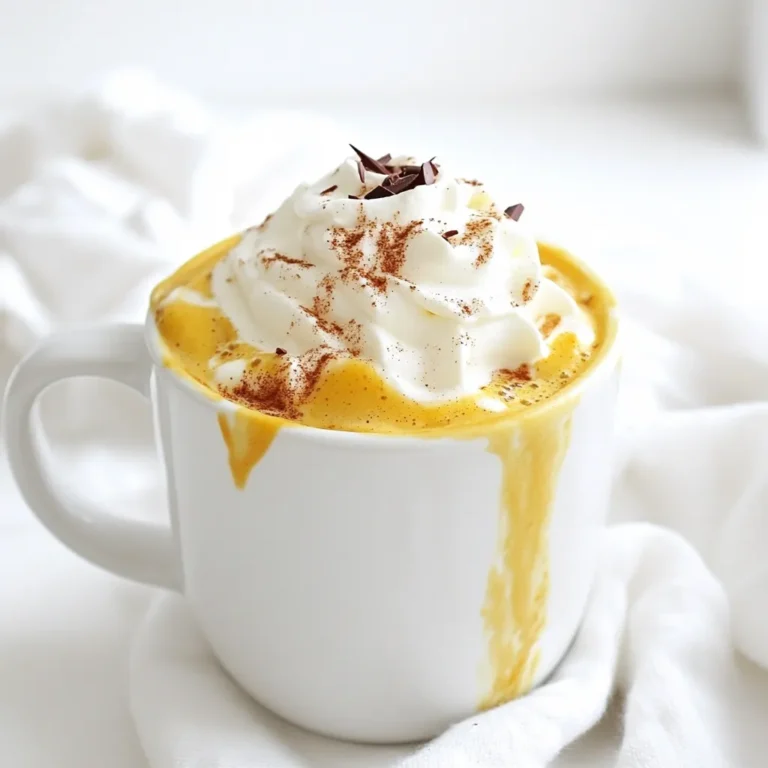 To make cozy pumpkin white hot chocolate, you need these simple items: - 2 cups milk (or plant-based milk) - 1 cup white chocolate chips - 1/2 cup pumpkin puree - 1 teaspoon vanilla extract - 1/2 teaspoon ground cinnamon - 1/4 teaspoon nutmeg - A pinch of salt - Whipped cream (for topping) - Ground cinnamon and chocolate shavings (for garnish) You can swap dairy milk for plant-based options. Almond, oat, or coconut milk work well. Each type adds a unique taste. Almond milk gives a nutty flavor. Oat milk adds creaminess. Coconut milk brings a tropical twist. Pick what you like best! Get creative with toppings! Whipped cream is a classic choice. You can also add: - A sprinkle of ground cinnamon - Chocolate shavings - Crushed graham crackers for a fun texture - A drizzle of caramel for extra sweetness These toppings make your drink look and taste special. Enjoy experimenting with your cozy pumpkin white hot chocolate! Start by pouring 2 cups of milk into a medium saucepan. You can use plant-based milk if you prefer. Heat the milk over medium heat. Watch closely; it should be warm but not boiling. Stir gently to keep it from sticking. Next, add 1 cup of white chocolate chips to the warm milk. Stir continuously until the chips melt completely. This step is key for a smooth drink. You want a creamy texture, not clumps of chocolate. Now, it’s time to add flavor. Stir in 1/2 cup of pumpkin puree. Add 1 teaspoon of vanilla extract, 1/2 teaspoon of ground cinnamon, and 1/4 teaspoon of nutmeg. Don’t forget a pinch of salt! Mix well and heat for about 3–5 minutes. The blend of spices makes this drink special. Once your cozy pumpkin white hot chocolate is hot, remove it from the heat. Let it cool for a minute. Pour into mugs and top generously with whipped cream. For a fun touch, sprinkle ground cinnamon and add chocolate shavings on top. Enjoy this warm treat! To make your cozy pumpkin white hot chocolate super creamy, use whole milk. Whole milk gives a rich taste. If you like plant-based options, choose oat milk or cashew milk. Both mimic the creaminess well. Heat the milk slowly, and avoid boiling it. This helps keep the texture smooth. Stir often as you melt the white chocolate. This ensures it blends well with the milk. To boost flavor, add a splash of maple syrup. It adds warmth and sweetness. You can also mix in a pinch of cloves or ginger for a spicy kick. For a richer taste, try a touch of caramel sauce. Drizzle it in before serving. If you want a chocolatey twist, use dark chocolate instead of white chocolate. One common mistake is overheating the milk. This can cause it to curdle. Always keep the heat low and stir constantly. Another mistake is not mixing the spices well. Make sure to blend the pumpkin puree and spices thoroughly. This avoids clumps and ensures even flavor. Lastly, skip the whipped cream, and you miss out on a fun topping! Always top with whipped cream and a sprinkle of cinnamon for the best experience. {{image_2}} You can easily make this cozy drink dairy-free. Just swap regular milk for plant-based milk. Almond, coconut, or oat milk works well. Use dairy-free white chocolate chips too. This way, everyone can enjoy the rich flavor without dairy. Want to spice things up? Try adding a splash of caramel syrup. It gives a sweet twist to the pumpkin flavor. You can also add a drop of peppermint extract for a minty fresh taste. Both options enhance the cozy vibes of this drink. This drink is not just for cold days. You can serve it cold or iced. To make it iced, prepare the hot chocolate and let it cool. Then pour it over ice. Top it with whipped cream and enjoy a refreshing treat. To store your cozy pumpkin white hot chocolate, let it cool first. Pour the drink into an airtight container. It’s best to use glass or plastic containers with tight lids. You can keep it in the fridge for up to three days. When stored properly, it will stay fresh and tasty. When you are ready to enjoy your drink again, pour the leftover hot chocolate into a saucepan. Heat it over low to medium heat. Stir it often to prevent it from sticking to the bottom. You can also use a microwave. Place it in a microwave-safe mug and heat for 30 seconds. Stir, then heat again if needed. This way, it will warm evenly. For the best taste, drink your pumpkin white hot chocolate right after making it. If you store it, keep it sealed tightly to avoid any strange smells from the fridge. Always check the smell and look before reheating. If it seems off, it’s better to toss it. Enjoy your creamy delight fresh for the best flavor! Yes, you can use regular chocolate, but it will change the flavor. White chocolate gives a sweet and creamy taste that blends well with pumpkin. If you use dark chocolate, your drink will be richer and less sweet. To reduce the sweetness, cut back on the white chocolate chips. You can use just half a cup instead of a full cup. You can also add more spices like cinnamon or nutmeg to enhance flavor without added sugar. Yes, you can make this drink ahead. Prepare it and let it cool, then store it in the fridge. When you want to drink it, just heat it gently on the stove. Stir well to mix everything again. If you don't have pumpkin puree, you can use sweet potato puree. You can also try butternut squash puree for a similar flavor. Both will make your drink creamy and tasty. This article outlined how to create a delicious drink with simple steps. We covered ingredients, cooking tips, and ways to customize your drink. You learned how to make it creamy and flavorful, plus easy storage tips for leftovers. Remember, experimenting with different flavors can lead to tasty surprises. Enjoy your beverage journey!