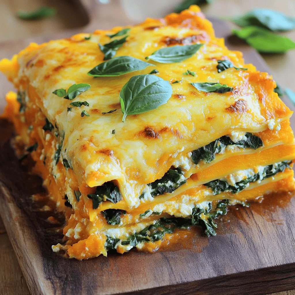 - 9 lasagna noodles - 2 cups butternut squash, peeled and cubed - 2 cups fresh spinach, roughly chopped - 1 cup ricotta cheese - 1 cup mozzarella cheese, shredded - 1/2 cup Parmesan cheese, grated - 1 tablespoon olive oil - 1 teaspoon garlic powder - 1 teaspoon onion powder - Salt and pepper to taste - 1 jar (about 24 oz) marinara sauce - Fresh basil leaves, for garnish - Serve slices on a wooden cutting board - Drizzle with olive oil and top with basil for a rustic look This recipe uses simple, fresh ingredients. The butternut squash adds a nice sweetness. Fresh spinach brings a healthy touch. Each cheese contributes to a rich flavor. I love how these layers create a creamy, cheesy delight. Cooking lasagna noodles You start by boiling water in a large pot. Add salt to the water. Place 9 lasagna noodles in the pot. Cook them according to the package instructions until they are al dente. This usually takes about 8 to 10 minutes. Once done, drain the noodles and set them aside. Sautéing butternut squash and spinach Next, heat 1 tablespoon of olive oil in a large skillet over medium heat. Add 2 cups of cubed butternut squash to the skillet. Sauté it for about 5 to 7 minutes. The squash should begin to soften. Then, stir in 2 cups of roughly chopped spinach. Cook for an additional 2 to 3 minutes until the spinach wilts. Season with 1 teaspoon of garlic powder, 1 teaspoon of onion powder, salt, and pepper to taste. Remove the skillet from heat and set the mixture aside. Layering the ingredients Grab a 9x13 inch baking dish. Start by spreading a thin layer of marinara sauce at the bottom. Lay down 3 lasagna noodles over the sauce. Next, add half of the butternut squash and spinach mixture on top of the noodles. Then, take a mixing bowl and combine 1 cup of ricotta cheese with half of 1 cup of shredded mozzarella and all of the 1/2 cup of grated Parmesan cheese. Mix well and spread half of this cheese mixture over the squash and spinach. Final assembly before baking Repeat the layering process. Add another 3 lasagna noodles, the remaining butternut squash and spinach, and the rest of the ricotta mixture. Finish by placing the last 3 noodles on top. Pour the remaining marinara sauce over the noodles. Finally, sprinkle the rest of the mozzarella cheese on top. Covering and baking the lasagna Preheat your oven to 375°F (190°C). Cover the baking dish with aluminum foil. Bake in the preheated oven for 25 minutes. Guidelines for achieving a bubbly and golden finish After 25 minutes, remove the foil. Continue baking for another 15 to 20 minutes. The cheese should be bubbly and golden brown. Once baked, allow the lasagna to cool for 10 minutes before slicing. Garnish with fresh basil leaves for a touch of color. - Cook lasagna noodles just until al dente. This keeps them firm. - Use a large pot with salted water. This enhances the noodles' flavor. - Sauté butternut squash until soft but not mushy. It should still hold shape. - Cook spinach just until wilted for the best texture and taste. - Cut the lasagna into even squares for a neat look. - Serve slices on a wooden cutting board. Drizzle with olive oil for flair. - Garnish each slice with fresh basil leaves. This adds color and aroma. - Pair with a light salad or garlic bread for a balanced meal. - Prep butternut squash and spinach a day ahead. Store them in the fridge. - Cook the noodles in advance and layer them with sauce. - You can freeze assembled lasagna before baking. Wrap it well to avoid freezer burn. - To reheat, thaw overnight in the fridge, then bake until hot. {{image_2}} You can switch up the cheeses to make your lasagna even better. Try using gouda or fontina for a richer flavor. If you want a twist, mix in some feta for a tangy kick. You can also use different vegetables. Swap butternut squash for zucchini or mushrooms. These changes keep the dish fresh and fun! For those who need gluten-free options, you can use corn or rice noodles. They work great in this recipe without losing taste. If you want a vegan version, replace ricotta with cashew cream or tofu. Use vegan cheese for the mozzarella and Parmesan. You can still enjoy all the cheesy goodness without dairy! Adding spices can elevate your lasagna. Consider using nutmeg or red pepper flakes for extra warmth. Fresh herbs like oregano or thyme add a nice touch. You can also pour a little pesto over layers for a burst of flavor. For a rich sauce, mix in some cream with your marinara. These tweaks make each bite a delight! To store leftovers, place the lasagna in an airtight container. This keeps it fresh for longer. Use glass or plastic containers that seal well. You can also cover the dish tightly with plastic wrap. It’s best to refrigerate the lasagna within two hours of cooking. To freeze lasagna, let it cool completely first. Cut it into serving sizes for easy thawing. Wrap each piece tightly in plastic wrap, then in aluminum foil. You can also freeze the whole dish. Just make sure it’s well covered. To thaw, place it in the fridge overnight. For reheating, bake it at 350°F (175°C) for about 30 minutes. Cover it with foil to prevent burning. In the fridge, lasagna will stay fresh for about 3 to 5 days. If you freeze it, it lasts for 2 to 3 months. Watch for signs of spoilage like a sour smell or mold. If it looks or smells off, throw it away. Enjoy your cheesy butternut squash spinach lasagna while it’s fresh! For this lasagna, I recommend using: - Ricotta cheese for creaminess - Mozzarella cheese for its meltiness - Parmesan cheese for a sharp finish These three cheeses create a rich and layered taste that blends well. Yes, you can prep this dish ahead. Follow these tips: - Assemble the lasagna and cover it tightly. - Store it in the fridge for up to 24 hours. - You can also freeze it before baking. Just thaw it overnight in the fridge, then bake as directed. To avoid a watery lasagna, follow these tips: - Use less marinara sauce or drain excess liquid. - Cook the butternut squash until slightly soft to reduce moisture. - Let the lasagna rest for 10 minutes before slicing. This helps the layers set, giving you a firmer texture. In this blog post, we explored how to craft a delicious lasagna using butternut squash and fresh spinach. We covered every step, from ingredients to baking tips and serving suggestions. Remember, the key is in the layers and cooking methods. Don't hesitate to experiment with different cheeses and veggies. With these tips, you can impress friends and family with a tasty meal. Enjoy your cooking and the smiles it brings!