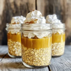 - 1 cup rolled oats - 1 cup almond milk (or milk of choice) - 1/2 cup pumpkin puree - 2 tablespoons maple syrup These ingredients form the base of your pumpkin spice latte overnight oats. The rolled oats give texture and fiber. Almond milk keeps it light and creamy. Pumpkin puree adds flavor and nutrition. Maple syrup sweetens it just right. - 1 teaspoon pumpkin spice (or a blend of cinnamon, nutmeg, and ginger) - 1/2 teaspoon vanilla extract - A pinch of salt Here, the pumpkin spice brings warmth and comfort. You can use a mix of cinnamon, nutmeg, and ginger if you like. Vanilla extract adds depth while the salt balances all the flavors. - Whipped cream - Chopped nuts - Chocolate shavings - Additional pumpkin spice Toppings let you make the oats your own. Whipped cream gives a creamy finish. Chopped nuts add crunch. Chocolate shavings bring a sweet twist. A sprinkle of pumpkin spice on top boosts the fall vibe. This combination of ingredients makes pumpkin spice latte overnight oats a delightful start to your day. Start by combining the rolled oats and almond milk in a mixing bowl. Next, add the pumpkin puree, maple syrup, pumpkin spice, vanilla extract, chia seeds, and a pinch of salt. Stir well until everything mixes together. You want to make sure the oats soak up all the flavors. Now, divide the mixture evenly into two jars or containers. Make sure each jar has a lid. Seal the jars tightly and store them in the refrigerator. Let them chill overnight or for at least four hours. This soaking time helps the oats become creamy and delicious. In the morning, take out your jars and give the oats a good stir. If the oats feel too thick, add a splash of almond milk until you reach the right consistency. Now comes the fun part! You can top your oats with whipped cream, chopped nuts, chocolate shavings, or another sprinkle of pumpkin spice. Enjoy your tasty breakfast! To make your overnight oats just right, focus on consistency. You want the oats creamy, not too thick or runny. If the mix is thick, add a splash of almond milk before you eat. For sweetness, adjust the maple syrup to your taste. If you like it sweeter, add more syrup. If you prefer less sugar, cut back. Serve your oats in clear containers. This lets you show off the layers of color and texture. It makes the dish look more inviting. You can garnish with a sprinkle of cinnamon or a dollop of whipped cream. Chopped nuts or chocolate shavings also add a nice touch. Oats are great for your health. They provide fiber, which helps digestion. Pumpkin is packed with vitamins and antioxidants. It can boost your immune system. Chia seeds are tiny but mighty. They offer omega-3 fatty acids, fiber, and protein. Together, these ingredients make a nutritious breakfast that fuels your day. {{image_2}} You can easily make this recipe dairy-free. Almond milk works great, but you can use any alternative milk. Try oat milk, coconut milk, or soy milk for a different taste. For sweeteners, maple syrup is perfect. You can swap it for agave nectar or date syrup. Both options are vegan and add a unique flavor. Want a chocolate twist? Add a spoonful of cocoa powder to the oats. This makes the dish rich and indulgent. You can also mix in spices like cardamom or nutmeg. These spices add depth and warmth to your oats, making them even more delicious. Fall is the best time for this recipe, but you can mix it up with seasonal fruits. Add sliced bananas or diced apples for a fresh bite. For the holidays, sprinkle in some cranberries or pecans. These add a festive touch and enhance the flavor. You can even change the toppings to fit the season! Store your overnight oats in glass jars or airtight containers. These keep the oats fresh and make it easy to grab and go. In the fridge, they last for up to five days. If you want to prepare a few days in advance, this works well. You can freeze your overnight oats if you want to save some for later. First, let the oats cool completely. Then, scoop them into freezer-safe containers or bags. Make sure to leave some space for expansion. To thaw, move the oats to the fridge overnight. You can reheat them in the microwave or on the stove. Just add a splash of almond milk to help them warm up. If you have leftovers, get creative! You can mix them into smoothies for a quick breakfast. Another option is to bake them into muffins or pancakes. These recipes add flavor and nutrition to your meals. Try blending the oats into your favorite baked goods for a tasty twist. Pumpkin Spice Latte Overnight Oats can last up to five days in the fridge. For the best taste, store them in a sealed container. Keep them cold to maintain freshness. If you notice any changes in smell or texture, it's best to discard the oats. Yes, you can add protein powder. It boosts the nutrition of your meal. I recommend using vanilla or plain protein powder. Start with one scoop, then stir it well into the mixture. This will keep the flavor balanced and creamy. You can use instant oats, but the texture will change. Rolled oats are thicker and chewier. Instant oats cook faster and become mushy. If you prefer a creamier mix, instant oats could work. Just remember they may not hold their shape as well. In this post, we covered how to make tasty Pumpkin Spice Latte Overnight Oats. We explored key ingredients like rolled oats and pumpkin puree. The steps made preparation easy, showing how to mix and chill your oats. We also shared tips for perfecting texture and sweetening to your taste. Variations let you customize this dish based on personal preferences and seasons. Remember, these oats store well in the fridge and even freeze nicely. Enjoy a delicious, healthy breakfast anytime with this simple, flexible recipe!
